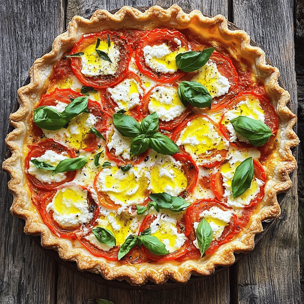 - 2 cups fresh ripe tomatoes, sliced - 1 cup mozzarella cheese, shredded - 1 cup ricotta cheese - 1/2 cup grated Parmesan cheese - 1/4 cup fresh basil, chopped - 1 garlic clove, minced - 1 teaspoon dried oregano - 1 teaspoon salt - 1/2 teaspoon black pepper - 1 pre-made pie crust (store-bought or homemade) - 2 tablespoons olive oil For this savory tomato pie, fresh ingredients make a big difference. Use ripe tomatoes for the best flavor. The mozzarella and ricotta cheeses create a creamy base. The Parmesan adds a nice salty touch. Fresh basil gives a bright and fragrant note, while garlic adds depth. When you choose your spices, consider their quality. Fresh herbs always win over dried ones. The olive oil helps everything blend and adds richness. The pre-made pie crust saves time, but feel free to make your own if you prefer. This dish combines all these flavors in a way that feels special yet easy to prepare. For the complete recipe, check out the Full Recipe section. Happy cooking! - Preheat your oven to 375°F (190°C). - Prepare the pie crust in a 9-inch pie dish. - Combine the ricotta, mozzarella, Parmesan, basil, garlic, oregano, salt, and pepper. - Layer half the tomatoes at the bottom of the pie crust. - Spread all of the cheese mixture evenly on top. - Top with the remaining tomatoes and sprinkle the rest of the mozzarella. - Drizzle with olive oil for added flavor. - Bake for 30-35 minutes until golden brown and bubbly. - Let it cool for 10 minutes before slicing. This pie is easy to make and packs a big flavor punch. You can follow the Full Recipe for detailed steps and tips to enhance your dish! - Look for fresh, ripe tomatoes for maximum flavor. - I love using heirloom or beefsteak tomatoes. Their taste is rich and sweet. - Inspect the skin; it should be smooth and bright. - Smell them! Fresh tomatoes have a lovely, earthy aroma. - Add caramelized onions for a sweet, rich taste. - Fresh herbs like thyme or rosemary can boost flavor. - Try a mix of cheeses! Blend mozzarella with feta for a tangy twist. - A hint of smoked paprika can add depth and warmth. - Serve it warm, garnished with fresh basil. It looks and tastes great! - Drizzle balsamic glaze around the pie for a beautiful finish. - Use a colorful plate to really make your pie stand out. - Slice it into wedges for easy serving at parties or dinners. For the full recipe, check out the instructions above and enjoy making this dish! {{image_2}} You can easily make this savory tomato pie more veggie-friendly. Consider adding spinach or other seasonal vegetables to boost flavor and nutrition. If you want a dairy-free version, simply replace cheese with vegan alternatives. This keeps the dish creamy and delicious without any dairy. Want to spice things up a bit? Add cooked bacon or sausage for a meaty twist. These flavors blend well with the tomatoes and cheese. You can also incorporate different herbs like thyme and rosemary for added depth. These herbs bring out the natural sweetness in the tomatoes. If you're looking for a gluten-free option, use a cauliflower crust. It adds a nice flavor and is lighter than traditional crusts. Another fun twist is to try a savory biscuit topping instead of pie crust. This gives you a unique texture and a comforting taste. Each variation lets you enjoy savory tomato pie in new ways. Feel free to mix and match to find your favorite! - Store any leftovers in an airtight container. - It can last in the fridge for 3-4 days. Keeping your savory tomato pie fresh is easy. Just remember to seal it well. This way, you can enjoy it again without losing flavor. - Wrap tightly and freeze for up to 2 months. - Thaw overnight in the refrigerator before reheating. Freezing works great if you want to save some pie for later. Just make sure it’s wrapped well to avoid freezer burn. Thawing overnight helps keep the texture nice. - Warm in the oven at 350°F (175°C) for best results. - Microwave for a quick reheat option, though crust may lose crispiness. For the best taste, I suggest reheating in the oven. It brings back that lovely crisp crust. If you're in a rush, the microwave works, but the crust may not be as good. Check out the Full Recipe to create your own savory tomato pie and enjoy! To make a flaky pie crust, start with cold ingredients. Use: - 1 1/4 cups all-purpose flour - 1/2 cup unsalted butter, chilled and diced - 1/4 teaspoon salt - 2-4 tablespoons ice water 1. In a bowl, mix flour and salt. 2. Cut in butter until it looks like crumbs. 3. Add ice water, one tablespoon at a time, until the dough holds together. 4. Shape into a disk, wrap in plastic, and chill for 30 minutes. 5. Roll out on a floured surface until it fits your pie dish. This crust is tasty and easy, perfect for Savory Tomato Pie. Yes, you can use canned tomatoes. They are convenient and save time. Here are some pros and cons: Pros: - Canned tomatoes are often picked at peak ripeness. - They are available year-round, so you can make this dish anytime. - They are already cooked, which can save cooking time. Cons: - Canned tomatoes can be softer, which may change the texture. - They might have added salt or preservatives, which can affect flavor. If using canned tomatoes, drain them well to avoid a soggy pie. Yes, you can prepare Savory Tomato Pie ahead of time. Here’s how: 1. Prepare the pie: Assemble the pie as directed. 2. Storage: Cover it tightly with plastic wrap and refrigerate. 3. Baking: You can bake it later. Just add 5-10 extra minutes to the baking time. Making it ahead of time can help you enjoy a stress-free dinner. This blog post covered a tasty tomato pie recipe, including essential ingredients and step-by-step instructions. You learned about adding spices, variations, and storage tips. Remember to choose fresh ingredients for the best flavor. Don't shy away from experimenting with additions or substitutes to make the dish your own. Enjoy cooking and sharing this pie with others!