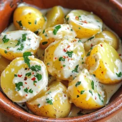 - 1.5 pounds baby potatoes, halved - 4 tablespoons unsalted butter - 4 cloves garlic, minced - 1 cup heavy cream - 1/2 cup grated Parmesan cheese Baby potatoes are small and tender. They cook fast and hold flavor well. I love using unsalted butter for a rich base. Garlic adds a strong, tasty punch. Heavy cream makes the sauce smooth and rich. Parmesan cheese brings a salty, nutty flavor that ties everything together. - Salt and pepper - 1 tablespoon fresh parsley, chopped - Optional: a pinch of red pepper flakes for heat Seasoning is key to a great dish. Salt and pepper enhance all the flavors. Fresh parsley adds a pop of color and freshness. If you like a bit of heat, add red pepper flakes. They give a little kick to the creamy garlic sauce. For the Full Recipe, check out the detailed steps to bring these ingredients together. First, you need to clean the baby potatoes. Rinse them well under cold water. Look for dirt and grime. After washing, cut each potato in half. This helps them cook faster and soak up the sauce. Next, put the halved potatoes in a large pot. Fill it with salted water and bring it to a boil. Let them boil for about 15 to 20 minutes. You want them to be fork-tender. To check, poke one with a fork. If it goes in easily, they are ready. Once done, drain the potatoes and set them aside. Now, let’s make the sauce. In a large skillet, melt the unsalted butter over medium heat. Once it melts, add the minced garlic. Sauté for about 1 to 2 minutes. You want the garlic to be fragrant but not brown. After that, lower the heat. Pour in the heavy cream slowly while stirring. This keeps the sauce smooth. Gradually add the grated Parmesan cheese. Stir until it melts completely. The sauce should be thick and creamy now. It’s time to bring everything together. Add the cooked potatoes to the skillet. Gently fold them into the creamy garlic sauce. Make sure each potato is well-coated. Now, add salt and pepper to taste. If you like a bit of heat, sprinkle in a pinch of red pepper flakes. Let the mixture heat on low for about 5 minutes. Stir occasionally to mix the flavors well. For those looking for the complete process, check out the Full Recipe. How to Avoid Burnt Garlic To keep garlic from burning, cook it on low heat. High heat makes garlic brown too fast. I suggest adding garlic after melting the butter. Stir it for just one to two minutes. You want it fragrant, not dark. If it burns, the sauce will taste bitter. Achieving the Right Creaminess The key to a creamy sauce is the heavy cream. Pour it in slowly and stir. Adding Parmesan cheese helps too. It melts and thickens the sauce. For extra creaminess, try adding a bit more cream. Just watch the heat to keep it smooth. Best Methods for Boiling Potatoes Start with cold water when boiling potatoes. This helps them cook evenly. Salt the water to enhance flavor. Boil the potatoes until fork-tender, about 15-20 minutes. Drain them well to avoid a watery sauce. Choosing the Right Potato Varieties Baby potatoes are perfect for this dish. They are creamy and tender. You can use red or yellow varieties. They hold their shape well and taste great with garlic sauce. Avoid starchy potatoes like russets; they can become too mushy. For the full recipe, check out the [Full Recipe]. {{image_2}} You can make creamy garlic sauce potatoes even better by adding fresh herbs. Thyme and rosemary add depth to the dish. Just chop a small amount and stir it into the sauce. You can also incorporate other vegetables. Try adding spinach or broccoli for color and nutrition. These veggies blend well with the creamy sauce and add a nice crunch. If you want to mix things up, consider using milk or sour cream. Milk creates a lighter sauce, while sour cream adds tang. Both options keep the dish creamy and rich. For those avoiding dairy, there are great dairy-free substitutes. Use almond milk or coconut cream for a creamy texture. These alternatives work well and keep the flavors intact. For the full recipe, check out the detailed instructions! To keep your creamy garlic sauce potatoes fresh, follow these tips: - Refrigeration Tips: Allow the potatoes to cool down. Place them in an airtight container. They can last about three to five days in the fridge. If you plan to eat them later, do not mix in the sauce. Store the sauce separately to keep flavors fresh. - Freezing Creamy Garlic Sauce Potatoes: You can freeze these potatoes, but the texture may change. Let them cool completely before freezing. Use a freezer-safe container or bag. They can last up to three months in the freezer. When ready to eat, thaw in the fridge overnight. For the best taste and texture when reheating, use these methods: - Best Methods to Reheat Without Drying Out: The oven or stovetop works best. If using the oven, preheat it to 350°F (175°C). Place the potatoes in a baking dish, cover with foil, and heat for about 15-20 minutes. Stir halfway through to keep them moist. If using the stovetop, place the potatoes in a skillet over low heat. Add a splash of cream or water to prevent drying. Stir gently until heated through. Enjoy your creamy garlic sauce potatoes just as they were made! Creamy garlic sauce potatoes can last about 3 to 5 days in the fridge. To store them, place the potatoes in an airtight container. This keeps them fresh and tasty. If you want to keep them longer, consider freezing them. However, the texture may change slightly after thawing. Yes, you can make creamy garlic sauce potatoes ahead of time. Prepare the dish as per the recipe and let it cool before storing it in the fridge. When ready to serve, reheat it gently on the stove. Add a splash of cream to keep it creamy and smooth. Creamy garlic sauce potatoes pair well with many dishes. Try serving them with grilled chicken, a fresh salad, or roasted vegetables. They also go well with steak or fish. For a complete meal, add a nice crusty bread to soak up the sauce. For the full recipe, check out the Creamy Garlic Sauce Potatoes section above. You will find all the ingredients and steps needed to create this delightful dish. This blog post covered a delicious recipe for creamy garlic sauce potatoes. We discussed key ingredients like baby potatoes, butter, and garlic, and how to make a rich sauce. I provided tips for cooking and storing these tasty potatoes. As you try this recipe, don't hesitate to customize it with your favorite herbs or veggies. Enjoy every creamy bite, and share it with friends for a delightful meal together!