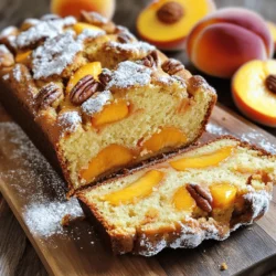 To make Southern Peach Bread, you need these simple ingredients: - 2 cups all-purpose flour - 1 teaspoon baking soda - 1/2 teaspoon baking powder - 1/2 teaspoon salt - 1 teaspoon ground cinnamon - 1/2 teaspoon ground nutmeg - 1/2 cup unsalted butter, softened - 1 cup brown sugar, packed - 2 large eggs - 1 teaspoon vanilla extract - 1 cup ripe peaches, peeled and diced (fresh or canned) - 1/2 cup chopped pecans (optional) - 1/4 cup buttermilk - 1/4 cup granulated sugar (for topping) If you run out of an ingredient, don’t worry! Here are some easy swaps: - Use whole wheat flour instead of all-purpose for a healthier twist. - Coconut oil can replace unsalted butter for a dairy-free option. - Swap brown sugar with white sugar if you don’t have it. - Applesauce can stand in for buttermilk; just use 1/4 cup. - Pecans can be replaced with walnuts or omitted entirely. Choosing the right peaches makes a big difference. Here’s how to pick the best ones: - Look for peaches that are firm but slightly soft. - Choose peaches with a bright, vibrant color. - The skin should be smooth and free from blemishes. - Smell the peach; it should have a sweet, fragrant aroma. - If you can, buy local peaches in season for the best flavor. Using fresh peaches elevates your Southern Peach Bread, making it truly special. For the complete recipe, check out the Full Recipe. 1. Preheat your oven to 350°F (175°C). This helps the bread rise just right. 2. Grease and flour a 9x5-inch loaf pan. This keeps the bread from sticking. 3. In a medium bowl, whisk together the flour, baking soda, baking powder, salt, cinnamon, and nutmeg. Set this mix aside. 4. In a large bowl, cream the softened butter and brown sugar until fluffy. This step adds air to the mix. 5. Beat in the eggs one at a time. Then add the vanilla extract. Mix until well combined. 6. Gradually add the dry mix to the wet mix. Stir gently until just combined. Do not overmix. 7. Fold in the diced peaches and chopped pecans if you like. This adds great texture. 8. Pour in the buttermilk and stir until everything is well mixed. The buttermilk keeps the bread moist. 1. Transfer the batter to the prepared loaf pan. Smooth the top with a spatula. 2. Sprinkle granulated sugar on top for a sweet crust. This adds a nice crunch. 3. Bake in the oven for 55-60 minutes. A toothpick should come out clean when done. 4. Keep an eye on it. If the top browns too fast, cover it with foil. 1. Cool the bread in the pan for about 10 minutes. This makes it easier to handle. 2. Transfer to a wire rack and let it cool completely. This keeps the bread from getting soggy. 3. Slice the bread and serve warm or at room temp. Garnish with fresh peach slices or powdered sugar. 4. Enjoy this Southern peach bread as a snack or with your morning coffee. To keep your peach bread moist, follow these tips: - Use ripe, juicy peaches. They add natural moisture. - Don’t overmix the batter. Mix just until combined. - Add buttermilk for extra moisture. It makes the texture light. - Let the bread cool in the pan briefly. This helps it stay moist. Here are mistakes to watch out for: - Skipping the flour sifting. This can lead to a dense loaf. - Using cold butter. Softened butter mixes better and adds air. - Overbaking the bread. Keep an eye on the time. - Forgetting to grease the pan. This can cause sticking. Spices can elevate your peach bread. Here’s how: - Add more cinnamon for warmth. It pairs well with peaches. - Include a pinch of nutmeg. It adds depth to the flavor. - Try a splash of vanilla extract. It enhances sweetness. - Consider ginger for a zesty twist. It brings a nice kick. You can find the full recipe to create this delightful bread. Enjoy your baking! {{image_2}} You can use many fruits instead of peaches. Try ripe bananas for a sweet twist. Apples add a crisp bite. Blueberries offer a burst of juicy flavor. Each fruit gives a new taste to your bread. Just remember to adjust the sugar based on the fruit's sweetness. For example, bananas are sweeter than peaches. This way, you keep the bread moist and tasty. To make this bread gluten-free, swap all-purpose flour with a gluten-free mix. Many brands work well for baking. Look for a blend with xanthan gum to help the bread rise. You can also use almond flour for a nutty flavor. This adds a nice richness to the bread. The texture may change slightly, but it will still be delicious! Want to make a vegan version? Replace the butter with coconut oil or vegan butter. Instead of eggs, use flax eggs. Just mix one tablespoon of ground flaxseed with three tablespoons of water. Let it sit for five minutes to thicken. You can also use almond milk instead of buttermilk. These simple swaps keep the bread moist and flavorful. Enjoy your plant-based delight! For the full recipe, check out the Sweet Southern Peach Bread above. To keep your peach bread fresh, wrap it tightly in plastic wrap. You can also place it in an airtight container. Store it at room temperature for up to three days. If you live in a warm area, refrigerate it to prevent mold. This bread stays moist and tasty when stored properly. If you want to save peach bread for later, freezing works great. After it cools completely, slice the bread. Wrap each slice in plastic wrap, then place them in a freezer bag. Make sure to remove as much air as possible. You can freeze peach bread for up to three months. When you want to enjoy it, simply thaw it in the fridge overnight. Reheating peach bread is simple. For a warm slice, use a microwave. Heat it for about 15-20 seconds. If you prefer it crispy, place it in the oven. Preheat the oven to 350°F (175°C) and bake for about 10 minutes. This method keeps the crust nice and crunchy. Enjoy your peach bread warm for the best flavor! Yes, you can use canned peaches. Just make sure they are in juice, not syrup. Drain and chop them before mixing into your batter. Canned peaches work well, but fresh ones have a better flavor and texture. If you have fresh peaches, I always recommend using them for the best taste. They add a nice sweetness and moisture to the bread. Check the bread at 55 minutes. Insert a toothpick into the center. If it comes out clean, the bread is ready. If there is batter on the toothpick, bake for a few more minutes. The top should be golden brown and feel firm to the touch. Letting it cool slightly in the pan helps it set better. Southern Peach Bread pairs well with a few things. Try it warm with butter for a classic taste. You can also serve it with whipped cream or ice cream for a sweet treat. A dollop of yogurt adds a nice tang and creaminess. For drinks, enjoy it with a cup of coffee or tea. Each bite is a delight! In this post, we covered how to make tasty peach bread. We listed the key ingredients and suggested some easy substitutions. You learned the best ways to prepare, bake, and serve your bread. We shared tips for keeping it moist and common mistakes to avoid. You also discovered fun variations and how to store leftovers. Try making this peach bread your own and enjoy each bite. Getting creative can make your baking even more fun!