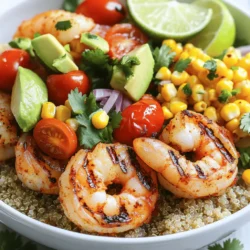 To make a delicious grilled shrimp bowl with avocado and corn salsa, you need fresh, simple ingredients. Here’s what you'll need: - 1 lb large shrimp, peeled and deveined - 2 tablespoons olive oil - 2 teaspoons garlic powder - 1 teaspoon smoked paprika - 1 teaspoon cumin - Salt and pepper to taste - 1 cup cooked quinoa or brown rice - 1 ripe avocado, diced - 1 cup cherry tomatoes, halved - 1 cup corn (fresh, frozen, or canned) - 1/4 cup red onion, finely chopped - 1 jalapeño, seeded and minced - Juice of 1 lime - Fresh cilantro, for garnish These ingredients come together to create a feast for the eyes and palate. Each item brings its own unique flavor, making your bowl both tasty and vibrant. You can mix it up even more with optional ingredients. Add extra spices for marinating if you like some heat. If you want to switch it up, consider substitutes for avocado or corn. You can also drizzle on dressings or sauces to enhance the flavor even more. For more details, check the Full Recipe to guide you in making this delightful dish. To start, mix your marinade. In a bowl, combine 2 tablespoons of olive oil, 2 teaspoons of garlic powder, 1 teaspoon of smoked paprika, and 1 teaspoon of cumin. Add salt and pepper to taste. Toss in 1 pound of large shrimp, peeled and deveined. Make sure each shrimp gets coated well. Let it marinate for at least 15 minutes. This step adds bold flavor. Next, grab another bowl for the salsa. Mix together 1 ripe avocado, diced, and 1 cup of halved cherry tomatoes. Add 1 cup of corn, which can be fresh, frozen, or canned. Toss in 1/4 cup of finely chopped red onion and 1 minced jalapeño. Squeeze the juice of 1 lime over the mix. Gently combine everything and season with salt to taste. For the best taste, fresh corn is always a winner, but canned works too. Now, it's time to grill. Preheat your grill or grill pan over medium-high heat. Once it's hot, place the marinated shrimp on the grill. Cook for 2-3 minutes on each side. You know they’re done when they turn opaque. This method keeps them juicy and tasty. To put everything together, start with a base. In serving bowls, layer 1 cup of cooked quinoa or brown rice. Next, add the grilled shrimp. Spoon a generous amount of your corn salsa on top. For an eye-catching finish, garnish with fresh cilantro and a lime wedge on the side. This adds a splash of color and flavor. Enjoy the bright flavors and lovely presentation of this dish. You can find the Full Recipe for more detailed instructions. To grill shrimp well, you need some good tools. A grill pan or outdoor grill works best. Use skewers or a grilling basket for easy handling. This keeps shrimp from falling through the grates. To avoid overcooking shrimp, keep an eye on the time. Grill shrimp for just 2-3 minutes on each side. They cook fast and turn pink when done. If they curl too tightly, they are likely overcooked. For a fun twist, you can change up the salsa. Try adding mango or pineapple for a sweet touch. You can also use different herbs like mint or basil for a fresh taste. If you like it hot, add more jalapeño or even a dash of hot sauce. To balance flavors, mix in a pinch of sugar. This can help round out the taste and enhance sweetness, especially if your corn is not sweet enough. When serving, choose vibrant bowls to make your dish stand out. Start with a layer of quinoa or rice, then add the shrimp. Spoon the colorful salsa on top for a great look. Garnish with fresh cilantro for a pop of color. A lime wedge on the side adds extra flair and flavor. This makes your grilled shrimp bowl not just tasty but also beautiful. {{image_2}} If you want to switch things up, you can easily replace shrimp with chicken or tofu. Both options work great on the grill. For chicken, use boneless, skinless thighs or breasts. Marinate them just like the shrimp. Grill for about 6-8 minutes on each side. If you choose tofu, use firm or extra-firm tofu. Cut it into cubes or slices, marinate, and grill for about 3-4 minutes on each side. This gives you a tasty alternative that still packs a punch. Choosing the right grain can change the whole bowl. Brown rice and quinoa are both excellent choices. Brown rice has a nutty flavor and is high in fiber. Quinoa is lighter and packed with protein. If you're looking for a low-carb option, try cauliflower rice. It cooks up quickly and adds a nice texture to the dish. Each option offers different health benefits while keeping the bowl satisfying. To keep things exciting, mix up the herbs and spices you use. Adding fresh cilantro or parsley can brighten the dish. If you like heat, consider adding cayenne or a dash of hot sauce. You can also create a zesty sauce with Greek yogurt and lime juice. Drizzle it over the bowl for an added kick. These changes keep your grilled shrimp bowl fresh and flavorful. To store leftovers, first let the shrimp bowl cool down. Place the shrimp and corn salsa in separate airtight containers. This keeps the shrimp tender and the salsa fresh. You can refrigerate them for up to three days. When reheating shrimp, do it gently. Use a skillet over low heat to keep them tender. Avoid the microwave, as it can make shrimp rubbery. For the salsa, heat it briefly on low to keep its fresh taste. Stir often to prevent burning. Yes, you can freeze grilled shrimp. Place them in a single layer on a baking sheet. Freeze for an hour, then transfer to a freezer bag. This method prevents clumping. For salsa, blend the ingredients and put them in a freezer-safe container. This way, you can enjoy it later! Grill shrimp for about 2 to 3 minutes on each side. You want them to turn pink and opaque. This quick cook time keeps shrimp tender and juicy. Overcooking shrimp makes them rubbery, so watch closely! Yes, you can prep some parts ahead. Marinate the shrimp a few hours in advance for better flavor. You can also make the corn salsa ahead. Just keep it in the fridge. Adding diced avocado right before serving keeps it fresh and green. Side dishes that pair well include: - A light salad - Grilled veggies - Fresh bread - Cold drinks like lemonade or iced tea These options add balance and freshness to your meal. Absolutely! You can make multiple servings and store them. Use airtight containers to keep everything fresh. Layer quinoa or rice, grilled shrimp, and salsa in each container. This makes for easy lunches or dinners throughout the week. You can find the Full Recipe with all the steps and ingredients in this article. Enjoy making your Grilled Shrimp Bowl with Avocado and Corn Salsa! You can now make a delicious shrimp bowl using simple ingredients and steps. We discussed marinating shrimp, preparing a fresh corn salsa, and grilling methods to keep shrimp tender. Remember, you can switch proteins or grains based on your taste. Don't forget to store your leftovers correctly for future meals. Cooking can be fun and easy, and I hope you feel inspired to try this recipe. Enjoy your shrimp bowl creation and get creative with variations!