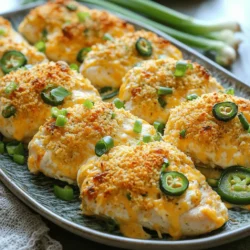 For my Jalapeño Popper Chicken Bake, you will need: - 4 boneless, skinless chicken breasts - 1 cup cream cheese, softened - 1 cup shredded cheddar cheese - 1/2 cup grated Parmesan cheese - 1/2 cup jalapeños, diced (fresh or pickled) - 1/4 cup green onions, chopped - 1 teaspoon garlic powder - 1 teaspoon onion powder - Salt and pepper to taste - 1 cup panko breadcrumbs - 2 tablespoons olive oil These ingredients combine to create a delicious and creamy dish that bursts with flavor. If you have dietary needs, you can make easy swaps: - Chicken: Use turkey breasts for a lighter option. - Cream Cheese: Choose dairy-free cream cheese for a vegan dish. - Cheddar Cheese: Replace with a vegan cheese if needed. - Panko Breadcrumbs: Try gluten-free breadcrumbs to keep it safe for gluten-free diets. - Jalapeños: If you want less heat, use bell peppers instead. These substitutions keep your dish tasty while meeting your needs. To get the best flavor, I suggest these brands: - Cream Cheese: Philadelphia for a smooth texture. - Cheddar Cheese: Tillamook for rich, sharp flavor. - Parmesan Cheese: Kraft Grated Parmesan for convenience. - Panko Breadcrumbs: Kikkoman for extra crunch. - Olive Oil: California Olive Ranch for high-quality taste. Using these brands can enhance your Jalapeño Popper Chicken Bake and make it truly stand out. To start, you need to preheat your oven. Set it to 375°F (190°C). While it warms up, lightly grease your baking dish. This keeps the chicken from sticking. Next, take your chicken breasts. You want to make a pocket in each one. Use a sharp knife and cut a slit on the side. Be careful! Don’t cut all the way through. The pocket will hold the tasty filling. Now, grab a mixing bowl. In this bowl, combine the softened cream cheese, shredded cheddar cheese, and grated Parmesan cheese. Then, add the diced jalapeños and chopped green onions. Sprinkle in the garlic powder, onion powder, salt, and pepper. Mix all these ingredients well. You want a smooth and creamy texture. This cheesy mix will add flavor to your chicken. It's time to stuff the chicken! Take the cheese mixture and fill each pocket you made. Pack it in well for maximum flavor. In another bowl, mix the panko breadcrumbs with olive oil, salt, and pepper. Make sure the crumbs are coated evenly. Now, sprinkle this breadcrumb mix over the stuffed chicken breasts. Place the baking dish in the oven. Bake for 30-35 minutes. The chicken should be cooked through, and the breadcrumbs will turn golden and crispy. Once done, let the dish cool for a few minutes, then slice and serve. For an extra touch, garnish with sliced jalapeños and green onions. You can also add a drizzle of ranch dressing on the side. Don’t forget to check out the Full Recipe for more tips and details! To ensure you cook the chicken just right, use a meat thermometer. The internal temperature should reach 165°F (74°C). This keeps the chicken juicy and safe to eat. If you don’t have a thermometer, you can cut into the thickest part. The meat should be white with no pink. Cooking time may vary based on the size of your chicken breasts. Thin pieces will cook faster than thicker ones. You can boost the dish's flavor by adding a few extras. Try mixing in some cooked bacon bits for a smoky taste. Fresh herbs like cilantro or parsley add a nice touch, too. If you want more heat, add extra jalapeños or a dash of hot sauce. You can also swap the cheddar with pepper jack cheese for a spicy kick. These small changes can make a big difference in taste. Don’t rush the prep. Mixing the cheese and spices well makes the filling flavorful. Avoid overstuffing the chicken; too much filling can make it hard to cook evenly. Ensure you grease the baking dish to prevent sticking. Lastly, let the dish cool for a few minutes before cutting. This helps the juices redistribute, making each bite more tasty. Follow these tips, and your Jalapeno Popper Chicken Bake will turn out great! For the full recipe, check out the ingredients and step-by-step instructions. {{image_2}} You can amp up the heat with a spicy twist. Use extra jalapeños or add some diced serrano peppers. These peppers bring more flavor and heat. If you want a smoky taste, add some chipotle powder. This spice gives a nice kick and depth to the dish. Just mix it into your cheese blend. Your taste buds will thank you for this fiery upgrade! If you follow a low-carb or keto diet, I have some great tips for you. Swap the panko breadcrumbs for crushed pork rinds or almond flour. Both options keep the crunch while cutting carbs. You can also use cream cheese alternatives if you want a lighter option. This keeps your dish rich and creamy without the extra carbs. For a vegetarian version, skip the chicken and use stuffed bell peppers instead. Bell peppers work well with the creamy cheese mix. Just slice them in half, stuff them, and bake as you would the chicken. You can also use zucchini boats. They add a nice twist and keep the dish fresh. Top with your favorite cheese for a tasty finish. For the complete cooking details, check the Full Recipe. After enjoying your Jalapeno Popper Chicken Bake, you'll likely have some leftovers. Store them in an airtight container. Keep the dish in the fridge for up to three days. This helps keep the chicken moist and the flavors fresh. To reheat your chicken bake, preheat your oven to 350°F (175°C). Place the leftovers in an oven-safe dish. Cover with foil to prevent dryness. Heat for about 15-20 minutes, or until warm. You can also use the microwave for a quick option. Just heat in short bursts for one to two minutes. Make sure to check the temperature to keep it safe. If you want to save your chicken bake for later, freezing is a great option. Allow the dish to cool completely. Then, wrap it tightly in plastic wrap and place it in a freezer-safe bag or container. It can last up to three months in the freezer. When you’re ready to eat, thaw it in the fridge overnight and reheat as mentioned above. This makes weeknight dinners a breeze! You can tell the chicken is done by checking its internal temperature. Use a meat thermometer. It should read 165°F (74°C). The juices should run clear, not pink. This means the chicken is safe to eat. I always check in the thickest part of the breast. Yes, you can use frozen chicken, but it will take longer to cook. Thaw the chicken first for best results. To thaw, leave it in the fridge overnight. If you use frozen chicken, bake it for an extra 10-15 minutes. Always check the internal temperature to ensure it's cooked. This dish pairs well with many sides. Here are a few ideas: - Rice: A side of fluffy white or brown rice complements the chicken. - Salad: A fresh green salad adds a nice crunch. - Corn on the cob: Sweet corn works great with this dish. - Mashed potatoes: Creamy mashed potatoes balance the spicy flavors. For more ideas, check out the Full Recipe for serving suggestions! This post covered all you need for a great Jalapeno Popper Chicken Bake. We explored ingredients, step-by-step instructions, and helpful tips. You learned about variations and storage options too. Remember, cooking should be fun and flexible. Try new things and make it your own. With practice, you'll create a delicious dish every time. Enjoy your cooking adventure!
