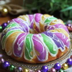 To make a great King Cake, you need some key ingredients. Here’s what you will need: - 4 cups all-purpose flour - 1/2 cup granulated sugar - 1 packet (2 1/4 tsp) active dry yeast - 1 cup warm milk (about 110°F) - 1/2 cup unsalted butter, softened - 3 large eggs - 1/2 teaspoon salt - 1 tablespoon ground cinnamon - 1/4 cup brown sugar - 1 teaspoon vanilla extract - 1 tablespoon lemon zest - 1/2 cup cream cheese, softened - 1 cup powdered sugar - 2 tablespoons milk (for icing) - Colored sugar (purple, green, and gold) for decoration These ingredients work together to create a soft, sweet dough. The cream cheese filling adds a rich taste that everyone loves. You can make your King Cake unique by adding a few optional ingredients. Here are some ideas: - Chopped pecans or walnuts for crunch - Dried fruits like raisins or cranberries for sweetness - Orange zest instead of lemon for a citrus twist - Different extracts like almond or coconut for flavor These options can enhance your cake and make it special for your family and friends. Using fresh ingredients is key for a great King Cake. Here are some tips to help you choose: - Flour: Check the date on the bag to ensure it’s fresh. - Yeast: Make sure it’s active by checking the expiration date. - Butter: Use unsalted butter for better control over salt levels. - Eggs: Look for eggs that are clean and uncracked. - Milk: Choose whole or 2% milk for a richer taste. Fresh ingredients will give your King Cake the best flavor and texture. Enjoy the process, and happy baking! Start by making the yeast mixture. In a small bowl, combine warm milk, 1 tablespoon of sugar, and the yeast. Wait 5 to 10 minutes until the mixture becomes frothy. This step wakes up the yeast. Active yeast is key for a light, fluffy cake. Next, mix the dry ingredients. In a large bowl, whisk together flour, remaining sugar, and salt. Make a well in the center. Add the yeast mixture, softened butter, eggs, vanilla extract, and lemon zest. Mix until everything is combined. Then, knead the dough on a floured surface for 8 to 10 minutes. This helps develop the gluten, giving the cake its structure. After kneading, place the dough in a greased bowl. Cover it with a clean cloth and let it rise in a warm spot for about 1 to 1.5 hours. Once it doubles in size, punch it down. Roll it out into a rectangle about 1/4-inch thick. Spread cream cheese over the dough and sprinkle with the cinnamon-sugar mix. Roll the dough tightly from the long side to form a log. Pinch the edges to seal and shape it into a ring. Place it on a greased baking sheet. Cover the ring with a cloth. Let it rise again for 30 to 45 minutes. Preheat your oven to 350°F (175°C). Bake the cake for 25 to 30 minutes or until golden brown. Cool it on a wire rack. For the icing, whisk powdered sugar and milk until smooth. Drizzle it over the cooled cake and sprinkle with colored sugars. You can hide a small figurine or bean inside for fun! For the full recipe, check out the complete guide. When making king cake, avoid these common mistakes: - Skipping the yeast proofing: Always let the yeast foam before mixing. This step ensures the dough rises well. - Over-kneading the dough: Knead just until smooth. Too much kneading can make the cake tough. - Not measuring ingredients accurately: Use measuring cups and spoons. This helps maintain the right balance in flavors. Here are some best practices to make your king cake shine: - Use room temperature ingredients: Let butter and eggs sit out for a bit. This helps the dough mix better. - Create a warm rising environment: A warm spot helps the dough rise faster. Try using your oven with the light on. - Monitor bake time closely: Every oven is different. Check the cake a few minutes before the timer goes off. To take your king cake to the next level, consider these tips: - Add zest for brightness: Lemon or orange zest adds a fresh note. It brightens the sweet flavors. - Use flavored cream cheese: Try using cinnamon or vanilla cream cheese in the filling. This adds depth to the taste. - Experiment with spices: Add nutmeg or allspice for a warm flavor. These spices create a cozy, aromatic cake. For more ideas, check the full recipe. Enjoy creating your delicious homemade king cake! {{image_2}} You can get creative with the filling in your King Cake. The classic option is a sweet cream cheese filling, but you can try others too. Here are some fun ideas: - Fruit Preserves: Use raspberry or strawberry for a fruity twist. - Chocolate Spread: A rich chocolate filling adds a decadent touch. - Nut Butter: Almond or peanut butter can give your cake a nutty flavor. - Dulce de Leche: This caramel-like spread brings sweetness and creaminess. Mix and match these options to find your favorite! The icing on your King Cake can also be unique. While the standard icing is simple, you can try these alternatives: - Cream Cheese Frosting: This adds a richer flavor and creaminess. - Lemon Glaze: A zesty lemon frosting brightens the cake. - Maple Icing: Use maple syrup for a warm, sweet option. - Chocolate Drizzle: A chocolate topping can appeal to chocolate lovers. Experiment with these frostings for a personal touch. You can still enjoy King Cake if you have dietary needs. Here are some ideas to make it vegan or gluten-free: - Vegan Version: Use plant-based milk and replace eggs with flax eggs or applesauce. Use vegan butter for a rich texture. - Gluten-Free Version: Substitute all-purpose flour with a gluten-free flour blend. Make sure your baking powder is gluten-free. These options keep the joy of King Cake alive for everyone! For detailed recipes, check the Full Recipe. To keep your king cake fresh, wrap it well. Use plastic wrap or foil. Store it at room temperature for up to three days. If you want to keep it longer, consider refrigeration. In the fridge, it can last for about a week. Just be aware that refrigeration can change its texture a bit. If you have leftovers, I recommend reheating slices. Preheat your oven to 350°F (175°C). Place the slices on a baking sheet. Cover them with foil to maintain moisture. Heat for about 10-15 minutes. This will bring back the warm, soft texture. Freezing is a great option for king cake. After it cools completely, wrap it tightly in plastic wrap. Then, place it in a freezer bag. It can stay frozen for up to three months. When you are ready to eat, let it thaw in the fridge overnight. For a quick reheat, warm it in the oven as mentioned before. Enjoy the fresh taste anytime! King Cake has roots in ancient traditions. It started in France and became popular in New Orleans. People made it to celebrate Epiphany, marking the visit of the Three Wise Men. The cake is often enjoyed during Mardi Gras. It has bright colors and a hidden surprise inside. This fun treat brings joy and togetherness during festive times. Yes, you can make King Cake ahead of time. Prepare the dough and fill it with cream cheese. Once you shape the cake, wrap it tightly in plastic wrap. Keep it in the fridge overnight. Before serving, let it rise and bake it fresh. This way, you can enjoy a warm cake without much fuss. The figurine in King Cake symbolizes good luck. Traditionally, the person who finds the figurine hosts the next party. Some use a small bean instead of a figurine. This adds an element of surprise and fun to the cake. It also keeps the spirit of celebration alive. In this post, we explored how to make homemade King Cake. We covered key ingredients, step-by-step instructions, and tips for avoiding mistakes. We also discussed variations, storage, and answered common questions about this festive treat. Bringing together these elements can help you create an amazing King Cake. Remember, practice makes perfect, so do not hesitate to try different flavors and styles. Enjoy your baking and celebrating!