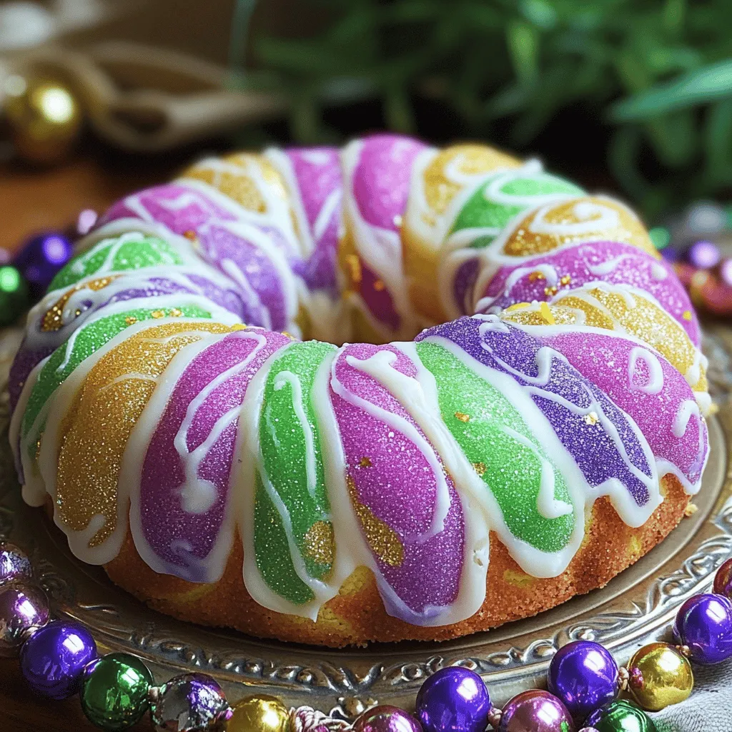 To make a great King Cake, you need some key ingredients. Here’s what you will need: - 4 cups all-purpose flour - 1/2 cup granulated sugar - 1 packet (2 1/4 tsp) active dry yeast - 1 cup warm milk (about 110°F) - 1/2 cup unsalted butter, softened - 3 large eggs - 1/2 teaspoon salt - 1 tablespoon ground cinnamon - 1/4 cup brown sugar - 1 teaspoon vanilla extract - 1 tablespoon lemon zest - 1/2 cup cream cheese, softened - 1 cup powdered sugar - 2 tablespoons milk (for icing) - Colored sugar (purple, green, and gold) for decoration These ingredients work together to create a soft, sweet dough. The cream cheese filling adds a rich taste that everyone loves. You can make your King Cake unique by adding a few optional ingredients. Here are some ideas: - Chopped pecans or walnuts for crunch - Dried fruits like raisins or cranberries for sweetness - Orange zest instead of lemon for a citrus twist - Different extracts like almond or coconut for flavor These options can enhance your cake and make it special for your family and friends. Using fresh ingredients is key for a great King Cake. Here are some tips to help you choose: - Flour: Check the date on the bag to ensure it’s fresh. - Yeast: Make sure it’s active by checking the expiration date. - Butter: Use unsalted butter for better control over salt levels. - Eggs: Look for eggs that are clean and uncracked. - Milk: Choose whole or 2% milk for a richer taste. Fresh ingredients will give your King Cake the best flavor and texture. Enjoy the process, and happy baking! Start by making the yeast mixture. In a small bowl, combine warm milk, 1 tablespoon of sugar, and the yeast. Wait 5 to 10 minutes until the mixture becomes frothy. This step wakes up the yeast. Active yeast is key for a light, fluffy cake. Next, mix the dry ingredients. In a large bowl, whisk together flour, remaining sugar, and salt. Make a well in the center. Add the yeast mixture, softened butter, eggs, vanilla extract, and lemon zest. Mix until everything is combined. Then, knead the dough on a floured surface for 8 to 10 minutes. This helps develop the gluten, giving the cake its structure. After kneading, place the dough in a greased bowl. Cover it with a clean cloth and let it rise in a warm spot for about 1 to 1.5 hours. Once it doubles in size, punch it down. Roll it out into a rectangle about 1/4-inch thick. Spread cream cheese over the dough and sprinkle with the cinnamon-sugar mix. Roll the dough tightly from the long side to form a log. Pinch the edges to seal and shape it into a ring. Place it on a greased baking sheet. Cover the ring with a cloth. Let it rise again for 30 to 45 minutes. Preheat your oven to 350°F (175°C). Bake the cake for 25 to 30 minutes or until golden brown. Cool it on a wire rack. For the icing, whisk powdered sugar and milk until smooth. Drizzle it over the cooled cake and sprinkle with colored sugars. You can hide a small figurine or bean inside for fun! For the full recipe, check out the complete guide. When making king cake, avoid these common mistakes: - Skipping the yeast proofing: Always let the yeast foam before mixing. This step ensures the dough rises well. - Over-kneading the dough: Knead just until smooth. Too much kneading can make the cake tough. - Not measuring ingredients accurately: Use measuring cups and spoons. This helps maintain the right balance in flavors. Here are some best practices to make your king cake shine: - Use room temperature ingredients: Let butter and eggs sit out for a bit. This helps the dough mix better. - Create a warm rising environment: A warm spot helps the dough rise faster. Try using your oven with the light on. - Monitor bake time closely: Every oven is different. Check the cake a few minutes before the timer goes off. To take your king cake to the next level, consider these tips: - Add zest for brightness: Lemon or orange zest adds a fresh note. It brightens the sweet flavors. - Use flavored cream cheese: Try using cinnamon or vanilla cream cheese in the filling. This adds depth to the taste. - Experiment with spices: Add nutmeg or allspice for a warm flavor. These spices create a cozy, aromatic cake. For more ideas, check the full recipe. Enjoy creating your delicious homemade king cake! {{image_2}} You can get creative with the filling in your King Cake. The classic option is a sweet cream cheese filling, but you can try others too. Here are some fun ideas: - Fruit Preserves: Use raspberry or strawberry for a fruity twist. - Chocolate Spread: A rich chocolate filling adds a decadent touch. - Nut Butter: Almond or peanut butter can give your cake a nutty flavor. - Dulce de Leche: This caramel-like spread brings sweetness and creaminess. Mix and match these options to find your favorite! The icing on your King Cake can also be unique. While the standard icing is simple, you can try these alternatives: - Cream Cheese Frosting: This adds a richer flavor and creaminess. - Lemon Glaze: A zesty lemon frosting brightens the cake. - Maple Icing: Use maple syrup for a warm, sweet option. - Chocolate Drizzle: A chocolate topping can appeal to chocolate lovers. Experiment with these frostings for a personal touch. You can still enjoy King Cake if you have dietary needs. Here are some ideas to make it vegan or gluten-free: - Vegan Version: Use plant-based milk and replace eggs with flax eggs or applesauce. Use vegan butter for a rich texture. - Gluten-Free Version: Substitute all-purpose flour with a gluten-free flour blend. Make sure your baking powder is gluten-free. These options keep the joy of King Cake alive for everyone! For detailed recipes, check the Full Recipe. To keep your king cake fresh, wrap it well. Use plastic wrap or foil. Store it at room temperature for up to three days. If you want to keep it longer, consider refrigeration. In the fridge, it can last for about a week. Just be aware that refrigeration can change its texture a bit. If you have leftovers, I recommend reheating slices. Preheat your oven to 350°F (175°C). Place the slices on a baking sheet. Cover them with foil to maintain moisture. Heat for about 10-15 minutes. This will bring back the warm, soft texture. Freezing is a great option for king cake. After it cools completely, wrap it tightly in plastic wrap. Then, place it in a freezer bag. It can stay frozen for up to three months. When you are ready to eat, let it thaw in the fridge overnight. For a quick reheat, warm it in the oven as mentioned before. Enjoy the fresh taste anytime! King Cake has roots in ancient traditions. It started in France and became popular in New Orleans. People made it to celebrate Epiphany, marking the visit of the Three Wise Men. The cake is often enjoyed during Mardi Gras. It has bright colors and a hidden surprise inside. This fun treat brings joy and togetherness during festive times. Yes, you can make King Cake ahead of time. Prepare the dough and fill it with cream cheese. Once you shape the cake, wrap it tightly in plastic wrap. Keep it in the fridge overnight. Before serving, let it rise and bake it fresh. This way, you can enjoy a warm cake without much fuss. The figurine in King Cake symbolizes good luck. Traditionally, the person who finds the figurine hosts the next party. Some use a small bean instead of a figurine. This adds an element of surprise and fun to the cake. It also keeps the spirit of celebration alive. In this post, we explored how to make homemade King Cake. We covered key ingredients, step-by-step instructions, and tips for avoiding mistakes. We also discussed variations, storage, and answered common questions about this festive treat. Bringing together these elements can help you create an amazing King Cake. Remember, practice makes perfect, so do not hesitate to try different flavors and styles. Enjoy your baking and celebrating!