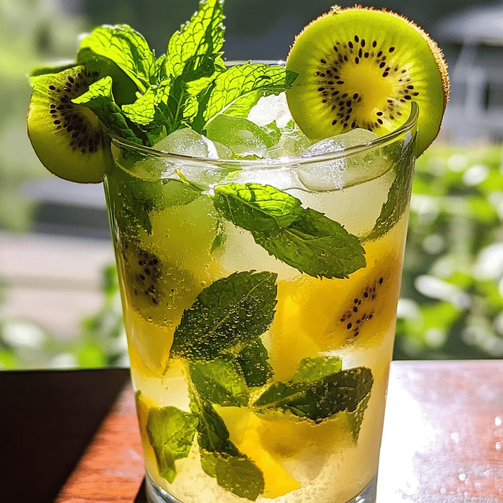 - 2 ripe kiwis, peeled and chopped - 10 fresh mint leaves - 1 tablespoon honey (or to taste) - 1 tablespoon lime juice - Sparkling water - Ice cubes - Extra mint sprigs and kiwi slices for garnish The Kiwi Mint Mojito Mocktail is all about fresh, vibrant flavors. The key ingredients bring a fun twist to your drink. Ripe kiwis give this mocktail a sweet and tangy base. The mint leaves add a refreshing touch. You can easily find these at your local market. I use honey for sweetness, but you can adjust it to your taste. Lime juice gives a zesty kick, balancing the sweetness of the kiwi and honey. Sparkling water adds a fizzy element that makes this drink lively. Don’t forget the ice cubes to keep it chilled. The extra mint sprigs and kiwi slices serve as a gorgeous garnish, enhancing the drink's look. - Fresh lemon juice - Flavored sparkling water options - Sweeteners alternatives like agave syrup You can customize your mocktail with optional add-ins. A splash of fresh lemon juice boosts the citrus flavor. Flavored sparkling water can add fun twists like berry or lime. If you prefer sweeteners, try agave syrup. It blends well and gives a mild sweetness. These options let you create a drink just right for you. Check out the Full Recipe for more details! First, gather all your ingredients and tools. You need: - 2 ripe kiwis, peeled and chopped - 10 fresh mint leaves - 1 tablespoon honey (or to taste) - 1 tablespoon lime juice - Sparkling water - Ice cubes - Extra mint sprigs and kiwi slices for garnish Next, prepare your glassware. A sturdy glass or cocktail shaker works best. Step 1: Muddling kiwi and mint Start by adding the chopped kiwis and mint leaves to your glass. Use a muddler or the back of a spoon to gently mash them. This step releases the sweet juices and refreshing mint aroma. Step 2: Mixing in honey and lime juice Now, add the honey and lime juice to the glass. Muddle again to mix all the flavors. This makes the drink sweet and tart. Step 3: Filling with ice and sparkling water Fill your glass with ice cubes to the brim. Pour sparkling water over the ice until the glass is full. This adds fizz and makes the drink refreshing. Step 4: Stirring and garnishing Gently stir the drink to mix the kiwi-mint base with the sparkling water. Taste it and adjust sweetness if needed. Add more honey for extra sweetness. Finally, garnish with mint sprigs and kiwi slices on the rim. For a detailed guide, check the Full Recipe. Muddling is key to making a great Kiwi Mint Mojito Mocktail. To get the best flavor, press gently on the kiwi and mint. You want to release the juices without shredding the mint leaves. If you don’t have a muddler, you can use the back of a spoon. This works well to break down the fruit and herbs. Everyone has different tastes when it comes to sweetness. If you prefer a sweeter drink, add more honey. Start with one tablespoon, then taste. You can always add more! If you want a sugar-free option, try using agave syrup or a sugar substitute. These will keep your drink sweet without extra calories. A beautiful drink looks more inviting. For garnishing, use extra mint sprigs and kiwi slices. Place them on the rim of the glass for a pop of color. When serving, consider using clear glasses. This way, the vibrant green drink shines. It makes a great presentation for parties or gatherings. {{image_2}} You can easily mix up the Kiwi Mint Mojito Mocktail by adding different fruits. - Berry Kiwi Mint Mojito Mocktail: Add a handful of fresh berries like strawberries or blueberries. The berries add sweetness and a pop of color. Muddle them with the kiwis and mint for a fun twist. - Citrus Kiwi Mojito Mocktail: Use orange or grapefruit juice along with lime juice. This gives a bright and zesty flavor that makes your drink refreshing and tangy. You can change your Kiwi Mint Mojito Mocktail to fit the seasons. - Summer-themed mocktail: In summer, toss in extra fruits like watermelon or peach. This adds a fresh burst of flavor and makes it feel like a summer party. - Winter twist with spices: In winter, try adding a pinch of cinnamon or nutmeg. These spices warm the drink and create a cozy vibe. Don't be afraid to swap ingredients to fit your taste. - Substituting mint with basil: If you can’t find mint, use fresh basil. It has a sweet, herbal flavor that works well with the kiwi. - Using other fruits: You can also use pineapple or mango instead of kiwi. These fruits bring their own sweetness and tropical vibe to the drink. Explore these variations to keep your Kiwi Mint Mojito Mocktail exciting and fresh. Check out the Full Recipe for the basic version! You can prepare the kiwi mint base ahead of time. Start by mashing the kiwis and mint leaves as per the recipe. Then, store this mixture in an airtight container. Keep it in the fridge for up to two days. This way, you save time when making the mocktail. To maintain freshness, avoid adding sparkling water until just before serving. This keeps the fizz nice and bubbly. If you have leftover mocktail, store it in a clean, airtight container. I recommend using glass jars or bottles. These keep the flavors intact. Place it in the fridge and use it within 24 hours for the best taste. If you notice any changes in color or smell, it’s best to discard it. You can freeze extra kiwi and mint for later. Chop the kiwis and rinse the mint leaves. Spread them on a baking sheet and freeze until solid. Then transfer to a freezer bag. This way, you can have fresh flavors ready for future drinks. When you want to use them, thaw in the fridge overnight. Avoid using hot water, as it can change the taste. A mocktail is a non-alcoholic drink that mimics cocktails. It combines flavors, colors, and garnishes like a cocktail but leaves out the alcohol. Mocktails are great for everyone. They are fun and refreshing. You can enjoy them at parties or just while relaxing at home. Yes, you can make this mocktail ahead of time. Start by preparing the kiwi and mint base. Muddle the kiwis and mint together, then mix in the honey and lime juice. Store this base in the fridge for up to a day. When you are ready to serve, add ice and top with sparkling water. This keeps the drink fresh and bubbly. Kiwi is rich in vitamins C and K. It supports your immune system and helps digestion. Mint adds flavor without extra calories. It may also aid digestion and freshen your breath. Together, they make this mocktail not just tasty but also healthy. To change the drink's acidity, adjust the lime juice. If you want a sweeter drink, reduce the lime juice. You can also add a bit more honey to balance it out. For a more tart flavor, add extra lime juice. Just taste as you go to find your perfect balance. In this blog post, we explored how to create a refreshing kiwi mint mocktail. You learned about the key ingredients, detailed steps to prepare it, and tips for customizing flavors. We also shared variations for different seasons and occasions. This drink is easy to make and perfect for any gathering. With your creativity, you can adjust the flavors to suit your taste. Enjoy mixing and sipping your new favorite mocktail!