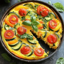 - 6 large eggs - 1 cup milk - 1 bell pepper (red or yellow), diced - 1 small zucchini, sliced - 1 cup baby spinach, chopped - 1/2 cup cherry tomatoes, halved - 1/2 cup onion, finely chopped - 1/2 cup shredded cheddar cheese - 1 tablespoon olive oil - Salt and pepper to taste - Fresh basil or parsley for garnish (optional) When choosing your vegetables, pick fresh ones. Fresh veggies add flavor and color. The eggs should be large and at room temperature. This helps them mix better. I like to use whole milk. It makes the frittata creamy. You can adjust seasonings based on your taste. Always use salt and pepper to bring out flavors. You can swap out the bell pepper for mushrooms or broccoli. Zucchini can be replaced with eggplant or asparagus. If you don't have spinach, try kale or Swiss chard. For cheese, feta or goat cheese work well too. Use almond or soy milk for a dairy-free option. This frittata is flexible, so feel free to get creative! For the full recipe, check out the section above. Start by whisking together the eggs and milk in a large bowl. Use six large eggs and one cup of milk. Mix until smooth. Add a pinch of salt and pepper for flavor. This simple mixture forms the base of your frittata. Next, heat one tablespoon of olive oil in an oven-safe skillet over medium heat. Add half a cup of finely chopped onions and one diced bell pepper. Cook for about three to four minutes, until soft. Then, stir in one small sliced zucchini and half a cup of halved cherry tomatoes. Cook for another two to three minutes. Lastly, add one cup of chopped baby spinach and cook until it wilts, just about one minute. This mix adds color and taste to your frittata. Now, pour the egg mixture over the cooked vegetables in the skillet. Make sure it covers everything well. Sprinkle half a cup of shredded cheddar cheese on top for extra flavor. Cook on the stovetop for two to three minutes until the edges start to set. Then, transfer the skillet to your preheated oven at 375°F. Bake for 15 to 20 minutes, until the frittata is puffed and the eggs are set in the middle. Once done, let it cool for a few minutes. Slice it into wedges and enjoy this colorful veggie frittata! For the full recipe, check out the complete guide. To make your frittata really shine, focus on the egg mixture. Whisk the eggs and milk well. This step adds air and lightness. I like to use a mix of eggs and milk for a creamier texture. When you add salt and pepper, do it lightly. You can always add more later. The veggies should be soft but not mushy. Sauté them just enough to bring out their flavor. I often use a bit of olive oil to help with this. Choose a mix of veggies for color and taste. My favorites are bell peppers, zucchini, and spinach. Timing is key for a perfect frittata. You’ll know it’s done when the edges are set and the center looks firm. It should puff up nicely in the oven. A good test is to gently shake the skillet. If it jiggles a bit but holds shape, it's ready. Let it cool for a few minutes before slicing. This helps it set even more. If you want to be sure, you can use a toothpick. Insert it into the center, and if it comes out clean, your frittata is done. Serving your frittata can be fun! Slice it into wedges for easy sharing. I like to garnish with fresh herbs like basil or parsley. They add a nice touch and some color. Pair it with a simple salad or crusty bread. This adds crunch and texture. You can also serve it warm or at room temperature. It’s great for brunch or even a light dinner. For more ideas, check out the Full Recipe! {{image_2}} You can change the veggies in your frittata to fit your taste. Try using broccoli, mushrooms, or asparagus. Each vegetable adds a new flavor. For a kick, add jalapeños or spicy peppers. You can even add leftover cooked vegetables from your fridge. This makes it easy to use what you have on hand. Cheese can change the taste of your frittata. If you want a lighter option, try feta or goat cheese. For a creamier texture, use ricotta. You could also skip cheese altogether for a dairy-free meal. Nutritional yeast is a great choice if you want a cheesy flavor without dairy. Spices can take your frittata to the next level. You can use dried herbs like oregano, thyme, or rosemary. Fresh herbs work great too—basil and parsley add a bright flavor. For a bolder taste, try adding smoked paprika or chili powder. Experiment with seasonings to find your perfect mix. Using these variations, you can make a new dish each time. This recipe stays fresh and fun with each change. For the full recipe, check out the Colorful Veggie Frittata section. To store leftover frittata, first let it cool to room temperature. Then, slice it into wedges for easy serving. Place the slices in an airtight container. This keeps your frittata fresh for up to three days in the fridge. Make sure to label the container with the date so you can track its freshness. Reheating the frittata is simple. You can use the oven or the microwave. For the oven, preheat it to 350°F (175°C). Place the frittata on a baking sheet and heat for about 10 minutes. For the microwave, place a slice on a plate and cover it with a damp paper towel. Heat it in 30-second bursts until warm. This method keeps the frittata moist and tasty. If you want to freeze frittata, slice it first. Wrap each slice tightly in plastic wrap. Then, place the wrapped slices in a freezer bag. Make sure to remove as much air as possible. Frozen frittata can last up to three months. When you're ready to eat, thaw it in the fridge overnight before reheating. For a quick meal, you can also reheat from frozen. Just add a few extra minutes to the oven or microwave time. Yes, you can make a frittata in advance. Prepare it, let it cool, and store it in the fridge. It stays good for about three days. You can eat it cold or heat it up. Just slice the frittata and enjoy it for breakfast or lunch. The best vegetables for frittatas are those that cook well. I love using: - Bell peppers - Zucchini - Spinach - Cherry tomatoes - Onions You can mix and match. Use what you have on hand. Just remember to cut them small for even cooking. No, a frittata is not the same as an omelet. An omelet cooks quickly and folds over filling. A frittata cooks slowly and is baked. It has more eggs and fillings mixed in. This makes it thicker and great for sharing. Enjoy the easy way to serve a crowd! For the full recipe, check out the Colorful Veggie Frittata. In this post, we covered how to make a delicious frittata. We looked at key ingredients, their alternatives, and step-by-step instructions. Tips for texture and flavor, along with serving suggestions, will help you enjoy your dish. You also learned about variations and storing leftovers. Frittatas are easy and fun to make. With a bit of practice, you'll create your own perfect frittata. Enjoy experimenting with different flavors and ingredients. Happy cooking!