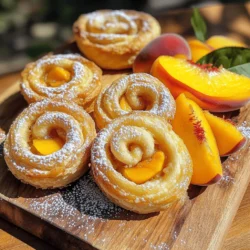 - 2 cups all-purpose flour - 1/2 cup granulated sugar - 1 tablespoon baking powder - 1/2 teaspoon salt - 1/2 cup unsalted butter, melted - 3/4 cup milk - 1 teaspoon vanilla extract - 2 large peaches, peeled and diced - 1 teaspoon ground cinnamon - 1/4 teaspoon nutmeg - 1 tablespoon lemon juice - 1 egg (for egg wash) - Powdered sugar for dusting Gathering the right ingredients is key to making Peach Pie Cruffins. The flour gives the cruffins structure, while sugar adds sweetness. Baking powder helps them rise, creating a fluffy texture. Salt enhances the flavors, and butter adds richness. You need fresh peaches for the best taste. The diced fruit brings natural sweetness and juicy goodness. Cinnamon and nutmeg provide warm spice notes, balancing the sweetness of peaches. Lemon juice brightens the flavors and keeps the peaches fresh. For the egg wash, one egg brushed on top gives a lovely golden color. Lastly, powdered sugar sprinkled on top adds a sweet touch that makes them look beautiful. With all these ingredients ready, you're all set to create a delicious batch of Peach Pie Cruffins. For the full recipe, check the main section above. 1. First, you need to preheat your oven to 375°F (190°C). Grease a standard muffin tin to prevent sticking. 2. In a large bowl, mix the dry ingredients: 2 cups of all-purpose flour, 1/2 cup of granulated sugar, 1 tablespoon of baking powder, and 1/2 teaspoon of salt. Whisk these together until they blend well. 3. In another bowl, combine the wet ingredients. Mix 1/2 cup of melted unsalted butter, 3/4 cup of milk, and 1 teaspoon of vanilla extract. Stir this mixture well. 1. Now, gently fold in the diced peaches. You will need 2 large peaches, peeled and diced. Add 1 teaspoon of ground cinnamon, 1/4 teaspoon of nutmeg, and 1 tablespoon of lemon juice. Be careful not to overmix; some lumps are just fine! 2. On a clean surface, roll out your dough to about 1/2 inch thick. Cut the dough into strips that are about 2 inches wide. 3. Next, shape the cruffins. Take each strip and fold it into thirds, like a letter. Then, roll it up to create a spiral. Place each rolled dough into your prepared muffin tin. 1. To get a nice golden finish, beat 1 egg and brush a thin layer over the top of each cruffin. This is called an egg wash. 2. Bake your cruffins in the preheated oven for 20-25 minutes, until they turn golden brown. 3. After baking, allow them to cool slightly. Remove the cruffins from the tin and dust them with powdered sugar before serving. To make these Peach Pie Cruffins, follow the full recipe for best results! To make the best Peach Pie Cruffins, you must avoid overmixing. This keeps the dough light and airy. Mix until just combined. Some lumps in the dough are okay! When cutting your dough strips, use a sharp knife for clean edges. Aim for even strips, about 2 inches wide, to ensure even baking. If you live at a high altitude, your oven temperature may need a small change. Try reducing the heat by 25°F to help your cruffins bake evenly. To know when they are done, look for a golden brown color. A toothpick should come out clean when inserted into the center. Serve your Peach Pie Cruffins warm for the best taste. You can dust them with powdered sugar for a sweet touch. Pair them with fresh peach slices or a scoop of vanilla ice cream. A cup of coffee or a glass of iced tea makes a great drink choice to enjoy with them. For a fun twist, try serving with a drizzle of caramel sauce! {{image_2}} You can easily change the flavors of your Peach Pie Cruffins. Instead of peaches, try apples, berries, or cherries. Each fruit gives a fresh twist. You can also play with spices. Swap cinnamon for cardamom or ginger for a warm kick. If you want a different sweetness, use honey or maple syrup instead of sugar. For a unique texture, try almond flour or coconut flour. These swaps help you personalize your cruffins to your taste. Making Peach Pie Cruffins for special diets is simple. For gluten-free options, use a blend of gluten-free flour. This keeps the cruffins light and fluffy. If you follow a vegan diet, replace the butter with coconut oil. Use almond milk or oat milk in place of regular milk. For the egg wash, a brush of almond milk works great. These changes keep the flavor while fitting various diets. Seasonal fruits can inspire new cruffin recipes. In summer, use ripe strawberries or juicy plums. In fall, add diced apples with a hint of nutmeg. This makes each season a reason to bake cruffins. You can also create holiday-themed cruffins. Add a pinch of nutmeg for cozy flavors in winter. For a festive touch, sprinkle some cinnamon sugar on top. These variations keep your baking exciting all year long. To keep your Peach Pie Cruffins fresh, store them in an airtight container. This helps them stay soft and tasty. For short-term storage, place them at room temperature for up to two days. If you want to keep them longer, store them in the fridge. Just remember, cold air can dry them out, so wrapping them in plastic wrap is a good idea. When you're ready to enjoy leftover cruffins, reheating is key. Preheat your oven to 350°F (175°C). Place the cruffins on a baking sheet and warm them for about 5 to 10 minutes. This method helps restore their crispiness. If you're in a hurry, use a microwave. Heat them for 10 to 15 seconds. However, this may make them a bit soft. Serve them warm with a sprinkle of powdered sugar for a treat! Freezing your Peach Pie Cruffins is a great way to enjoy them later. First, let them cool completely. Then, wrap each cruffin in plastic wrap, and place them in a freezer bag. They can last up to three months in the freezer. When you're ready to eat, take one out and let it thaw in the fridge overnight. For a quick option, you can also warm it directly in the oven at 350°F (175°C) for about 15 minutes. This way, you’ll have a fresh-tasting cruffin any time you crave one! How do you make Peach Pie Cruffins from scratch? To make Peach Pie Cruffins from scratch, start with your ingredients. You need flour, sugar, baking powder, salt, butter, milk, vanilla, peaches, spices, and an egg. First, mix the dry ingredients in one bowl. In another bowl, mix the wet ingredients. Then, combine both mixtures. Fold in the diced peaches and spices carefully. Roll out the dough, cut it, and shape the cruffins. Finally, bake them until golden. You can follow the Full Recipe for detailed steps. Can I use canned peaches instead of fresh? Yes, you can use canned peaches. Make sure to drain them well. Canned peaches can add sweetness and moisture. Just chop them into small pieces before adding them to your dough. The flavor may vary, but they still work great in cruffins. What is the origin of cruffins? Cruffins are a fun mix of croissants and muffins. They came from San Francisco, where a bakery first made them. The idea was to take the flaky texture of croissants and shape them like muffins. This unique pastry has gained a lot of fans since its creation. How long do Peach Pie Cruffins last at room temperature? Peach Pie Cruffins last about two days at room temperature. Keep them in an airtight container. If you want them to last longer, consider refrigerating them. Just remember to warm them up before eating for the best taste! Peach Pie Cruffins combine the best of muffins and pastries. We explored the ingredients, step-by-step guide, and helpful tips to make these treats perfect. Variations allow for unique flavors, while storage info ensures they stay fresh. Try making them today! Enjoy sharing these cruffins with family and friends. You’ll love how easy and fun this recipe can be. Dive into this sweet adventure, and make your kitchen the place to be.