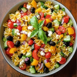 - 8 oz bow tie pasta - 1 cup cherry tomatoes, halved - 1 cup cucumbers, diced - 1/2 cup bell peppers, diced (red, yellow, or orange) - 1/4 cup red onion, finely chopped - 1/2 cup black olives, sliced - 1/2 cup feta cheese, crumbled - 1/4 cup fresh basil, chopped The heart of this dish is the bow tie pasta. It gives a fun shape and texture. Fresh vegetables add crunch and color. Cherry tomatoes bring a sweet burst, while cucumbers and bell peppers add freshness. I love adding black olives for a salty kick and feta cheese for creaminess. Basil gives an herbaceous note that brightens the whole salad. - 1/4 cup olive oil - 2 tablespoons balsamic vinegar - 1 teaspoon garlic powder - Salt and pepper to taste For the dressing, I keep it simple. Olive oil and balsamic vinegar create a rich base. Garlic powder adds depth, while salt and pepper enhance all the flavors. This mixture ties the salad together nicely. - Alternatives for vegetables: spinach, artichokes - Variations in cheese: mozzarella, parmesan You can swap out veggies based on what you have. Spinach is a great leafy option. Artichokes add a unique twist. For cheese lovers, mozzarella or parmesan work well too. This recipe is flexible, so feel free to mix and match to suit your taste. For the [Full Recipe], check out the cooking instructions and tips to create your perfect bow tie pasta salad! To start, bring a large pot of salted water to a boil. Add 8 oz of bow tie pasta. Cook it according to the package instructions. You want the pasta to be al dente, which means it should be firm yet tender. After cooking, drain the pasta in a colander. Rinse it with cold water. This cools the pasta down and stops the cooking process. Rinsing also helps prevent the pasta from sticking together. Next, grab a large mixing bowl. Chop your fresh veggies: 1 cup of cherry tomatoes, 1 cup of diced cucumbers, and 1/2 cup of diced bell peppers. Don't forget to add 1/4 cup of finely chopped red onion and 1/2 cup of sliced black olives. Toss these chopped veggies together. For the dressing, take a small bowl. Whisk together 1/4 cup of olive oil, 2 tablespoons of balsamic vinegar, 1 teaspoon of garlic powder, and a pinch of salt and pepper. This will create a simple yet tasty dressing. Now, add the cooled pasta to your bowl of veggies. Pour your homemade dressing over the top. Toss everything together gently until well mixed. Finally, fold in 1/2 cup of crumbled feta cheese. This adds a creamy texture and rich flavor. Cover the salad and place it in the fridge for at least 30 minutes. This allows the flavors to blend. When ready to serve, give it a gentle toss. Enjoy this colorful and tasty Bow Tie Pasta Salad! For a complete guide, check out the Full Recipe. To keep the bow tie pasta from becoming mushy, follow these steps: - Cook the pasta just until al dente. This means it should be firm when bitten. - Drain the pasta immediately and rinse it under cold water. This stops the cooking. For a well-seasoned dressing, try these tips: - Use good quality olive oil and balsamic vinegar. They add depth to your salad. - Taste the dressing as you mix. Adjust salt and pepper to suit your palate. Creative ways to serve your salad include: - Use a large, colorful bowl to show off the ingredients. - Garnish with extra basil and a sprinkle of feta on top for flair. - A bright serving spoon can make it even more inviting. Pair your salad with protein options for a full meal: - Grilled chicken adds a nice smoky flavor. - Shrimp pairs well and adds a touch of elegance. To enhance the flavor, do this: - Prepare your salad a few hours before serving. This allows the flavors to meld. - Keep it covered in the fridge until you’re ready to serve. For ideal storage duration: - The salad stays fresh in the fridge for up to three days. - If you want to enjoy it later, store it in an airtight container. {{image_2}} You can easily make this salad vegetarian or vegan. One great option is to add chickpeas. They add protein and pair well with the other ingredients. For a vegan dressing, try a mix of lemon juice, olive oil, and a dash of maple syrup. This gives it a nice zip without using any dairy. To make a Mediterranean-style bow tie pasta salad, add artichokes and sun-dried tomatoes. These ingredients bring a burst of flavor. You can also use fresh herbs like oregano and thyme for extra taste. They enhance the salad with a fragrant aroma. Use fresh ingredients based on the season. In spring, add peas and asparagus for a crisp touch. For summer, mix in fresh basil and ripe tomatoes for sweetness. You can also toss in fruits like strawberries or peaches for a delightful surprise. The sweetness balances the savory flavors nicely. For the full recipe, refer to the Bow Tie Pasta Salad section. To keep your bow tie pasta salad fresh, store it in the fridge. Use an airtight container to lock in flavor. Glass or plastic containers with tight lids work best. This way, you can enjoy your salad for up to 3 days. If you want to freeze the salad, be aware of the texture. The pasta may become mushy when thawed. Freeze it without the dressing for better results. When ready to eat, thaw it in the fridge overnight. Serve it cold and add fresh dressing just before serving. Your pasta salad will last in the fridge for about 3 days. After that, check for signs of spoilage. Look for changes in smell or color. If it looks slimy or has an off smell, it’s best to toss it. Always trust your senses when it comes to food safety. Enjoy your delicious bow tie pasta salad with confidence! You can make bow tie pasta salad a day or two in advance. Start by cooking the pasta and preparing the veggies. Store them separately in the fridge. Mix them together when you are ready to serve. This helps keep the pasta firm and the veggies crisp. If you want the best flavor, let it chill for at least 30 minutes after mixing. This time allows the dressing to soak in and the flavors to meld nicely. Yes, you can use gluten-free pasta. Look for brands made from rice, corn, or lentils. These options work well and taste great. Cook the gluten-free pasta according to the package directions. Make sure to rinse it under cold water after cooking. This stops the cooking process and keeps the pasta from getting mushy. The best dressing for bow tie pasta salad is a light vinaigrette. I recommend using olive oil and balsamic vinegar. You can also add a bit of garlic powder for extra flavor. For a creamier option, try ranch or Italian dressing. Both pair well with the fresh veggies and pasta. Try different dressings to find your favorite! This bow tie pasta salad is easy and fun to make. It uses fresh veggies, tasty dressings, and optional ingredients. You can try different cheeses and add-ons to suit your taste. Remember to cook pasta correctly to keep it firm. This dish works well as a side or main meal. Plus, it stores well for later. Enjoy making your own pasta salad with these tips! You have everything you need to create a delicious and colorful dish. Dive in and enjoy your cooking adventure!