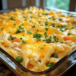 - 2 cups uncooked penne pasta - 1 pound cooked chicken breast, shredded - 1 cup cream cheese, softened - 1 cup shredded cheddar cheese - 1 cup ranch dressing - 1 cup chicken broth - 1 cup frozen peas and carrots - ½ teaspoon garlic powder - ½ teaspoon onion powder - Salt and pepper to taste - Fresh parsley or chives for garnish I love how each ingredient plays a role in making the dish so tasty. The penne pasta serves as a great base. It holds the creamy sauce well. The cooked chicken adds protein and flavor. Cream cheese makes the sauce rich and smooth. Ranch dressing brings a tangy kick. Chicken broth adds depth and moisture. The frozen peas and carrots give color and nutrition. Garlic and onion powder enhance the taste without overpowering it. Salt and pepper round out the flavors. Finally, fresh parsley or chives adds a pop of color. You can find the full recipe to create this comforting meal. - Alternative pasta options: You can use rotini or fusilli if you prefer. - Cream cheese substitutes: Try Greek yogurt or ricotta for a lighter option. - Chicken alternatives: Use turkey or canned chicken for a quick fix. These swaps can help you customize the dish to your taste or dietary needs. - Best ranch dressing brands: Look for Hidden Valley or Ken's Steakhouse for quality. - Quality chicken broth options: Swanson or College Inn offer great flavors. Using trusted brands can elevate the taste of your Crack Chicken Pasta Bake. - Preheat the oven to 350°F (175°C). - Cook the pasta until al dente, then drain. To start, you need to set the oven to the right temperature. This step is key for a great bake. Once the oven is ready, grab a large pot. Fill it with water and add a pinch of salt. Bring the water to a boil, then add the penne pasta. Cook it just until it's al dente, which means it should still have a slight bite. After cooking, drain the pasta and set it aside. - Mix the cream cheese and ranch dressing until smooth. - Stir in chicken broth, garlic powder, onion powder, salt, and pepper. Now it’s time to prepare the sauce. In a large mixing bowl, take the softened cream cheese. Add the ranch dressing to it. Use a whisk or a spoon to mix them together. You want it to be smooth and creamy. Next, stir in the chicken broth. This will loosen the sauce. Then, add garlic powder, onion powder, salt, and pepper. Mix everything until it is well combined. This sauce is rich and full of flavor, which is what makes this dish so special. - Combine cooked pasta, chicken, and veggies with the sauce. - Transfer the mix to a greased baking dish and add cheese on top. Now comes the fun part! Take the cooked pasta and place it in the bowl with the sauce. Add your shredded chicken and frozen peas and carrots. Stir gently to coat everything in the sauce. This step is crucial for even flavor. Once mixed, pour the entire mixture into a greased 9x13 inch baking dish. Make sure it spreads out evenly. Finally, sprinkle the shredded cheddar cheese over the top. This will melt into a nice, gooey layer when baked. For the full recipe, check out the details above. Enjoy your cooking! To avoid soggy pasta, cook your penne just until it is al dente. This means it should still have a slight bite. Drain it well before mixing it with the sauce. If you don’t, excess water can make the dish mushy. Even mixing is key for full flavor. When you stir the sauce and pasta, ensure every piece gets coated. Use a large mixing bowl to give yourself room. This way, each bite has the right taste and texture. The best sides to pair with Crack Chicken Pasta Bake include garlic bread and a fresh salad. Garlic bread adds crunch and is perfect for scooping up pasta. A salad brings brightness and balances the creamy dish. You can use romaine, spinach, or mixed greens. For garnishes, I love to use fresh parsley or chives. They add color and a fresh flavor. You can also sprinkle extra cheddar cheese on top after baking for a nice touch. Prepare ingredients in advance to save time. You can cook the pasta and shred the chicken the day before. Store them in the fridge. This way, when you are ready to cook, it all comes together fast. Using rotisserie chicken is a great trick for quick prep. It saves you from cooking chicken from scratch. Just shred the chicken and mix it in with the other ingredients. This cuts down your cooking time and keeps the dish flavorful. For the full recipe, check out the details above. {{image_2}} You can easily change up the veggies in this dish. Try adding broccoli or bell peppers. Both add color and crunch. They also boost the meal's nutrition. You can mix and match based on what you like or have at home. Using different cheeses is another fun twist. Instead of cheddar, try mozzarella or gouda. Each cheese has its own flavor. This changes the dish's taste and keeps it exciting. You could even mix two types of cheese for a richer flavor. If you're looking for a low-carb option, use zucchini noodles instead of pasta. They cook well and soak up flavors nicely. You can also try shirataki noodles, which are very low in carbs. This keeps the meal tasty while fitting your diet. For a gluten-free option, use gluten-free pasta. Many brands offer great pasta that cooks just like regular pasta. This way, everyone can enjoy Crack Chicken Pasta Bake without worry. Want to spice things up? Adding jalapeños is a great way to bring heat. You can chop them finely and mix them in. This adds a nice kick. Adjust the amount based on your heat preference. Herbs can also make a big difference. Infuse the dish with fresh thyme or basil. These herbs add a lovely aroma and enhance the overall flavor. Simply mix them in the sauce for added freshness. For the full recipe, check out the Crack Chicken Pasta Bake . To keep your Crack Chicken Pasta Bake fresh, store it in the fridge. Use an airtight container to prevent air and moisture from getting in. This helps keep the dish tasty for longer. You can keep it in the fridge for about three to four days. If you want to store it for a longer time, freezing is a great option. For freezing, let the pasta bake cool completely. Once cooled, cut it into portions for easy reheating later. Place each portion in a freezer-safe bag or container. Label it with the date to track how long it has been frozen. It can last in the freezer for up to three months. When it's time to enjoy your leftovers, reheating is simple. The best method is to use the oven. Preheat the oven to 350°F (175°C). Place the pasta bake in an oven-safe dish, cover it with foil, and heat for about 20-25 minutes. This helps to warm it evenly without drying it out. If you're short on time, you can use the microwave. Place a serving on a microwave-safe plate and cover it with a damp paper towel. Heat it in 30-second intervals, stirring in between. This keeps the pasta moist and prevents it from getting dry. In the fridge, Crack Chicken Pasta Bake lasts about three to four days. Always check for signs of spoilage before eating. If you see mold or if it smells off, it's best to toss it. When stored properly in the freezer, it can last up to three months. But, for the best taste, try to eat it within one month. If you notice ice crystals on the surface or a change in color, these can be signs that it's time to let it go. Enjoy your dish fresh for the best flavor! Crack Chicken Pasta Bake is a creamy, cheesy dish that brings comfort to any table. It features tender pasta mixed with shredded chicken, ranch dressing, and cream cheese. The flavors blend well, giving you a rich and savory experience. This dish has a hint of garlic and onion, making it even more tasty. The melted cheddar on top adds a nice touch of golden goodness. Yes, you can prep Crack Chicken Pasta Bake ahead. Here’s how: - Cook the pasta and let it cool. - Mix the sauce and combine it with chicken and veggies. - Place everything in a baking dish but do not bake yet. - Cover the dish and store it in the fridge for up to 24 hours. When you are ready to eat, just bake it as directed from the [Full Recipe]. Absolutely! You can switch the penne for other pasta shapes. Here are some good options: - Rotini for those fun twists. - Elbow macaroni for a classic touch. - Fusilli for a unique bite. These shapes will hold the sauce well and add variety to your dish. If you like some heat, here are some tips: - Add chopped jalapeños or crushed red pepper flakes. - Use spicy ranch dressing instead of regular. - Mix in diced green chiles for extra flavor. These additions will give your Crack Chicken Pasta Bake a nice kick. This dish pairs well with many sides. Here are some ideas: - Garlic bread for a crunchy side. - A fresh green salad for lightness. - Steamed veggies for a healthy touch. You can also enjoy a cold drink like iced tea or lemonade to balance the meal. In this blog post, we've covered the delightful Crack Chicken Pasta Bake. You learned the ingredients, step-by-step instructions, and tips for a perfect dish. I shared variations to suit your taste and storage info for leftovers. This creamy, cheesy meal is great for busy nights or family gatherings. Experiment with flavors to make it your own. Enjoy cooking and sharing this delicious recipe!