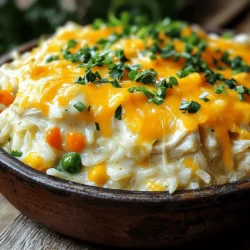 To make a tasty creamy chicken and rice casserole, you need a few key ingredients. Here’s what you will need: - 2 cups cooked chicken, shredded - 1 cup long-grain white rice, uncooked - 1 can (10.5 oz) condensed cream of chicken soup - 2 cups low-sodium chicken broth - 1 cup milk - 1 cup frozen mixed vegetables (carrots, peas, and corn) - 1 teaspoon onion powder - ½ teaspoon garlic powder - 1 teaspoon dried thyme - Salt and pepper to taste These ingredients blend well to create a rich and creamy dish. The cooked chicken adds protein, while the rice provides a hearty base. The frozen vegetables give a nice color and crunch, making the dish more fun. You can take your casserole to the next level with some optional ingredients. Here are a few ideas: - 1 cup shredded cheddar cheese (optional) - Fresh parsley or chives for garnish Adding cheese gives a rich, melty top. Fresh herbs like parsley or chives brighten the dish and add a fresh taste. If you don’t have all the ingredients, don’t worry! Here are some substitutes you can try: - Use rotisserie chicken instead of cooked chicken for ease. - Swap long-grain white rice for brown rice, but adjust cooking time. - Use vegetable broth instead of chicken broth for a vegetarian option. - Replace cream of chicken soup with a homemade white sauce for a fresh twist. These alternatives keep the spirit of the dish while allowing for flexibility. You can still enjoy a creamy chicken and rice casserole, even with changes! For complete directions on how to prepare it, check the Full Recipe. Start by gathering your ingredients. You need cooked chicken, rice, soup, broth, and milk. Don’t forget the frozen veggies, spices, and cheese if you like. Chop your parsley or chives for garnishing later. This step makes the meal easy to make. In a big bowl, combine the shredded chicken and uncooked rice. Add in the cream of chicken soup, chicken broth, and milk. Then, toss in the frozen mixed veggies, onion powder, garlic powder, thyme, salt, and pepper. Stir everything until it mixes well. Pour this mixture into a greased casserole dish. Spread it out evenly. If you want, sprinkle cheese on top for a tasty finish. Preheat your oven to 375°F (190°C). Cover the dish with foil and bake for 45 minutes. After that, remove the foil and bake for another 15 to 20 minutes. This helps the top get golden brown. Check to see if the liquid is absorbed. Once it’s done, let it sit for about 5 to 10 minutes before serving. This step is crucial for great flavor and texture. For a full recipe, see below. To get the best texture, use long-grain white rice. It cooks well and stays fluffy. The rice absorbs liquid while baking, making it tender. Avoid using quick-cooking rice. It can turn mushy. Also, ensure you mix the ingredients well. This helps the rice cook evenly. Lastly, cover the dish with foil for part of the bake. This keeps moisture in and helps everything cook through. You can boost the flavor of your casserole with a few simple additions. Try adding sautéed onions or bell peppers for more depth. Fresh herbs, like thyme or parsley, can brighten the dish. A splash of lemon juice will add a nice zing. If you like spicy food, consider adding diced jalapeños or a dash of hot sauce. These extras make the meal more exciting and delicious. Oven temperatures can vary. If your oven runs hot, check your casserole a bit early. If it runs cool, you may need to bake longer. Keep an eye on the top. It should be golden brown and bubbly. Use a thermometer to check the internal temperature of 165°F. This ensures your casserole is safe to eat and perfectly cooked. Always let it sit for a few minutes before serving. This helps the flavors meld together nicely. For the full recipe, refer to the complete instructions above. {{image_2}} You can easily turn this dish into a vegetarian meal. Replace the chicken with a mix of hearty vegetables. I suggest using mushrooms, zucchini, and bell peppers. These add great flavors and textures. You can also include chickpeas for extra protein. Use vegetable broth instead of chicken broth. This keeps all the creamy goodness while making it plant-based. Don’t forget the cream of mushroom soup as a replacement! If you love heat, add some spice! You can mix in diced jalapeños or red pepper flakes. These will give your casserole a nice kick. Another idea is to top the dish with hot sauce before serving. This adds heat and a bit of tang. Adjust the heat level to your taste. Remember, it is easy to add more, but hard to take it out! Cheese can change the whole vibe of your casserole. Instead of cheddar, try mozzarella or pepper jack for a different flavor. You can even blend different cheeses for a rich taste. Cream cheese can add a smooth texture if you mix it in. Sprinkle some feta on top before serving for a salty twist. Each cheese brings its own charm, so have fun with it! You can find the full recipe for the creamy chicken and rice casserole to get started on these variations. Store your creamy chicken and rice casserole in an airtight container. Let it cool first. This prevents moisture build-up. Place it in the fridge within two hours of cooking. It will stay fresh for up to four days. Reheat the casserole in the oven for best results. Preheat your oven to 350°F (175°C). Cover with foil to keep it moist. Heat for about 25 minutes or until hot throughout. You can also use the microwave. Just heat in short bursts, stirring in between. To freeze the casserole, use a freezer-safe container. Allow it to cool completely first. You can freeze it for up to three months. Thaw it overnight in the fridge before reheating. This makes for an easy meal later. For best taste, avoid freezing with cheese on top. Add cheese after reheating instead. Yes, you can use brown rice. Brown rice takes longer to cook. If you choose brown rice, add extra time to your total baking time. You may need to adjust the liquid too. Brown rice absorbs more liquid than white rice. The casserole can last about three to four days in the fridge. Be sure to store it in an airtight container. This keeps it fresh and prevents odors. After serving, let it cool before placing it in the fridge. Yes, you can make this casserole ahead of time. Prepare it a day before and store it in the fridge. Just cover it well with foil or a lid. When ready to bake, you might need to add a few extra minutes to the cooking time. For the best flavor, let it sit at room temperature for about 20 minutes before baking. Check out the Full Recipe for more details! This blog post walks you through making a creamy chicken and rice casserole. You learned about the main and optional ingredients, as well as good substitutes. I showed you how to prep, mix, and bake the casserole for the best taste. We discussed tips to get the perfect texture and even variations for different diets. Finally, I shared storage methods to keep leftovers fresh. Try these ideas in your next meal. Enjoy easy cooking and tasty food!
