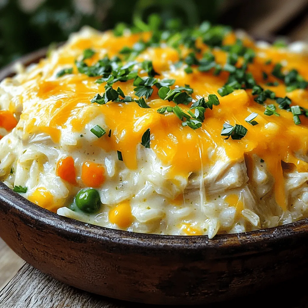To make a tasty creamy chicken and rice casserole, you need a few key ingredients. Here’s what you will need: - 2 cups cooked chicken, shredded - 1 cup long-grain white rice, uncooked - 1 can (10.5 oz) condensed cream of chicken soup - 2 cups low-sodium chicken broth - 1 cup milk - 1 cup frozen mixed vegetables (carrots, peas, and corn) - 1 teaspoon onion powder - ½ teaspoon garlic powder - 1 teaspoon dried thyme - Salt and pepper to taste These ingredients blend well to create a rich and creamy dish. The cooked chicken adds protein, while the rice provides a hearty base. The frozen vegetables give a nice color and crunch, making the dish more fun. You can take your casserole to the next level with some optional ingredients. Here are a few ideas: - 1 cup shredded cheddar cheese (optional) - Fresh parsley or chives for garnish Adding cheese gives a rich, melty top. Fresh herbs like parsley or chives brighten the dish and add a fresh taste. If you don’t have all the ingredients, don’t worry! Here are some substitutes you can try: - Use rotisserie chicken instead of cooked chicken for ease. - Swap long-grain white rice for brown rice, but adjust cooking time. - Use vegetable broth instead of chicken broth for a vegetarian option. - Replace cream of chicken soup with a homemade white sauce for a fresh twist. These alternatives keep the spirit of the dish while allowing for flexibility. You can still enjoy a creamy chicken and rice casserole, even with changes! For complete directions on how to prepare it, check the Full Recipe. Start by gathering your ingredients. You need cooked chicken, rice, soup, broth, and milk. Don’t forget the frozen veggies, spices, and cheese if you like. Chop your parsley or chives for garnishing later. This step makes the meal easy to make. In a big bowl, combine the shredded chicken and uncooked rice. Add in the cream of chicken soup, chicken broth, and milk. Then, toss in the frozen mixed veggies, onion powder, garlic powder, thyme, salt, and pepper. Stir everything until it mixes well. Pour this mixture into a greased casserole dish. Spread it out evenly. If you want, sprinkle cheese on top for a tasty finish. Preheat your oven to 375°F (190°C). Cover the dish with foil and bake for 45 minutes. After that, remove the foil and bake for another 15 to 20 minutes. This helps the top get golden brown. Check to see if the liquid is absorbed. Once it’s done, let it sit for about 5 to 10 minutes before serving. This step is crucial for great flavor and texture. For a full recipe, see below. To get the best texture, use long-grain white rice. It cooks well and stays fluffy. The rice absorbs liquid while baking, making it tender. Avoid using quick-cooking rice. It can turn mushy. Also, ensure you mix the ingredients well. This helps the rice cook evenly. Lastly, cover the dish with foil for part of the bake. This keeps moisture in and helps everything cook through. You can boost the flavor of your casserole with a few simple additions. Try adding sautéed onions or bell peppers for more depth. Fresh herbs, like thyme or parsley, can brighten the dish. A splash of lemon juice will add a nice zing. If you like spicy food, consider adding diced jalapeños or a dash of hot sauce. These extras make the meal more exciting and delicious. Oven temperatures can vary. If your oven runs hot, check your casserole a bit early. If it runs cool, you may need to bake longer. Keep an eye on the top. It should be golden brown and bubbly. Use a thermometer to check the internal temperature of 165°F. This ensures your casserole is safe to eat and perfectly cooked. Always let it sit for a few minutes before serving. This helps the flavors meld together nicely. For the full recipe, refer to the complete instructions above. {{image_2}} You can easily turn this dish into a vegetarian meal. Replace the chicken with a mix of hearty vegetables. I suggest using mushrooms, zucchini, and bell peppers. These add great flavors and textures. You can also include chickpeas for extra protein. Use vegetable broth instead of chicken broth. This keeps all the creamy goodness while making it plant-based. Don’t forget the cream of mushroom soup as a replacement! If you love heat, add some spice! You can mix in diced jalapeños or red pepper flakes. These will give your casserole a nice kick. Another idea is to top the dish with hot sauce before serving. This adds heat and a bit of tang. Adjust the heat level to your taste. Remember, it is easy to add more, but hard to take it out! Cheese can change the whole vibe of your casserole. Instead of cheddar, try mozzarella or pepper jack for a different flavor. You can even blend different cheeses for a rich taste. Cream cheese can add a smooth texture if you mix it in. Sprinkle some feta on top before serving for a salty twist. Each cheese brings its own charm, so have fun with it! You can find the full recipe for the creamy chicken and rice casserole to get started on these variations. Store your creamy chicken and rice casserole in an airtight container. Let it cool first. This prevents moisture build-up. Place it in the fridge within two hours of cooking. It will stay fresh for up to four days. Reheat the casserole in the oven for best results. Preheat your oven to 350°F (175°C). Cover with foil to keep it moist. Heat for about 25 minutes or until hot throughout. You can also use the microwave. Just heat in short bursts, stirring in between. To freeze the casserole, use a freezer-safe container. Allow it to cool completely first. You can freeze it for up to three months. Thaw it overnight in the fridge before reheating. This makes for an easy meal later. For best taste, avoid freezing with cheese on top. Add cheese after reheating instead. Yes, you can use brown rice. Brown rice takes longer to cook. If you choose brown rice, add extra time to your total baking time. You may need to adjust the liquid too. Brown rice absorbs more liquid than white rice. The casserole can last about three to four days in the fridge. Be sure to store it in an airtight container. This keeps it fresh and prevents odors. After serving, let it cool before placing it in the fridge. Yes, you can make this casserole ahead of time. Prepare it a day before and store it in the fridge. Just cover it well with foil or a lid. When ready to bake, you might need to add a few extra minutes to the cooking time. For the best flavor, let it sit at room temperature for about 20 minutes before baking. Check out the Full Recipe for more details! This blog post walks you through making a creamy chicken and rice casserole. You learned about the main and optional ingredients, as well as good substitutes. I showed you how to prep, mix, and bake the casserole for the best taste. We discussed tips to get the perfect texture and even variations for different diets. Finally, I shared storage methods to keep leftovers fresh. Try these ideas in your next meal. Enjoy easy cooking and tasty food!