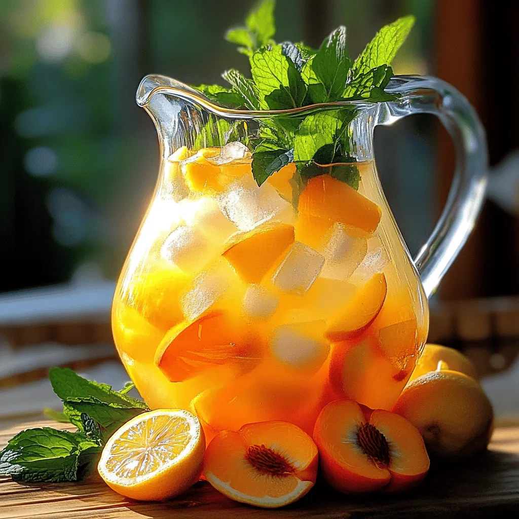 - 4 ripe peaches, pitted and chopped - 1 cup freshly squeezed lemon juice (about 4-5 lemons) - 1 cup granulated sugar (adjust to taste) - 4 cups water - ½ teaspoon pure vanilla extract (optional) - Fresh mint leaves for garnish - Lemon slices for garnish - Medium saucepan - Fine-mesh strainer or cheesecloth - Large pitcher To make my homemade peach lemonade, I start with fresh, ripe peaches. The sweetness from these fruits is key to a great drink. I also use fresh lemons for their bright, zesty flavor. Granulated sugar helps balance the tartness from the lemons. Adjusting the sugar gives you control over the sweetness. Next, I add water to help blend the flavors. A splash of pure vanilla extract adds a unique twist, but it's optional. For garnishing, I love using fresh mint leaves and lemon slices. They make the drink look beautiful and add extra flavor. For equipment, you need a medium saucepan to cook the peaches. A fine-mesh strainer or cheesecloth helps to separate the liquid from the solids. Finally, a large pitcher is perfect for mixing and serving the lemonade. You can find the full recipe for this refreshing peach lemonade to get started. First, take your ripe peaches and chop them into small pieces. In a medium saucepan, combine the chopped peaches, 1 cup of water, and sugar. Place the saucepan over medium heat. Stir occasionally and let it simmer for about 10 to 15 minutes. You want the peaches to soften and release their sweet juices. This step is key for a rich flavor. After cooking, remove the saucepan from the heat. Let the mixture cool for a few minutes. Once it's cool, strain it into a large pitcher using a fine-mesh strainer or cheesecloth. Press down on the solids to get every drop of liquid. Then, add the freshly squeezed lemon juice along with the remaining 3 cups of water. Stir everything well until it's fully mixed. Taste it and adjust the sweetness if needed. Now it's time to chill your peach lemonade. Place the pitcher in the refrigerator for about 1 hour. This lets the flavors blend perfectly. When you're ready to serve, fill glasses with ice cubes. Pour the chilled lemonade over the ice. For a nice touch, garnish each glass with fresh mint leaves and lemon slices. Enjoy your refreshing summer drink! How do I adjust sugar levels? Taste is key! Start with one cup of sugar. After mixing, taste and add more sugar if needed. Remember, you can always add more, but you cannot take it out. How do I balance tartness with lemon juice? For a nice balance, use one cup of freshly squeezed lemon juice. This amount adds a bright flavor. If it’s too tart, add a little more sugar. If it’s too sweet, add more lemon juice. What are the tips for selecting ripe peaches? Choose peaches that feel soft but not mushy. Look for a rich color and a sweet scent. This means they are ripe and ready to use. Why should I use freshly squeezed lemon juice versus store-bought? Fresh lemon juice tastes better! It has a bright flavor that store-bought juice lacks. The taste difference makes your peach lemonade stand out. What is the ideal glassware for serving? Use clear glasses to show off the pretty color of the peach lemonade. Tall glasses work well. They also hold more ice and lemonade, keeping your drink cold longer. What snacks or appetizers pair well with peach lemonade? Peach lemonade goes great with light snacks. Try serving it with cheese, crackers, or fresh fruit. It also complements spicy foods nicely, balancing the heat with its sweetness. For the full recipe, check out the detailed steps above! {{image_2}} You can make your peach lemonade even better by adding flavors. Infusing herbs like basil or rosemary gives it a fresh twist. Simply add a few leaves to the peach mixture while it cooks. The herbs will add a nice depth to the drink. Another fun idea is the Georgia peach twist. Just add extra peach slices to your lemonade. This not only boosts the peach flavor but also makes it look beautiful. The more peaches, the better! If you want a grown-up version, you can add alcohol. A splash of vodka or gin creates a refreshing cocktail. Just mix in about one to two ounces per glass when serving. A peach lemonade spritzer is another option. You can combine your lemonade with sparkling water. This adds fizz and makes it a fun drink for parties. The bubbles will keep everyone refreshed. You can also make healthier choices when making this drink. Use honey or agave syrup instead of sugar. These natural sweeteners give a nice taste without the extra calories. If you want a low-calorie version, simply reduce the sugar and use more lemon juice. This keeps the drink bright and tasty while cutting down on calories. You can still enjoy a delicious homemade peach lemonade without the guilt! For the full recipe, check out the Refreshing Peach Lemonade section. To keep your peach lemonade fresh, store it in a sealed pitcher. Place it in your fridge. This way, it stays cool and tasty. Homemade peach lemonade is best enjoyed within three to five days. After this time, it may lose its bright flavor. You can freeze peach lemonade into ice cubes. Pour the lemonade into an ice cube tray. Once frozen, pop the cubes out and store them in a zip-top bag. These cubes are great for adding to drinks later. When you want to use them, just take out what you need. Let them sit at room temperature for a few minutes to thaw. You can also blend them into slushies for a fun treat. If you have leftover peach lemonade, get creative. You can make popsicles by pouring it into molds and freezing. These are great for hot days. You can also use the leftover lemonade in cocktails or spritzers. Just mix it with some sparkling water or your favorite spirit for a refreshing drink. Enjoy experimenting with your peach lemonade leftovers! Yes, you can use frozen peaches! They save time and add a sweet flavor. However, using frozen peaches can change the texture. Fresh peaches give a better taste and texture. If you choose frozen, let them thaw first. Then, chop them into smaller pieces. This helps them mix better with the other ingredients. You can store homemade peach lemonade in the fridge for up to 5 days. Keep it in a sealed pitcher or bottle. This keeps it fresh and tasty. After a few days, the flavors might change. You can also freeze it for longer storage. Pour it into ice cube trays for easy use later. Just thaw it in the fridge or at room temperature when you want some. Yes, you can use less sugar! Try honey or agave syrup as substitutes. These sweeteners add a nice flavor. Just remember, using less sugar may change the taste. Start with half the amount and taste as you go. This way, you can find what works best for you. Enjoy your peach lemonade while keeping it healthy! You can make delicious peach lemonade easily. We covered fresh ingredients, like ripe peaches and lemons. I shared steps to cook, strain, and chill for the best taste. You can also adjust sweetness and add fun flavors. Finally, think about how to store leftovers or use them in new creations. Enjoy this drink on any sunny day. It’s refreshing and simple to share with friends and family. Embrace your creativity and make this recipe your own!