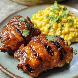 - Chicken and Marinade Ingredients - 4 boneless chicken thighs - 1 cup chipotle BBQ sauce - 2 tablespoons olive oil - 1 teaspoon garlic powder - 1 teaspoon onion powder - Salt and pepper to taste - Corn and Cream Ingredients - 4 ears of corn, husked - 1 cup heavy cream - 1 tablespoon butter - 1 teaspoon smoked paprika - 1 tablespoon fresh cilantro, chopped (for garnish) When I prepare Chipotle BBQ chicken with creamed grilled corn, I focus on fresh ingredients. The chicken thighs are juicy and tender, perfect for grilling. The marinade makes them flavorful. I use chipotle BBQ sauce for a spicy kick. For the corn, I choose sweet, fresh ears. It gives a bright taste to the dish. The heavy cream adds richness to the creamed corn. Smoked paprika brings a nice depth of flavor. I love adding fresh cilantro for a pop of color. Each ingredient plays a key role in making this dish special. The combination of smoky, sweet, and creamy makes every bite a delight. You can find the Full Recipe to get all the details. Enjoy creating this tasty meal! Start by mixing the olive oil, garlic powder, onion powder, salt, and pepper in a bowl. This marinade adds great flavor. Next, coat the chicken thighs well. Let them sit for at least 30 minutes. This waiting time helps the chicken absorb the flavors from the marinade. Preheat your grill to medium-high heat. This step is key for good cooking. While the grill heats, husk the corn. Once ready, place the corn on the grill. Grill the corn for about 10-12 minutes. Turn it occasionally until you see nice char marks. Once cooked, remove the corn and let it cool. Now, take the chicken thighs from the marinade. Place them on the hot grill. Brush them generously with chipotle BBQ sauce. Cook each side for about 6-7 minutes. Baste them with more sauce as they cook. Make sure the internal temperature reaches 165°F. This means the chicken is fully cooked and safe to eat. While the chicken cooks, cut the corn kernels off the cobs into a bowl. In a medium saucepan, melt the butter over medium heat. Add the corn to the pan and sauté for 3-4 minutes. This softens the corn. Pour in the heavy cream and sprinkle in the smoked paprika. Stir often for about 5 minutes. This helps the mixture thicken and become creamy. When the chicken is done, take it off the grill. Let it rest for a couple of minutes. This helps keep the juices in. Serve the BBQ chicken on a plate with a scoop of the creamed corn. To finish, sprinkle fresh cilantro over the chicken and creamed corn. This adds a nice burst of color and flavor. Enjoy your meal! For the full recipe, check the details above. When grilling, keep these tips in mind for perfect results. First, preheat your grill. A hot grill helps sear the chicken and corn. Second, oil the grill grates. This prevents sticking and makes flipping easier. Use tongs to turn the chicken, not a fork. This keeps the juices inside. Cook chicken thighs until they reach an internal temperature of 165°F. Use a meat thermometer for accuracy. For the corn, grill it until it's charred and tender. Turn it every few minutes to cook evenly. To get creamy corn, start with fresh corn. Fresh corn has the best flavor and texture. After grilling, cut the kernels off the cobs. In a saucepan, melt butter over medium heat. Add the corn and sauté it for a few minutes. Then pour in the heavy cream. Stir continuously until it thickens. This should take about five minutes. Add smoked paprika for a nice kick. Taste and adjust seasoning as needed. To boost flavor, think about adding a squeeze of lime juice. It brightens the dish and adds zing. You can also sprinkle some chili powder or cayenne for added heat. Fresh herbs like cilantro not only add color but also enhance the taste. For a smoky flavor, try adding a dash of liquid smoke to the BBQ sauce. This gives the chicken an extra layer of depth. If you want more sweetness, stir in a bit of honey or brown sugar. For the full recipe, check out Chipotle BBQ Chicken with Creamed Grilled Corn. {{image_2}} You can change up the heat level in this dish. If you want more spice, try adding cayenne pepper to your BBQ sauce. You can also mix in some diced jalapeños or use a spicier chipotle sauce. For those who love a smoky flavor, consider adding smoked paprika to the sauce. This will add depth and a kick to your BBQ chicken. You can still enjoy the flavors of this dish without meat. Swap the chicken for grilled portobello mushrooms or zucchini. Both options soak up flavors well and have a nice texture. Use the same marinade on your veggies. Grill them until tender, then brush with chipotle BBQ sauce. This keeps the dish hearty and satisfying without the meat. When serving, I love to pair this dish with a fresh salad or coleslaw. A tangy slaw complements the BBQ sauce nicely. You could also serve it with rice or quinoa for a filling meal. If you want to impress guests, add some grilled pineapple on the side. The sweetness balances the smoky and spicy flavors perfectly. For more ideas, check the Full Recipe section for extra serving tips. To keep your Chipotle BBQ chicken and creamed corn fresh, place them in airtight containers. Make sure to cool the food to room temperature first. Store the chicken and corn separately to keep their textures just right. You can keep them in the fridge for up to three days. If you want to enjoy them later, freezing is a great option. When it's time to eat again, reheat the chicken in the oven. Preheat your oven to 350°F. Place the chicken on a baking sheet and cover it with foil. Heat for about 15-20 minutes, or until warm. For the creamed corn, reheat it on the stove over low heat. Stir it often to ensure it warms evenly without burning. If it seems too thick, add a splash of milk for creaminess. To freeze the creamed corn, let it cool completely. Transfer it into a freezer-safe bag or container. Remove as much air as possible before sealing. Label the bag with the date. You can freeze it for up to two months. When ready to use, thaw it in the fridge overnight and reheat as mentioned earlier. This way, you can enjoy that sweet, creamy flavor anytime! The best way to marinate chicken is to use a mix of oil, spices, and herbs. I like to use olive oil, garlic powder, onion powder, salt, and pepper. This mix adds great flavor. Coat the chicken well and let it sit. Aim for at least 30 minutes. For even better taste, marinate it overnight in the fridge. Yes, you can use another type of sauce. If you want a different flavor, try honey mustard or teriyaki. Each sauce brings its own taste to the chicken. Just make sure to adjust the cooking time if the sauce has a lot of sugar. Sugar can burn easily on the grill. To know when chicken is done, check its internal temperature. Use a meat thermometer and aim for 165°F. If you don’t have a thermometer, cut into the chicken. The meat should be white, not pink. Juices should run clear. This ensures the chicken is safe to eat and juicy. For more details, check the Full Recipe. This post covered key steps for a tasty dish featuring marinated chicken and creamed corn. You learned about the right ingredients, how to grill chicken, and make creamy corn. I shared tips to boost flavor and ideas for variations. Proper storage advice helps keep your leftovers fresh. By using these methods, you can create a meal that satisfies everyone. Enjoy your cooking and try new twists to make it your own!