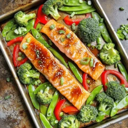 - 4 salmon fillets (about 6 ounces each) - 1 red bell pepper, sliced - 1 cup broccoli florets - 1 cup snap peas - 1/3 cup low-sodium soy sauce - 1/4 cup honey - 2 tablespoons rice vinegar - 2 tablespoons sesame oil - 2 cloves garlic, minced - 1 tablespoon fresh ginger, grated - 2 tablespoons sesame seeds - 2 green onions, finely chopped - Salt and pepper to taste When I cook sheet pan teriyaki salmon, I love choosing fresh ingredients. The salmon is the star, and I pick fillets about six ounces each. They should be bright and firm. I also add vibrant vegetables, like red bell pepper, broccoli, and snap peas. The colors make the dish pop. For the teriyaki sauce, I keep it simple but flavorful. I use low-sodium soy sauce to control the salt. Honey adds sweetness, while rice vinegar gives it a tangy kick. Fresh ginger and garlic bring warmth and depth. This sauce is key in making the salmon and veggies shine. To finish, I sprinkle sesame seeds and chopped green onions. These add crunch and freshness. It’s not just about taste; it’s about making your plate look good too. For the full recipe, you can check out the link. To start, you’ll want to make the teriyaki sauce. Grab a mixing bowl and whisk together the following ingredients: - 1/3 cup low-sodium soy sauce - 1/4 cup honey - 2 tablespoons rice vinegar - 2 tablespoons sesame oil - 2 cloves garlic, minced - 1 tablespoon fresh ginger, grated Mix them well until everything blends smoothly. This sauce is sweet and salty, giving your salmon a rich flavor. Next, take your salmon fillets and place them in a shallow dish. Pour half of the teriyaki sauce over the salmon. Make sure each fillet is covered. Let the salmon marinate for at least 15 minutes. If you have time, let it sit for up to an hour in the fridge. This helps enhance the flavors even more. Now it’s time to bake! Preheat your oven to 400°F (200°C). Line a large sheet pan with parchment paper for easy cleanup. On the sheet pan, spread the sliced red bell pepper, broccoli florets, and snap peas. Drizzle a little olive oil and sprinkle some salt and pepper. Toss them to coat evenly. Remove the salmon from the marinade and place it among the veggies on the pan. Drizzle the remaining teriyaki sauce over everything. Bake for 12 to 15 minutes. The salmon should flake easily with a fork, and the veggies should be tender-crisp. For the full recipe, check out [Full Recipe]. Enjoy your delicious meal! For the best flavor, marinate your salmon for at least 15 minutes. If you have more time, try marinating for up to 1 hour. This allows the flavors to soak in and makes the salmon delicious. You can experiment with the teriyaki sauce, too. For a twist, add orange juice or pineapple juice for sweetness. You can also use brown sugar instead of honey for a deeper flavor. If you use thicker salmon fillets, adjust your bake time. Bake for about 15 to 18 minutes instead of the usual 12 to 15. This ensures your salmon cooks all the way through. For the vegetables, keep an eye on them. You want them tender-crisp, not mushy. They should stay bright and colorful for a fresh look. For a fun presentation, serve the salmon and veggies right from the sheet pan. This gives a rustic feel to your meal. If you want to dress it up, plate them individually. Add a sprinkle of extra sesame seeds and a slice of lime for a pop of color. You can pair this dish with rice or quinoa for a complete meal. Steamed jasmine rice or a fresh salad also works well. You will impress your family and friends with this simple yet tasty dish. Check out the Full Recipe for more details. {{image_2}} You can switch the salmon for chicken or tofu. Chicken thighs work well. They stay moist and soak up the teriyaki sauce. If you choose tofu, use firm tofu for the best texture. Press it first to remove excess water. This helps the tofu absorb flavors better. To boost flavor, try adding spices or different vegetables. You can use chili flakes for heat or garlic powder for extra depth. Swap in bell peppers, carrots, or zucchini for a colorful mix. Each vegetable adds a unique taste and crunch. This keeps the dish fresh and exciting each time you make it. While baking is simple, you can also grill the salmon. Grilling adds a smoky flavor that many people love. Keep an eye on the salmon so it doesn’t overcook. You can grill the veggies too. This makes for a great meal with different textures and tastes. To keep your sheet pan teriyaki salmon fresh, store leftovers in the fridge. Use an airtight container. This method helps the salmon and vegetables stay juicy. Consume the leftovers within three days for the best taste. If you want to store them longer, freeze the salmon and veggies separately. Place them in freezer-safe bags. They will stay good for up to three months. When ready to eat, just thaw them overnight in the fridge. When reheating, avoid the microwave if you can. Instead, use the oven or a skillet. Preheat your oven to 350°F (175°C). Place the salmon and vegetables on a baking sheet. Cover them with foil to keep them moist. Heat for about 10-15 minutes. If using a skillet, add a splash of water and cover it. This will help keep everything tender and flavorful. Meal prep makes weeknight dinners quick and easy. You can marinate the salmon a day ahead. Store it in the fridge with the sauce. Chop your vegetables in advance too. Keep them in the fridge in a sealed bag. On busy nights, just bake everything on the sheet pan and enjoy a tasty meal in no time. This dish works great for meal prep because it’s simple and quick. You can find the full recipe for even more help. To check if the salmon is done, look for a few signs. First, the flesh should turn from bright pink to opaque. You can also use a fork to gently flake the fish. If it flakes easily, it is ready. The internal temperature should reach 145°F (63°C). This is the safe zone for fish. Yes, you can use regular soy sauce. However, it will change the taste and salt level. Low-sodium soy sauce is milder and allows you to control the saltiness. If you use regular soy sauce, cut back on added salt in the recipe. This helps balance the flavors. Many sides pair well with this dish. Here are some ideas: - Steamed rice or quinoa - Stir-fried vegetables - Cucumber salad - Asian slaw - Noodles with sesame oil These sides enhance the meal and add variety. Each option complements the teriyaki flavor well. Enjoy mixing and matching! For the full recipe, check out the main article. We explored a simple recipe for Sheet Pan Teriyaki Salmon. We discussed key ingredients like salmon, veggies, and a tasty homemade sauce. You learned the steps to prepare, marinate, and bake your dish. Plus, we shared tips for the perfect meal. Remember, you can switch proteins or flavors for variety. Finally, proper storage and reheating keep leftovers fresh. Enjoy making this dish and impressing your family with your cooking skills!