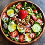 - 4 cups mixed greens (arugula, spinach, and romaine) - 2 cups fresh strawberries, hulled and sliced - 1 cup cucumber, thinly sliced - ½ cup red onion, thinly sliced - ½ cup pecans, toasted and roughly chopped - ½ cup feta cheese, crumbled - ¼ cup olive oil - 2 tablespoons apple cider vinegar - 1 tablespoon honey - Salt and pepper to taste - Whole strawberries - Additional feta cheese This salad shines with its bright colors and fresh taste. You can use any mix of greens you like. I enjoy a blend of arugula, spinach, and romaine for a nice crunch. Fresh strawberries are a must. They add sweetness and a pop of color. For a nice crunch, add sliced cucumbers and red onions. The onions bring a punch, while the cucumbers keep it cool. Toasted pecans add a nutty flavor and crunch. Feta cheese gives a creamy touch that balances the salad. Now, let’s talk dressing. A mix of olive oil, apple cider vinegar, and honey creates a light, tangy flavor. It pairs perfectly with the fresh ingredients. Feel free to add whole strawberries or extra feta as garnishes. They make the salad look fancy without much effort. You can find the full recipe for making this delightful salad in the recipe section. To make the dressing, grab a small bowl. Add ¼ cup olive oil, 2 tablespoons apple cider vinegar, and 1 tablespoon honey. Next, sprinkle in a pinch of salt and some pepper. Whisk it all together until smooth. This simple dressing adds a bright flavor to the salad. Now, take a large mixing bowl. Add 4 cups mixed greens, like arugula, spinach, and romaine. Then, toss in 2 cups fresh strawberries that you’ve hulled and sliced. Next, add 1 cup of thinly sliced cucumber and ½ cup of red onion, also thinly sliced. Mix these ingredients gently. You want them to blend well but not smash the strawberries. Drizzle your dressing over the salad mix. Toss everything together lightly to coat the greens and fruits. This ensures every bite is full of flavor. Finally, sprinkle ½ cup of toasted pecans and ½ cup of crumbled feta cheese on top. For a lovely finish, toss it again gently. Serve right away for the best taste. You can find the full recipe to guide you through these steps. To keep your greens crisp, start with cold water. Wash your greens and pat them dry with a clean towel. Store them in a sealed bag with a paper towel inside. This helps absorb moisture. Always add the dressing just before serving. This way, your greens stay crunchy and fresh. Want to boost the taste? Try adding fresh herbs like basil or mint. Chopped herbs add aroma and flavor. A sprinkle of chili flakes can give your salad a kick. You can also mix in some lemon zest for a bright note. These little tweaks make a big difference in taste. For special occasions, serve your salad in a large glass bowl. This lets the colors shine through. You can also use individual bowls for a fancy touch. Top each serving with a whole strawberry and a sprinkle of feta. This adds charm and makes your salad look extra special. For more serving tips, check out the Full Recipe. {{image_2}} You can swap the pecans for other nuts. Almonds add a sweet crunch. Walnuts bring a rich taste. Pistachios offer a unique flavor and color. Each nut will change the salad’s texture and taste. Choose what you enjoy most. To make the salad heartier, add protein. Grilled chicken works great with the strawberries. It adds flavor and fills you up. If you prefer plant-based options, try chickpeas. They are packed with protein and fit well with the other ingredients. Change up the fruits based on the season. In summer, try adding blueberries for a burst of flavor. In winter, mandarin oranges bring a sweet, citrus note. These changes keep the salad fresh and exciting. You can find new favorites each time you make it. For the full recipe, check out the Strawberry Bliss Crunch Salad. To keep your Strawberry Crunch Salad fresh, store leftovers in an airtight container. Place the salad in the fridge right after serving. This helps keep your greens crisp and your strawberries juicy. Aim to eat leftovers within two days for the best taste. If the salad looks wilted, it’s still safe but may not taste great. You can prepare some salad components ahead of time. Wash and chop your mixed greens and veggies, then store them in separate containers. Slice strawberries but add them right before serving. This keeps them fresh and vibrant. The dressing can also be made in advance. Just whisk together the olive oil, apple cider vinegar, honey, salt, and pepper. Store it in a jar. Shake before using. I do not recommend freezing the salad. Freezing can change the texture of the greens and strawberries. If you want to freeze components, consider just the nuts. You can toast and freeze pecans to use later. But the fresh ingredients work best when used right away. For full flavor and texture, enjoy your salad fresh! Yes, you can make this salad ahead of time. To keep it fresh, store the dressing separately. Mix the greens and toppings in a bowl. Add the dressing just before serving. This way, the greens stay crisp and tasty. If you need to store it, keep it in the fridge for up to 30 minutes before serving. You can replace honey with maple syrup or agave nectar. Use the same amount, one tablespoon. Both options add a nice sweetness without changing the flavor too much. If you want it less sweet, start with half the amount and taste as you go. Yes, you can make a vegan version. For cheese, use a vegan feta or omit it entirely. Instead of honey, use maple syrup or agave nectar. These swaps keep the salad both light and fresh. Serve this salad in a large bowl or individual plates. For a fun touch, use clear glass bowls to show off the colors. Top each serving with a whole strawberry and a sprinkle of feta. This adds a nice look and a pop of flavor. The salad looks great and tastes even better! For the full recipe, check out [Full Recipe]. This blog post shared how to make a vibrant salad with mixed greens and strawberries. You learned what ingredients to use and how to prepare them step-by-step. I included tips for freshness and ways to enhance flavor. You can even try variations for different seasons or dietary needs. With proper storage, you can enjoy this salad over a few days. Follow these guidelines to create a delicious, healthy dish that will impress! Enjoy experimenting with it and make it your own.