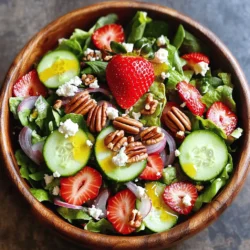 - 4 cups mixed greens (arugula, spinach, and romaine) - 2 cups fresh strawberries, hulled and sliced - 1 cup cucumber, thinly sliced - 1/2 cup red onion, thinly sliced - 1/2 cup pecans, toasted and roughly chopped - 1/2 cup feta cheese, crumbled - 1/4 cup olive oil - 2 tablespoons apple cider vinegar - 1 tablespoon honey - Salt and pepper to taste - Whole strawberries - Additional feta cheese This salad shines with its bright colors and fresh taste. You can use any mix of greens you like. I enjoy a blend of arugula, spinach, and romaine for a nice crunch. Fresh strawberries are a must. They add sweetness and a pop of color. For a nice crunch, add sliced cucumbers and red onions. The onions bring a punch, while the cucumbers keep it cool. Toasted pecans add a nutty flavor and crunch. Feta cheese gives a creamy touch that balances the salad. Now, let’s talk dressing. A mix of olive oil, apple cider vinegar, and honey creates a light, tangy flavor. It pairs perfectly with the fresh ingredients. Feel free to add whole strawberries or extra feta as garnishes. They make the salad look fancy without much effort. You can find the full recipe for making this delightful salad in the recipe section. To make the dressing, grab a small bowl. Add 1/4 cup olive oil, 2 tablespoons apple cider vinegar, and 1 tablespoon honey. Next, sprinkle in a pinch of salt and some pepper. Whisk it all together until smooth. This simple dressing adds a bright flavor to the salad. Now, take a large mixing bowl. Add 4 cups mixed greens, like arugula, spinach, and romaine. Then, toss in 2 cups fresh strawberries that you’ve hulled and sliced. Next, add 1 cup of thinly sliced cucumber and 1/2 cup of red onion, also thinly sliced. Mix these ingredients gently. You want them to blend well but not smash the strawberries. Drizzle your dressing over the salad mix. Toss everything together lightly to coat the greens and fruits. This ensures every bite is full of flavor. Finally, sprinkle 1/2 cup of toasted pecans and 1/2 cup of crumbled feta cheese on top. For a lovely finish, toss it again gently. Serve right away for the best taste. You can find the full recipe to guide you through these steps. To keep your greens crisp, start with cold water. Wash your greens and pat them dry with a clean towel. Store them in a sealed bag with a paper towel inside. This helps absorb moisture. Always add the dressing just before serving. This way, your greens stay crunchy and fresh. Want to boost the taste? Try adding fresh herbs like basil or mint. Chopped herbs add aroma and flavor. A sprinkle of chili flakes can give your salad a kick. You can also mix in some lemon zest for a bright note. These little tweaks make a big difference in taste. For special occasions, serve your salad in a large glass bowl. This lets the colors shine through. You can also use individual bowls for a fancy touch. Top each serving with a whole strawberry and a sprinkle of feta. This adds charm and makes your salad look extra special. For more serving tips, check out the Full Recipe. {{image_2}} You can swap the pecans for other nuts. Almonds add a sweet crunch. Walnuts bring a rich taste. Pistachios offer a unique flavor and color. Each nut will change the salad’s texture and taste. Choose what you enjoy most. To make the salad heartier, add protein. Grilled chicken works great with the strawberries. It adds flavor and fills you up. If you prefer plant-based options, try chickpeas. They are packed with protein and fit well with the other ingredients. Change up the fruits based on the season. In summer, try adding blueberries for a burst of flavor. In winter, mandarin oranges bring a sweet, citrus note. These changes keep the salad fresh and exciting. You can find new favorites each time you make it. For the full recipe, check out the Strawberry Bliss Crunch Salad. To keep your Strawberry Crunch Salad fresh, store leftovers in an airtight container. Place the salad in the fridge right after serving. This helps keep your greens crisp and your strawberries juicy. Aim to eat leftovers within two days for the best taste. If the salad looks wilted, it’s still safe but may not taste great. You can prepare some salad components ahead of time. Wash and chop your mixed greens and veggies, then store them in separate containers. Slice strawberries but add them right before serving. This keeps them fresh and vibrant. The dressing can also be made in advance. Just whisk together the olive oil, apple cider vinegar, honey, salt, and pepper. Store it in a jar. Shake before using. I do not recommend freezing the salad. Freezing can change the texture of the greens and strawberries. If you want to freeze components, consider just the nuts. You can toast and freeze pecans to use later. But the fresh ingredients work best when used right away. For full flavor and texture, enjoy your salad fresh! Yes, you can make this salad ahead of time. To keep it fresh, store the dressing separately. Mix the greens and toppings in a bowl. Add the dressing just before serving. This way, the greens stay crisp and tasty. If you need to store it, keep it in the fridge for up to 30 minutes before serving. You can replace honey with maple syrup or agave nectar. Use the same amount, one tablespoon. Both options add a nice sweetness without changing the flavor too much. If you want it less sweet, start with half the amount and taste as you go. Yes, you can make a vegan version. For cheese, use a vegan feta or omit it entirely. Instead of honey, use maple syrup or agave nectar. These swaps keep the salad both light and fresh. Serve this salad in a large bowl or individual plates. For a fun touch, use clear glass bowls to show off the colors. Top each serving with a whole strawberry and a sprinkle of feta. This adds a nice look and a pop of flavor. The salad looks great and tastes even better! For the full recipe, check out [Full Recipe]. This blog post shared how to make a vibrant salad with mixed greens and strawberries. You learned what ingredients to use and how to prepare them step-by-step. I included tips for freshness and ways to enhance flavor. You can even try variations for different seasons or dietary needs. With proper storage, you can enjoy this salad over a few days. Follow these guidelines to create a delicious, healthy dish that will impress! Enjoy experimenting with it and make it your own.