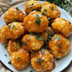 For crispy and tasty Buffalo Cauliflower Bites, gather these ingredients: - 1 head of cauliflower, cut into bite-sized florets - 1 cup all-purpose flour - 1 teaspoon garlic powder - 1 teaspoon onion powder - 1/2 teaspoon smoked paprika - 1/2 teaspoon salt - 1/4 teaspoon black pepper - 1 cup water (or non-dairy milk for creaminess) - 1 cup buffalo sauce (store-bought or homemade) - 2 tablespoons olive oil - Fresh parsley, chopped (for garnish) When choosing cauliflower, look for these signs of freshness: - Bright, white florets with no brown spots - Firm and compact head - Green, healthy leaves still attached - No soft or mushy areas Fresh cauliflower holds more flavor and crunch, which makes your bites taste better. You can easily adapt this recipe to fit your needs: - Gluten-free: Use gluten-free flour instead of all-purpose flour. - Vegan: Substitute non-dairy milk for water to keep it plant-based. - Low-carb: Replace flour with almond flour or crushed pork rinds. These substitutions keep the taste great while meeting your dietary needs. For the full recipe, check the detailed cooking instructions later in this article. To make Buffalo Cauliflower Bites, start by gathering your ingredients. Preheat your oven to 450°F (230°C). Line a baking sheet with parchment paper. This helps keep the bites from sticking. In a large bowl, mix one cup of all-purpose flour with one teaspoon each of garlic powder and onion powder. Add half a teaspoon of smoked paprika, half a teaspoon of salt, and a quarter teaspoon of black pepper. Whisk these dry ingredients together. Next, slowly add one cup of water or non-dairy milk to the bowl. This creates a smooth batter. Dip each cauliflower floret into the batter. Make sure each piece is well coated. Place the florets on the baking sheet. Bake them for 25 minutes. Remember to flip them halfway through for even cooking. While the cauliflower bakes, combine one cup of buffalo sauce with two tablespoons of olive oil in a bowl. Stir well. After 25 minutes, take the baking sheet out. Toss the baked cauliflower in the buffalo sauce mixture. Coat each piece well. Return them to the baking sheet and bake for another 10 minutes. This step helps the sauce stick better. Let the bites cool for a few minutes, then garnish with chopped parsley before serving. Watching a video can help you see each step clearly. Look for videos that show how to batter and bake the cauliflower. You can find many on cooking sites or platforms like YouTube. These videos often show tips on achieving the perfect crispiness. They also provide visual cues that can make cooking easier. To ensure your Buffalo Cauliflower Bites are crispy, follow these tips: - Use fresh cauliflower for best results. - Make sure the batter is thick enough to coat the florets. - Flip the florets halfway through baking for even browning. - Bake at a high temperature for crunch. - Toss in sauce right after baking for a crispier texture. These points will help you enjoy a tasty and crispy snack. For the complete recipe, check the section above. To get the best batter for your Buffalo Cauliflower Bites, use cold water or non-dairy milk. This helps keep the batter light and crispy. Mix your dry ingredients well before adding the liquid. This ensures an even coating on each floret. If the batter is too thick, add a bit more water. If it’s too thin, sprinkle in more flour. Make sure each cauliflower piece is well-coated for maximum flavor. Serve your Buffalo Cauliflower Bites with creamy ranch or blue cheese dressing. The cool dips balance the heat from the buffalo sauce. For extra zest, add sliced celery and carrots on the side. You can also sprinkle fresh herbs like cilantro or green onions on top for color and taste. Pair these bites with a crisp salad or some crunchy veggies for a complete snack. One common mistake is not preheating the oven. A hot oven helps the bites become crispy. Another mistake is overcrowding the baking sheet. Give each floret space to cook evenly. Avoid using too much batter; a thin layer works best. Lastly, don’t skip the final bake after tossing in the buffalo sauce. This step locks in the flavors and adds a nice finish. Follow these tips, and you will enjoy a tasty snack! {{image_2}} You can easily adapt Buffalo cauliflower bites to fit your taste. For a spicier kick, add cayenne pepper to the batter. If you want them vegan, swap the all-purpose flour with a gluten-free blend. Use almond milk instead of water for a creamy touch. You can even add nutritional yeast for a cheesy flavor without dairy. Dipping sauces can make your bites even better. Try a cool ranch made with vegan mayo and herbs. A creamy blue cheese dip pairs well with the spice of the buffalo sauce. You can also mix Greek yogurt with lemon juice and garlic for a tangy twist. A sweet chili sauce can balance the heat too. Leftover Buffalo cauliflower bites can be used in many ways. Chop them up and mix them into salads for extra flavor. You can add them to wraps with fresh veggies and a sauce. They also make a great topping for pizzas or grain bowls. Don’t let them go to waste; get creative with those bites! For the full recipe, refer to the earlier section. To keep your Buffalo Cauliflower Bites fresh, let them cool first. Place them in an airtight container. You can store them in the fridge for up to four days. If you want to keep them longer, consider freezing them. This method helps preserve their flavor and crunch. When it's time to enjoy leftovers, reheating is key. Preheat your oven to 400°F (200°C). Spread the cauliflower bites on a baking sheet. Heat them for about 10-15 minutes or until they are warm and crispy. Avoid microwaving, as this can make them soggy. If you want to freeze your Buffalo Cauliflower Bites, make sure they are fully cooled. Arrange them in a single layer on a baking sheet and freeze for an hour. Then, transfer them to a freezer-safe bag or container. They can last for up to three months. When ready to eat, you can bake them straight from the freezer without thawing. Just add a few extra minutes to the cooking time. Enjoy your flavorful snack! For the full recipe, check out the cooking instructions. Buffalo Cauliflower Bites can last about 3 to 5 days in the fridge. Store them in an airtight container to keep them fresh. They may lose some crispiness over time, but they still taste great. Yes, you can prepare Buffalo Cauliflower Bites ahead of time. You can coat the florets in batter and store them in the fridge for a few hours. Just bake them right before serving for the best results. You can also bake them fully and reheat them later, but they may not be as crispy. Buffalo Cauliflower Bites pair well with many sides. Here are some ideas: - Fresh veggie sticks like carrots and celery - A cool ranch or blue cheese dip - Hummus for a healthier option - A light salad for balance - Rice or quinoa for a heartier meal You can use the Full Recipe to whip up these tasty bites and impress your friends! Buffalo Cauliflower Bites are simple and fun to make. We covered ingredients, cooking steps, and storage tips. I shared ways to customize this dish for your needs and preferences. These bites are tasty and perfect for gatherings. Remember to avoid common mistakes for crispy bites. Enjoy experimenting with different flavors, dips, and uses for leftovers. Dive into making your own savory Buffalo Cauliflower Bites today. Happy cooking!