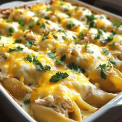 To make Chicken Alfredo Stuffed Shells, you will need: - 12 large jumbo pasta shells - 1 cup cooked chicken, shredded - 1 cup ricotta cheese - 1 cup grated mozzarella cheese, plus extra for topping - 1/2 cup grated Parmesan cheese - 1 cup Alfredo sauce (store-bought or homemade) - 1 teaspoon garlic powder - 1 teaspoon Italian seasoning - Salt and pepper to taste - Fresh parsley, chopped (for garnish) These ingredients come together to create a warm, cheesy hug in every bite. Choosing high-quality ingredients can make a big difference. Look for fresh mozzarella and ricotta. Fresh cheese has a rich taste that adds to the dish. If possible, use organic chicken for a better flavor. A good Alfredo sauce can elevate the whole dish, whether store-bought or homemade. I often create my own sauce to control the taste and texture. You can switch things up based on your taste or what you have at home. Consider adding: - Spinach for a pop of color and nutrients. - Mushrooms for an earthy flavor. - Bell peppers for a sweet crunch. If you want a creamier filling, mix in some cream cheese. You can also use ground turkey or even tofu for a different protein option. Don’t hesitate to get creative with your Chicken Alfredo Stuffed Shells! To start, preheat your oven to 375°F (190°C). This step is key for perfect cooking. Next, boil a large pot of salted water. Add the jumbo pasta shells and cook them until they are al dente. This usually takes around 9-11 minutes. Once done, drain the shells and set them aside. In a mixing bowl, combine the shredded chicken, ricotta cheese, grated mozzarella, and Parmesan cheese. Add garlic powder, Italian seasoning, and season with salt and pepper. Stir everything until it is well mixed. This filling is the heart of your dish. Now, grab a 9x13 inch baking dish. Spread half of the Alfredo sauce on the bottom. Take each cooked shell and stuff it with the chicken mixture. Place the filled shells in the baking dish, opening side up. Pour the rest of the Alfredo sauce over the shells. This ensures they stay moist and flavorful. Top with extra mozzarella cheese for that gooey finish. Cover the dish with aluminum foil to prevent burning. Bake the dish in your preheated oven for 20 minutes. This helps the flavors meld together. After that, remove the foil and bake for an additional 10 minutes. You want the cheese to be bubbly and golden. When stuffing the shells, don’t be shy! Use a generous amount of filling. This way, every bite is full of flavor. A small spoon or piping bag can help if you want neat filling. Make sure to keep the shells upright in the dish. This keeps the filling from leaking out. For the best results, allow the shells to cool for a few minutes before serving. Garnish with fresh chopped parsley for a pop of color. Enjoy your Chicken Alfredo Stuffed Shells! For more detailed steps, check out the Full Recipe. To get the best texture, cook the pasta shells until they are al dente. This keeps them from falling apart when you stuff them. Mixing the cheeses with the chicken gives a nice creamy texture. Adding garlic powder and Italian seasoning boosts the flavor. For a rich taste, use high-quality Alfredo sauce. You can make your own or use store-bought. The key is to coat each shell well with the sauce. This keeps them moist while baking. One common mistake is overcooking the pasta shells. If you let them cook too long, they become too soft. Another mistake is not seasoning the cheese mixture enough. Taste as you mix, and adjust with salt and pepper. Also, don’t skip the foil when baking. Covering the dish at first helps the shells heat evenly. Finally, avoid overloading the shells. Stuff them generously but don’t let the filling spill out. You’ll need a few basic tools to make this dish easy. A large pot for boiling water is essential. Use a mixing bowl for combining the filling. A 9x13 inch baking dish works best for baking the shells. A spoon or spatula helps with stuffing the shells. Use aluminum foil to cover the dish while baking. If you want to make it even easier, a piping bag can help stuff the shells neatly. For serving, a sharp knife makes cutting clean portions. For the best results, use a cheese grater for the Parmesan and mozzarella. {{image_2}} You can make a tasty vegetarian version. Start by swapping the chicken for spinach or mushrooms. You can also use a mix of both for extra flavor. Add ricotta cheese to keep it creamy. You can even toss in some sun-dried tomatoes for a touch of sweetness. This change keeps the dish rich and satisfying without meat. For a gluten-free option, choose gluten-free pasta shells. Many brands offer great alternatives that taste just as good. Make sure your Alfredo sauce is gluten-free too. You can easily make your own using gluten-free flour or cornstarch. This way, everyone can enjoy this dish without worry. If you like heat, try adding red pepper flakes to your chicken mixture. You can also use spicy sausage instead of chicken for a bolder taste. Another option is to mix jalapeños into the Alfredo sauce. These tweaks add a nice kick and elevate your stuffed shells to the next level. For the full recipe, check out the complete guide on chicken Alfredo stuffed shells! To keep your Chicken Alfredo Stuffed Shells fresh, use an airtight container. Place them in the fridge within two hours of cooking. They will stay good for about three to four days. If you used the Full Recipe, you might have some leftovers to enjoy later! When you are ready to eat your leftovers, preheat your oven to 350°F (175°C). Place the stuffed shells in a baking dish. Add a splash of Alfredo sauce to keep them moist. Cover the dish with foil to prevent drying out. Heat for about 20 minutes, or until warmed through. If you want to freeze your stuffed shells, do so before baking them. Prepare the shells, but do not bake. Place them in a freezer-safe container. You can freeze them for up to three months. When ready to cook, thaw them in the fridge overnight and bake as directed. This keeps the flavors fresh and delicious! The best type of pasta for stuffed shells is jumbo pasta shells. They are big enough to hold filling and sauce. Their shape makes them perfect for this dish. You can also use manicotti shells, which are similar in size. Just make sure they are sturdy to hold the filling. Yes, you can use store-bought Alfredo sauce. It saves time and cuts down on prep. Look for a high-quality sauce for the best taste. Some brands even offer organic or low-fat options. If you want a richer flavor, try making your own Alfredo sauce. It’s easy and boosts the dish. To make Chicken Alfredo stuffed shells ahead of time, prepare the filling and sauce first. Stuff the shells and place them in a baking dish. Cover tightly and store in the fridge for up to two days. When ready to bake, add a bit more sauce on top before cooking. You may need to adjust the baking time if the dish is cold. Yes, you can freeze Chicken Alfredo stuffed shells. After stuffing the shells, place them in a freezer-safe dish. Cover with plastic wrap and then foil to prevent freezer burn. They can last up to three months. Thaw them in the fridge overnight before baking. Adjust baking time as needed. You can serve a fresh salad or garlic bread with Chicken Alfredo stuffed shells. A simple green salad adds crunch and freshness. Garlic bread pairs well and soaks up the sauce. You could even add steamed vegetables for a colorful plate. To make the dish spicier, add crushed red pepper flakes to the filling. You can also mix in diced jalapeños or pepper jack cheese. Adjust the amount to suit your taste. A touch of hot sauce in the Alfredo sauce can kick up the heat too. To get that melty cheese texture, use a mix of cheeses. Mozzarella is great for melting, while Parmesan adds flavor. Cover the dish with foil during the first part of baking to keep moisture in. Remove the foil later to allow the cheese to brown. If your stuffed shells fall apart, they may be overcooked. Cook them just until al dente before stuffing. Be gentle when handling them. If they break, use the pieces in the dish as a rustic touch. It will still taste great! In this post, we explored how to create Chicken Alfredo Stuffed Shells. We reviewed the ingredients, cooking steps, and helpful tips to ensure success. You learned about variations to suit different diets, from vegetarian to gluten-free options. We also covered how to store and reheat leftovers effectively. Now, you can impress friends and family with this dish. Enjoy cooking and making memories with your delicious stuffed shells!