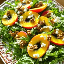 To make a great peach feta salad, gather these key ingredients: - 4 ripe peaches, sliced - 100g feta cheese, crumbled - 4 cups arugula (or mixed greens) - 1/4 cup walnuts, toasted and roughly chopped - 2 tablespoons olive oil - 1 tablespoon balsamic vinegar - 1 teaspoon honey - Salt and black pepper to taste These ingredients create a fresh and vibrant mix. The peaches add sweetness. The feta gives a creamy bite, while the walnuts add crunch. You can boost the taste with these optional ingredients: - Fresh mint leaves for garnish - A sprinkle of chili flakes for heat - Sliced red onion for a sharp note These extras can enhance the salad's flavor. Mint adds freshness, while onion can give a nice kick. Choosing the right peaches is key. Look for peaches that are: - Firm, but slightly soft to the touch - Fragrant, as this means they are ripe - Free from bruises or blemishes When selecting peaches, color matters too. A deep yellow or red hue often means great flavor. Fresh and ripe peaches will make your salad shine. If you want to make this salad, check out the Full Recipe for all the steps! First, wash the peaches under cool water. Dry them with a clean towel. Slice the peaches into thin wedges. Next, take the arugula or mixed greens. Rinse them to remove any dirt. Shake off the excess water and set them aside. Then, crumble the feta cheese into small pieces. In a large bowl, combine the sliced peaches and arugula. Gently mix them to avoid bruising the peaches. Next, add the crumbled feta cheese to the bowl. Sprinkle in the toasted walnuts for some crunch. Toss the mixture lightly to ensure everything is well distributed. In a small bowl, whisk together the olive oil, balsamic vinegar, and honey. Add a pinch of salt and black pepper to taste. Mix until the dressing is smooth and creamy. Drizzle this dressing over the salad mix. Toss gently, making sure to coat all the ingredients. The dressing should enhance the peach and feta flavors. This simple process makes a fresh and tasty Peach Feta Salad that is sure to impress. You can find the full recipe above to guide you through the steps. To make this salad shine, focus on fresh, ripe peaches. Choose peaches that feel slightly soft and smell sweet. The feta adds a salty kick, balancing the fruit's sweetness. For a touch of warmth, toast the walnuts before adding them. This step enhances their flavor and adds a nice crunch. Lastly, whisk the dressing well to blend the olive oil, balsamic vinegar, and honey. This will ensure every bite is tasty and well-seasoned. When serving your peach feta salad, presentation matters. Use a large platter to show off the colorful layers. Arrange the arugula first, then add the peaches and feta. Sprinkle the toasted walnuts on top for added texture. For extra flair, scatter fresh mint leaves around the salad. This not only looks good but also adds a fresh aroma. Serve it as a side dish at your next picnic or as a light lunch. To keep your salad fresh, store the dressing separately. This prevents the greens from wilting. If you have leftovers, it’s best to eat them within a day. Use a clean, airtight container for storage. For best flavor, wait to add the feta and walnuts until just before serving. This way, everything stays crisp and delicious. For more details, check out the Full Recipe to ensure you capture all the flavors perfectly. {{image_2}} You can change some ingredients in the Peach Feta Salad. For instance, if you want a creamier texture, try goat cheese instead of feta. If you like a crunch, swap walnuts with pecans or almonds. You can also use spinach instead of arugula for a milder taste. Don’t hesitate to experiment with different oils, like avocado oil, for a unique flavor. In summer, ripe peaches shine in this salad. In fall, try apples or pears for a crisp bite. During winter, pomegranates add a burst of color and flavor. In spring, strawberries can bring a sweet twist. Each season offers fresh choices to keep the salad exciting. To make this salad vegan, skip the feta and use avocado for creaminess. You can add chickpeas for protein. For a gluten-free option, ensure your walnuts and dressing are certified gluten-free. This salad can fit various diets while staying fresh and tasty. Enjoy the Peach Feta Bliss Salad with these changes! For the full recipe, check out the complete details above. To store leftovers of Peach Feta Salad, place any uneaten salad in a bowl. Cover it with plastic wrap or a lid to keep it fresh. You can store it in the fridge for up to two days. However, the salad tastes best when fresh. If you leave it too long, the arugula may wilt. Use airtight containers for the salad. Glass containers work well since they don’t stain or hold odors. If you use plastic, make sure it is BPA-free. Choose a container that fits the amount you have left. This helps keep the salad from getting crushed. This salad is best served cold, so reheating is not needed. If you prefer warm salad, you can warm up the feta cheese slightly. Just place it in a microwave for a few seconds. However, it’s important to avoid overheating, as this can change the taste and texture. Enjoy it fresh for the best experience! Yes, you can prepare this salad ahead. Just keep the dressing separate. Mix it right before serving. This keeps the greens fresh and crisp. You can use many fruits! Try nectarines, strawberries, or blueberries. Each adds a unique flavor. Feel free to mix and match for fun. To keep lettuce fresh, store it dry and in a cool place. Wrap it in a paper towel. Then, place it in a plastic bag. This helps reduce moisture and keeps it crisp. Yes, this salad is great for meal prep! Just store the ingredients separately. Combine them when ready to eat. This keeps everything fresh and tasty. You can find the Full Recipe for more details. In this blog post, we explored how to make a tasty Peach Feta Salad. We covered essential and optional ingredients, plus tips to pick the best peaches. You learned step-by-step instructions for preparing the salad and making the dressing. We shared tips for flavor and serving ideas. We also discussed how to store leftovers and answered common questions. Remember, you can customize this salad to fit your tastes and needs. Enjoy experimenting with your ingredients!