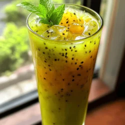 - 4 ripe kiwis, peeled and chopped - 3 passionfruits, halved and pulp scooped out - 4 cups cold water - 1/4 cup agave syrup (or to taste) - Juice of 1 lime - Fresh mint leaves for garnish - Ice cubes Choosing ripe kiwis is key for great taste. Look for kiwis that feel slightly soft when you press them. Their skin should be smooth and brown. If they are hard, they need more time to ripen. For fresh passionfruits, look for ones that are wrinkled. This means they are sweet and ready to eat. If they feel firm, they are not yet ripe. If you want a substitute for agave syrup, try honey or maple syrup. Both options add sweetness and flavor. Adjust the amount based on your taste. For the best flavors, always use fresh ingredients. This will make your Kiwi Passionfruit Agua Fresca shine. You can find the full recipe above to guide you through the steps. To make this drink, start with the kiwis. First, cut off both ends of each kiwi. Next, use a spoon to scoop out the green fruit from the skin. Then, chop the kiwis into small pieces. This makes it easier to blend later. Now, for the passionfruits, cut them in half. Use a spoon to scoop out the juicy pulp. Be sure to get all the seeds, as they add a nice texture but can be bitter. Set the pulp aside for blending. In a blender, combine the chopped kiwis, passionfruit pulp, and two cups of cold water. Blend on high until the mixture is smooth. This step is key to getting a creamy texture. After blending, strain the mixture through a fine-mesh sieve into a large pitcher. Use a spatula to push the liquid through. This helps to remove the seeds and any leftover pulp. Straining is important for a clean drink. Now it's time to combine everything! Add the remaining two cups of cold water to the pitcher. Then, pour in the agave syrup and lime juice. Stir well to mix all the ingredients together. Before serving, taste the agua fresca. If you want it sweeter, add more agave syrup. Chill the drink in the fridge for at least 30 minutes. When ready, serve over ice in tall glasses and garnish with fresh mint leaves. For the full recipe, check the complete instructions. Enjoy your refreshing summer drink! Choose tall glasses for serving agua fresca. The height shows off the vibrant colors. A clear glass lets guests see the drink's beauty. You can also use mason jars for a rustic touch. Add fresh mint leaves on top for a pop of green. This adds color and a fresh scent. You can also place a slice of kiwi or passionfruit on the rim. This makes each drink feel special. You can prepare this drink a few hours before your party. This saves you time and stress. Blend the ingredients, strain, and store it in the fridge. This keeps it fresh and cool for serving. Keep it in a sealed pitcher to avoid spills. The agua fresca stays fresh for up to two days. Just give it a good stir before serving again. Feel free to mix in other fruits. Strawberries, pineapple, or mango add unique flavors. Each fruit brings its own sweetness and taste. Want to make it a cocktail? Add a splash of rum or vodka. This gives your drink a fun twist for adults. Remember to keep the flavors balanced so each sip is delightful. For the full recipe, check the earlier section! {{image_2}} You can make Kiwi Passionfruit Agua Fresca even more exciting. Try adding other fruits like watermelon or cucumber. These fruits bring a refreshing taste and change the drink's texture. You can also mix in herbs like basil or mint for a unique twist. Just add a few leaves while blending. This will give your drink a fresh, aromatic flavor. This recipe is easy to adapt for different diets. To make it vegan-friendly, just use agave syrup. It’s a great sweetener that fits well with plant-based diets. If you want a lower-calorie drink, you can use less syrup or choose a sugar-free alternative. Look for sweeteners like stevia or monk fruit. These options keep the drink light and sweet without extra calories. In Mexico, agua fresca is a staple drink. Different regions have their own special twists. For example, some areas mix other fruits like mango or pineapple. In other Latin countries, they might add spices like cinnamon or even ginger. These little changes make each version unique and fun to explore. Store leftover agua fresca in a pitcher with a tight lid. Keep it in the fridge. It stays fresh for up to three days. The flavors blend and improve over time. However, it tastes best within 24 hours. You can freeze agua fresca for later use. Pour it into ice cube trays. Once frozen, transfer the cubes to a freezer bag. This way, you can enjoy it later. To thaw, place cubes in the fridge overnight. You can also add them directly to a glass. They will melt and chill your drink. Check for changes in smell or color. If it smells sour or looks cloudy, it may be bad. Also, taste a small sip. If the flavor is off, do not drink it. To keep your agua fresca fresh, always use clean utensils when serving. This prevents bacteria from spoiling it faster. Agua fresca is a light drink made from water, fruits, and sugar. It is perfect for hot days. You can find it in many places, especially in Mexico. Common fruits used are watermelon, cantaloupe, and, of course, kiwi and passionfruit. The drink is refreshing and tasty, making it a summer favorite. Yes, you can! If you don’t have a blender, use a fork or a potato masher. Mash the soft fruits like kiwi and passionfruit in a bowl. Then, mix in cold water and sugar. Strain the mixture through a fine sieve to remove seeds and pulp. This method takes more time but still gives you a tasty drink. Agua fresca will last about 2 to 3 days in the fridge. To keep it fresh, store it in an airtight container. If you notice any changes in smell or color, it’s best to toss it. For the best taste, drink it within the first day or two. This way, you enjoy its bright flavors at their peak. This blog post shows you how to make a delicious agua fresca using fresh fruits like kiwis and passionfruits. You learned about ingredient quality, preparation steps, and how to serve it beautifully. Remember, you can customize your drink to suit your taste. It’s easy to store and even freeze. With these tips, you can impress your friends at any gathering. Enjoy creating your refreshing beverage and experimenting with flavors. Now, get your ingredients ready and start blending!