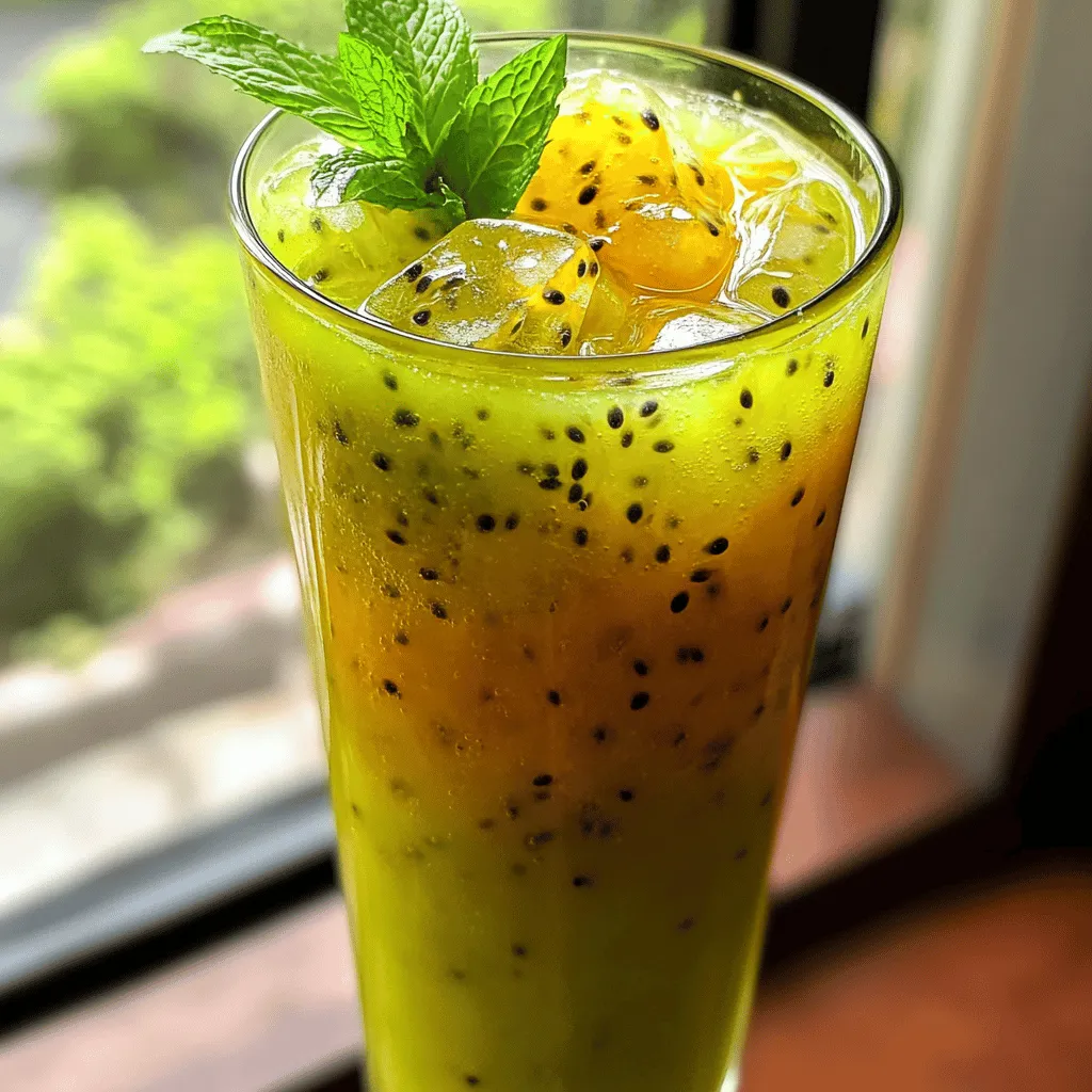 - 4 ripe kiwis, peeled and chopped - 3 passionfruits, halved and pulp scooped out - 4 cups cold water - ¼ cup agave syrup (or to taste) - Juice of 1 lime - Fresh mint leaves for garnish - Ice cubes Choosing ripe kiwis is key for great taste. Look for kiwis that feel slightly soft when you press them. Their skin should be smooth and brown. If they are hard, they need more time to ripen. For fresh passionfruits, look for ones that are wrinkled. This means they are sweet and ready to eat. If they feel firm, they are not yet ripe. If you want a substitute for agave syrup, try honey or maple syrup. Both options add sweetness and flavor. Adjust the amount based on your taste. For the best flavors, always use fresh ingredients. This will make your Kiwi Passionfruit Agua Fresca shine. You can find the full recipe above to guide you through the steps. To make this drink, start with the kiwis. First, cut off both ends of each kiwi. Next, use a spoon to scoop out the green fruit from the skin. Then, chop the kiwis into small pieces. This makes it easier to blend later. Now, for the passionfruits, cut them in half. Use a spoon to scoop out the juicy pulp. Be sure to get all the seeds, as they add a nice texture but can be bitter. Set the pulp aside for blending. In a blender, combine the chopped kiwis, passionfruit pulp, and two cups of cold water. Blend on high until the mixture is smooth. This step is key to getting a creamy texture. After blending, strain the mixture through a fine-mesh sieve into a large pitcher. Use a spatula to push the liquid through. This helps to remove the seeds and any leftover pulp. Straining is important for a clean drink. Now it's time to combine everything! Add the remaining two cups of cold water to the pitcher. Then, pour in the agave syrup and lime juice. Stir well to mix all the ingredients together. Before serving, taste the agua fresca. If you want it sweeter, add more agave syrup. Chill the drink in the fridge for at least 30 minutes. When ready, serve over ice in tall glasses and garnish with fresh mint leaves. For the full recipe, check the complete instructions. Enjoy your refreshing summer drink! Choose tall glasses for serving agua fresca. The height shows off the vibrant colors. A clear glass lets guests see the drink's beauty. You can also use mason jars for a rustic touch. Add fresh mint leaves on top for a pop of green. This adds color and a fresh scent. You can also place a slice of kiwi or passionfruit on the rim. This makes each drink feel special. You can prepare this drink a few hours before your party. This saves you time and stress. Blend the ingredients, strain, and store it in the fridge. This keeps it fresh and cool for serving. Keep it in a sealed pitcher to avoid spills. The agua fresca stays fresh for up to two days. Just give it a good stir before serving again. Feel free to mix in other fruits. Strawberries, pineapple, or mango add unique flavors. Each fruit brings its own sweetness and taste. Want to make it a cocktail? Add a splash of rum or vodka. This gives your drink a fun twist for adults. Remember to keep the flavors balanced so each sip is delightful. For the full recipe, check the earlier section! {{image_2}} You can make Kiwi Passionfruit Agua Fresca even more exciting. Try adding other fruits like watermelon or cucumber. These fruits bring a refreshing taste and change the drink's texture. You can also mix in herbs like basil or mint for a unique twist. Just add a few leaves while blending. This will give your drink a fresh, aromatic flavor. This recipe is easy to adapt for different diets. To make it vegan-friendly, just use agave syrup. It’s a great sweetener that fits well with plant-based diets. If you want a lower-calorie drink, you can use less syrup or choose a sugar-free alternative. Look for sweeteners like stevia or monk fruit. These options keep the drink light and sweet without extra calories. In Mexico, agua fresca is a staple drink. Different regions have their own special twists. For example, some areas mix other fruits like mango or pineapple. In other Latin countries, they might add spices like cinnamon or even ginger. These little changes make each version unique and fun to explore. Store leftover agua fresca in a pitcher with a tight lid. Keep it in the fridge. It stays fresh for up to three days. The flavors blend and improve over time. However, it tastes best within 24 hours. You can freeze agua fresca for later use. Pour it into ice cube trays. Once frozen, transfer the cubes to a freezer bag. This way, you can enjoy it later. To thaw, place cubes in the fridge overnight. You can also add them directly to a glass. They will melt and chill your drink. Check for changes in smell or color. If it smells sour or looks cloudy, it may be bad. Also, taste a small sip. If the flavor is off, do not drink it. To keep your agua fresca fresh, always use clean utensils when serving. This prevents bacteria from spoiling it faster. Agua fresca is a light drink made from water, fruits, and sugar. It is perfect for hot days. You can find it in many places, especially in Mexico. Common fruits used are watermelon, cantaloupe, and, of course, kiwi and passionfruit. The drink is refreshing and tasty, making it a summer favorite. Yes, you can! If you don’t have a blender, use a fork or a potato masher. Mash the soft fruits like kiwi and passionfruit in a bowl. Then, mix in cold water and sugar. Strain the mixture through a fine sieve to remove seeds and pulp. This method takes more time but still gives you a tasty drink. Agua fresca will last about 2 to 3 days in the fridge. To keep it fresh, store it in an airtight container. If you notice any changes in smell or color, it’s best to toss it. For the best taste, drink it within the first day or two. This way, you enjoy its bright flavors at their peak. This blog post shows you how to make a delicious agua fresca using fresh fruits like kiwis and passionfruits. You learned about ingredient quality, preparation steps, and how to serve it beautifully. Remember, you can customize your drink to suit your taste. It’s easy to store and even freeze. With these tips, you can impress your friends at any gathering. Enjoy creating your refreshing beverage and experimenting with flavors. Now, get your ingredients ready and start blending!