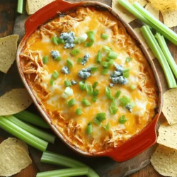 To make a tasty Buffalo Chicken Dip, gather these ingredients: - 2 cups shredded cooked chicken - 1 cup cream cheese, softened - 1 cup ranch dressing - 1 cup buffalo sauce (adjust to taste) - 1 cup shredded cheddar cheese - 1/2 cup blue cheese crumbles - 2 green onions, finely chopped - Tortilla chips or celery sticks for serving - Shredded cooked chicken adds protein and heartiness to the dip. - Cream cheese gives the dip its creamy texture and rich flavor. - Ranch dressing adds a cool, tangy taste that balances the heat. - Buffalo sauce is what makes this dip spicy and flavorful. - Shredded cheddar cheese brings a sharp, savory taste. - Blue cheese crumbles add a bold flavor and creamy texture. - Green onions give a fresh crunch and bright color. - Tortilla chips or celery sticks are perfect for scooping up the dip. When shopping for these ingredients, focus on freshness. Look for: - Cooked chicken from a reputable store or use rotisserie chicken for ease. - Cream cheese that is fresh and not close to its expiration date. - Buffalo sauce that has a good balance of heat and flavor. - Cheese that is grated fresh for better melting and taste. - Green onions that are crisp and vibrant in color. Choosing quality ingredients enhances the flavor and texture of your Buffalo Chicken Dip. You can find the full recipe to guide you through the cooking process. Start by preheating your oven to 350°F (180°C). This helps the dip cook evenly. Take a large mixing bowl and add softened cream cheese and ranch dressing. Mix these two until they are smooth. Next, add the shredded chicken and buffalo sauce. Stir well to make sure all the chicken is coated. Then, fold in the shredded cheddar and half of the blue cheese. This makes the dip creamy and cheesy. Finally, spread the mixture in a baking dish. Sprinkle the rest of the blue cheese and chopped green onions on top. While baking, look for the dip to bubble. You want a light golden color on top. This shows that the dip is ready. If you see it bubbling and the cheese is melting, it’s almost done. The smell will be amazing too! Your kitchen will smell like a game day party. Bake the dip for 20 to 25 minutes. Keep an eye on it during the last few minutes. If it looks golden and bubbly, it’s time to take it out. Let it cool for a few minutes before serving. This helps prevent burns and makes it easier to dip. For the full recipe, check the earlier section. To get a creamy texture, use softened cream cheese. This helps it mix well with the ranch dressing. I suggest blending the cream cheese with a mixer. It ensures no lumps remain. Mix until smooth. You can also warm it slightly in the microwave for 10-15 seconds if needed. This makes it easier to combine with the other ingredients. To adjust the heat level, change the amount of buffalo sauce. Start with one cup, then taste. You can add more if you like it spicy. If it’s too hot, mix in more cream cheese or ranch dressing to cool it down. You can even use a milder hot sauce if you prefer a gentler kick. You can prepare this dip ahead of time to save stress on game day. Mix all the ingredients and place them in a baking dish. Cover it with plastic wrap and store it in the fridge. You can bake it when you are ready. Just add a few minutes to the baking time if it’s cold from the fridge. This dip tastes great warm and is perfect for sharing with friends. For the full recipe, refer to the earlier section. {{image_2}} You can easily adjust the heat in your Buffalo Chicken Dip. For a spicy kick, add more buffalo sauce. If you want it mild, use less sauce. You can also choose a milder sauce brand. Some people like to mix in jalapeños for extra heat. Others prefer a sweet chili sauce for a twist. Experiment and find what works best for you. You can change some ingredients to fit different diets. For a lighter dip, use Greek yogurt instead of cream cheese. If you're vegan, try using plant-based cream cheese and a vegan ranch. You can also swap out the chicken for shredded jackfruit for a meatless version. This way, everyone at your gathering can enjoy the dip. Serve your Buffalo Chicken Dip with different dippers. Tortilla chips are classic, but celery sticks add crunch. You can also use carrot sticks, pita chips, or even sliced bell peppers. For a fun twist, serve it in a bread bowl. This not only looks great but adds flavor too. Pair the dip with cold drinks like soda or beer for a great game day snack. After enjoying a fun game day, you might have some Buffalo Chicken Dip left. To store it, let it cool to room temperature. Then, place it in an airtight container. This keeps the dip fresh. You can store it in the fridge for up to three days. For longer storage, you can freeze it. Use a freezer-safe container, and it will last for up to three months. Just be sure to label the container with the date. When you're ready to enjoy your leftover dip, you want it to taste great. If it's in the fridge, take it out and let it sit for about 15 minutes. This helps it warm up a bit. Then, you can reheat it in the oven. Preheat the oven to 350°F (180°C) and place the dip in a baking dish. Heat for 15-20 minutes or until hot and bubbly. Stir it halfway through for even heating. If you use a microwave, heat in short bursts of 30 seconds. Stir in between to keep the texture creamy. Buffalo Chicken Dip is best when fresh, but it can last a bit. In the fridge, it can sit for about three days. If frozen, it can last for three months. Always check for signs of spoilage. If the dip smells sour or has a strange color, it’s time to toss it. A change in texture can also be a sign. Trust your senses! Keeping these tips in mind will help you enjoy every bite of your Buffalo Chicken Dip Delight. For the full recipe, check the earlier sections. Yes, you can use rotisserie chicken. It saves time and adds great flavor. Just shred the chicken and mix it in. You can skip cooking chicken from scratch. This makes the dip quick and easy. Serve Buffalo Chicken Dip warm. Place it in a nice baking dish. Add some green onions on top for color. Surround the dip with tortilla chips or celery sticks. This makes it easy for guests to grab some. You can also offer sliced veggies for a fresh touch. To make a healthier version, you can use low-fat cream cheese and dressing. Swap blue cheese for a lighter cheese, like feta. You can also reduce the buffalo sauce if you want less heat. Serve with more veggies and fewer chips to cut calories. Buffalo Chicken Dip mixes bold flavors with simple steps. We've covered the key ingredients and their roles. Remember to source quality items for the best taste. You now have clear steps for perfect preparation and baking. Tips on texture and spice let you customize this dish to your liking. Don’t forget the fun variations and unique ways to serve. Proper storage keeps leftovers tasty. With this guide, you’re ready to impress at your next gathering. Enjoy making and sharing this fantastic dip!