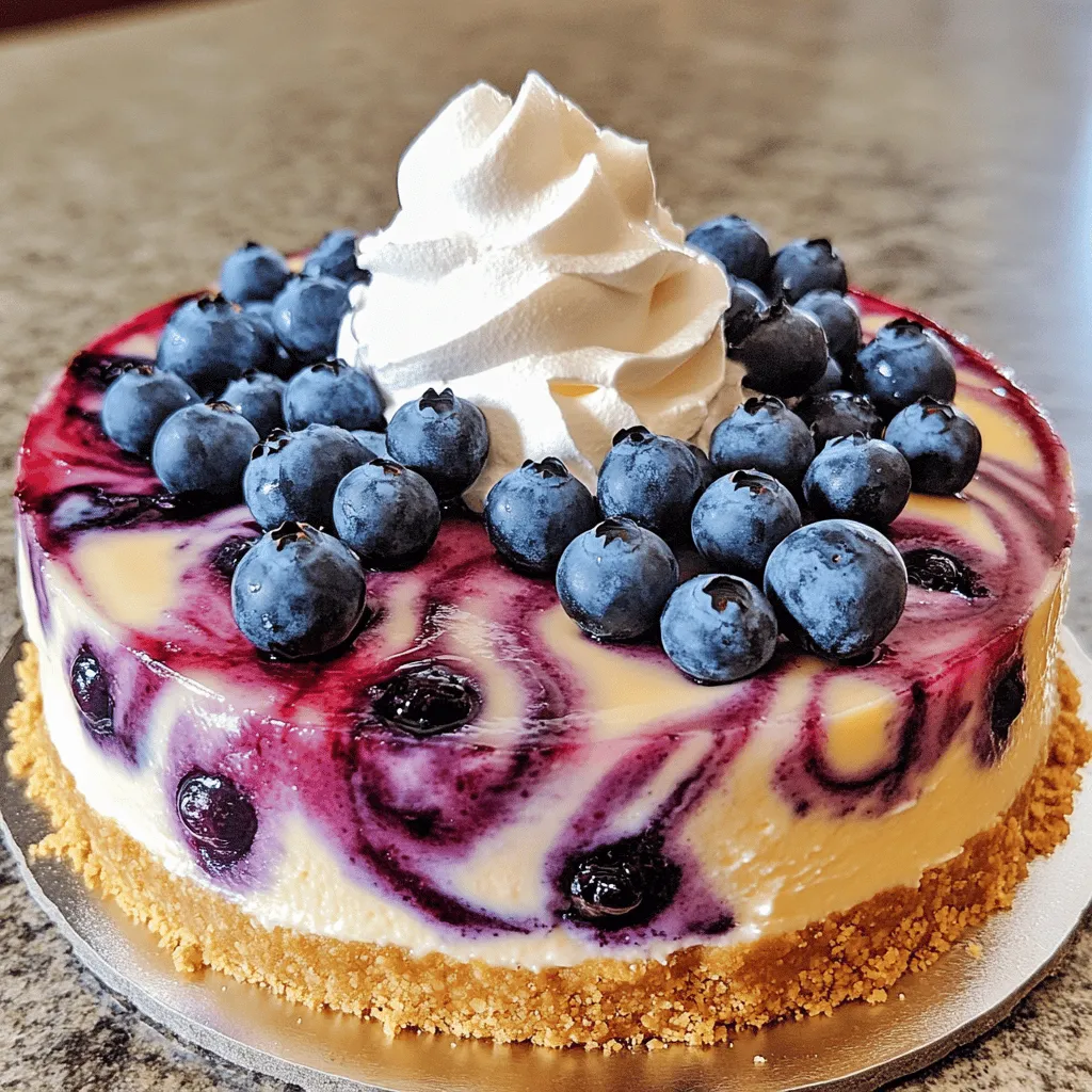 - 4 (8 oz) packages cream cheese, softened - 1 ½ cups graham cracker crumbs - 1 ½ cups fresh blueberries Cream cheese gives the cheesecake its creamy texture. Use full-fat for the best taste. Graham cracker crumbs form the crust. They add crunch and sweetness. Fresh blueberries create the delightful swirl. Their flavor shines in every bite. - ½ cup unsalted butter, melted - 1 cup granulated sugar, divided - 1 cup sour cream Unsalted butter helps the crust hold together. It adds richness to the cheesecake. Granulated sugar sweetens the cream cheese mixture. It balances the tartness of the blueberries. Sour cream makes the filling smooth and tangy. It adds depth to the flavor. - Dairy-Free Options - Sugar Substitutes - Alternative Crusts For a dairy-free version, use cream cheese alternatives. Look for those made from nuts or soy. You can swap granulated sugar for coconut sugar or stevia. This can lower calories. If you want a different crust, try crushed nuts or oats. They can add a unique texture and taste. For the full recipe, check out the details above. Enjoy making your cheesecake! Mixing Ingredients To start, gather your ingredients for the crust. You need: - 1 ½ cups graham cracker crumbs - ½ cup unsalted butter, melted - ¼ cup granulated sugar In a medium bowl, mix the graham cracker crumbs with the melted butter and sugar. Stir well until it looks like wet sand. This mixture is your crust. Baking the Crust Now, press this mixture firmly into the bottom of a 9-inch springform pan. Make sure it’s even and compact. Bake the crust at 325°F (160°C) for about 8 to 10 minutes. It should be set but not brown. Once done, take it out and let it cool. Beating Cream Cheese In a large mixing bowl, take four packages of softened cream cheese. Use an electric mixer and beat it until it’s smooth and creamy. This takes about 2 to 3 minutes. Incorporating Other Ingredients Gradually add in ¾ cup of granulated sugar while mixing. Next, add one teaspoon of vanilla extract. Then, add the eggs one at a time, mixing on low speed. Be careful not to overmix. Finally, mix in one cup of sour cream until smooth. Layering Techniques First, spoon about half of your cream cheese mixture into the cooled crust. Spread it evenly. Then, take half of your fresh blueberries and sprinkle them on top. Creating the Blueberry Swirl Add the rest of the cream cheese mixture on top. Now, take a knife or spatula and gently swirl in the remaining blueberries. This will create a lovely marbled effect. Now you are ready to bake your cheesecake. For the full recipe, refer to the detailed instructions provided earlier. Enjoy your baking! Avoiding Cracks To avoid cracks, bake your cheesecake slowly. Keep the oven door slightly open when done. This helps cool it down slowly. Achieving the Right Texture For a creamy texture, ensure all ingredients are at room temperature. Mix gently to keep air bubbles out. Overmixing can lead to a dense cake. Presentation Ideas For a beautiful presentation, place your cheesecake on a colorful plate. Add a few fresh blueberries around the edge for color. A sprig of mint also adds charm. Toppings to Enhance Flavor Top your cheesecake with whipped cream for a light touch. You can also drizzle a berry sauce over it for extra flavor and elegance. Overmixing Batter Overmixing can make your cheesecake too fluffy. Mix just until smooth. This keeps the texture dense and creamy. Using Cold Ingredients Using cold ingredients can cause lumps. Always let cream cheese and eggs sit out before you start. This helps them blend well into the batter. {{image_2}} You can switch up the fruit in your cheesecake. Try using raspberries or strawberries for a fresh twist. These fruits have their own unique flavors and colors. You can also make a chocolate swirl version. Just melt some dark chocolate and fold it into the cream cheese mix. This adds richness and depth to your cheesecake. If you need a gluten-free option, use gluten-free graham crackers for the crust. This way, everyone can enjoy your cheesecake! For vegan options, replace cream cheese with a plant-based cream cheese. Use silken tofu blended with a bit of lemon juice for a creamy texture. These swaps let you enjoy cheesecake without dairy. Making mini cheesecakes is easy and fun! Use a muffin tin lined with paper cups. Fill each cup with the cheesecake batter. This way, you have perfect little servings. You can also use different pan sizes. A 9-inch springform pan is great, but an 8-inch pan or even a square dish works well, too. Just adjust the baking time as needed. For more tips, check out the Full Recipe. How Long Does It Last? Blueberry swirl cheesecake lasts up to five days in the fridge. Store it in an airtight container. This keeps it fresh and tasty. Best Practices for Storing Always let the cheesecake cool completely. Once cool, cover it well with plastic wrap or foil. This prevents drying out and keeps the flavors intact. How to Freeze Cheesecake You can freeze blueberry swirl cheesecake for up to three months. First, slice it into pieces. Wrap each slice in plastic wrap. Then, place the slices in a freezer-safe bag. Thawing Tips To thaw, put the cheesecake in the fridge overnight. This keeps it moist. Avoid thawing at room temperature as it can change the texture. Tips for Serving from the Fridge Serve cheesecake straight from the fridge for the best taste. It offers a nice, cool contrast to the rich filling. How to Warm Up if Desired If you prefer warm cheesecake, place a slice in the microwave for 10 to 15 seconds. This gives a soft, creamy texture without making it too hot. Enjoy the delightful flavor! Yes, you can make this cheesecake a day in advance. It tastes even better after chilling overnight. Just cover it well in the fridge. This helps the flavors blend and makes serving easy. If you need a substitute for sour cream, use Greek yogurt. It has a similar texture and tangy flavor. You can also try cream cheese mixed with a bit of lemon juice. Both will work well in this recipe. The cheesecake is done when the edges are set. The center should still jiggle lightly. This slight jiggle means it will firm up as it cools. Keep an eye on it during the last few minutes of baking. Cracks can happen for a few reasons. Overmixing the batter can add too much air. Also, if the temperature changes too fast, cracks may form. To avoid this, leave the cheesecake in the oven with the door slightly open for an hour after baking. Serve your cheesecake with a dollop of whipped cream. Add some fresh blueberries on top for color. You can also drizzle a blueberry sauce over each slice for extra flavor. This makes the dessert even more appealing. For the full recipe, be sure to check the details above! In this post, I explored the key ingredients for blueberry swirl cheesecake. You learned how cream cheese and fresh blueberries blend to create a delicious treat. I provided step-by-step instructions to guide you through the process. There are tips to avoid common mistakes, variations for different diets, and storage tips to keep your dessert fresh. Enjoy creating your cheesecake and experimenting with flavors. Remember, practice makes perfect, so don’t hesitate to try new things!