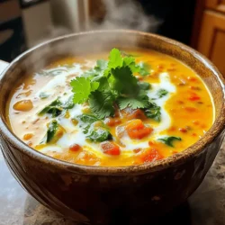 - 1 cup dried red lentils, rinsed - 1 can (13.5 oz) coconut milk - 1 medium onion, diced - 2 cloves garlic, minced - 1 tablespoon fresh ginger, grated - 1 tablespoon red curry paste (adjust to taste) - 1 teaspoon turmeric powder - 1 teaspoon ground coriander - 1/2 teaspoon cumin - 4 cups vegetable broth - 1 cup diced tomatoes (fresh or canned) - 1 cup spinach, chopped - 2 tablespoons lime juice - Salt and pepper to taste - Fresh cilantro, for garnish The ingredients in this Coconut Curry Lentil Soup work together to create a warm, rich flavor. Lentils provide protein and fiber, which makes them a great base. Coconut milk adds creaminess and a tropical taste, while the spices bring a kick. - Calories per serving: Around 300 calories - Macros breakdown: - Carbohydrates: 45g - Protein: 12g - Fats: 10g The health benefits of the main ingredients are impressive. Lentils are high in protein and fiber, which help you feel full. Coconut milk offers healthy fats that are good for your heart. Turmeric is known for its anti-inflammatory properties, while spinach gives you essential vitamins. You can find the full recipe and more details to help you make this dish. To make Coconut Curry Lentil Soup, start by gathering your ingredients. Here’s what you need: - 1 cup dried red lentils, rinsed - 1 can (13.5 oz) coconut milk - 1 medium onion, diced - 2 cloves garlic, minced - 1 tablespoon fresh ginger, grated - 1 tablespoon red curry paste (adjust to taste) - 1 teaspoon turmeric powder - 1 teaspoon ground coriander - 1/2 teaspoon cumin - 4 cups vegetable broth - 1 cup diced tomatoes (fresh or canned) - 1 cup spinach, chopped - 2 tablespoons lime juice - Salt and pepper to taste - Fresh cilantro, for garnish First, heat a little oil in a large pot over medium heat. Add the diced onion. Sauté until the onion looks soft and translucent, which takes about 5 minutes. This step builds a rich base for your soup. Next, add the minced garlic and grated ginger to the pot. Cook for one more minute. This will release a lovely aroma. Now it’s time to add spices! Stir in the red curry paste, turmeric, ground coriander, and cumin. Cook while stirring for about 2-3 minutes. Toasting the spices makes them pop, enhancing the flavor. After the spices are toasted, pour in the vegetable broth. Then, add the rinsed lentils and diced tomatoes. Bring this mixture to a boil. Once boiling, reduce the heat to low. Cover the pot and let it simmer for around 20 minutes. This is the perfect time for the lentils to become tender. As the lentils cook, you will see them soften and swell. This means they’re cooking well. When the lentils are tender, stir in the coconut milk and chopped spinach. Cook for an additional 5 minutes until the spinach wilts. This adds a nice green color and boosts nutrition. Finally, remove the pot from heat and stir in the lime juice. Season with salt and pepper to taste. Now that your soup is ready, let’s talk about how to serve it. For garnishing, sprinkle fresh cilantro on top. This adds color and a fresh taste. For serving sizes, this recipe makes about four servings. You can portion it into bowls that are perfect for sharing. Pair your Coconut Curry Lentil Soup with warm naan bread or steamed rice. These sides complement the soup’s flavors and make the meal more filling. For the full recipe, you can check the detailed instructions. Enjoy your delicious and nourishing soup! How can you adjust the spiciness levels? Use different curry pastes. Each paste has its own heat. If you like it mild, use less red curry paste. For a kick, add more. What about enhancing flavors? Fresh herbs help a lot. Try cilantro or basil. Spices like cumin and turmeric add depth. They work well with coconut milk. Don’t have all the ingredients? No problem! You can swap items. If you lack lentils, chickpeas work too. Missing spinach? Use kale or any greens you like. What if you want to cook differently? Try an instant pot or slow cooker. These methods save time. The flavors blend well in these pots. Are there time adjustments? Yes! An instant pot cooks it in about 10 minutes. A slow cooker may take 6 to 8 hours on low. How do you reheat without losing flavor? Use low heat. Add a splash of broth if it’s too thick. Stir well to keep it creamy. For the full recipe, check the section above. Enjoy your nourishing meal! {{image_2}} You can change up the Coconut Curry Lentil Soup in fun ways. Try adding different proteins. Chickpeas are a great choice. They add texture and protein. If you want meat, diced chicken works too. Switching veggies is easy. You can add kale for a boost of greens. Carrots add sweetness and color. Bell peppers give a nice crunch. Feel free to mix and match based on what you have. If you're looking for dairy-free options, coconut milk already makes this soup creamy. You can skip the lime juice if you want less acidity. Always taste your soup as you go. Spices are the heart of this soup. You can add more spices to change the flavor. Try a pinch of cinnamon for warmth. A dash of chili flakes can kick up the heat. Coconut curry has many regional styles. In Thailand, you might use lemongrass or kaffir lime leaves. In India, add garam masala for a deeper flavor. Each twist gives your soup a new life. For serving, get creative! Serve it over rice for a filling meal. You can also use bowls and top with fresh herbs. A squeeze of lime right before eating brightens the dish. For the full recipe, check back to make the most out of this nourishing meal. After you enjoy your Coconut Curry Lentil Soup, store any leftovers in the fridge. Use an airtight container to keep it fresh. The soup tastes even better the next day as the flavors meld together. When you’re ready to freeze, let the soup cool completely first. Portion it into freezer-safe bags or containers. This way, you can thaw just what you need later. When reheating, do it gently over low heat. Stir often to keep the soup smooth. If it looks too thick, add a splash of vegetable broth or water. This step helps the soup stay creamy and delicious. In the fridge, your Coconut Curry Lentil Soup lasts about 3 to 4 days. If you freeze it, expect it to stay good for 2 to 3 months. Always check for signs of spoilage before eating. Look for off smells, changes in color, or mold. If you see any of these signs, it’s best to discard the soup. Food safety is key to enjoying every bite! What can I use instead of red lentils? If you can't find red lentils, try green or brown lentils. They work well too, but remember they take longer to cook. Adjust your cooking time to ensure they become tender. Is Coconut Curry Lentil Soup gluten-free? Yes, this Coconut Curry Lentil Soup is gluten-free. All the ingredients listed, like coconut milk and vegetable broth, are safe for a gluten-free diet. This makes it a great choice for those with gluten sensitivity. Can I make this soup in advance? Absolutely! You can make this soup ahead of time. Just store it in the fridge for up to three days. You can also freeze it for longer storage. Just thaw and reheat when you are ready to enjoy. Can I adjust the consistency of the soup? Yes, you can adjust the soup’s thickness. If you want it thicker, cook it a bit longer without the lid. For a thinner soup, add more vegetable broth or water and stir. What to serve with Coconut Curry Lentil Soup? This soup pairs well with warm naan or rice. You might also enjoy it with a fresh salad. The flavors blend well and make for a complete meal. How spicy is this Coconut Curry recipe? The spice level depends on the amount of red curry paste you use. Start with one tablespoon and taste as you go. You can always add more if you like it spicier! This blog post has covered a complete guide to Coconut Curry Lentil Soup. We explored key ingredients, cooking steps, and nutrition facts. You learned tips for perfecting the soup and creative variations. Enjoying this dish means not only a warm meal but also a hearty boost. With simple swaps and methods, you can make it unique. I hope you feel inspired to try this recipe. It’s a tasty way to nourish body and soul.