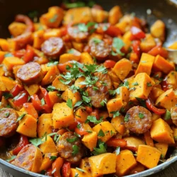 - 2 medium sweet potatoes, peeled and diced - 1 link of Andouille sausage, sliced - 1 red bell pepper, diced - 1 onion, chopped - 2 cloves garlic, minced - 1 teaspoon smoked paprika - 1/2 teaspoon cayenne pepper (adjust to taste) - 2 tablespoons olive oil - Salt and pepper to taste - Fresh parsley, chopped (for garnish) Sweet potatoes are the star here. They add a natural sweetness and a creamy texture. I love how they balance the spicy kick from Andouille sausage. This sausage brings a smoky flavor that really enhances the dish. Don’t forget the veggies! The red bell pepper and onion add color and crunch. Garlic boosts the taste with its strong aroma. The smoked paprika gives warmth, while cayenne adds heat. You can adjust the cayenne to fit your taste. Olive oil is key for cooking everything together. It helps the sweet potatoes get nice and tender. Season with salt and pepper to bring out all the flavors. Fresh parsley adds a pop of green and a fresh finish. This recipe is simple but packed with flavor. For the full experience, follow the full recipe. Enjoy every bite! Cooking the Sweet Potatoes Start by heating two tablespoons of olive oil in a large skillet over medium heat. Next, peel and dice two medium sweet potatoes. Once the oil is hot, add the sweet potatoes to the skillet. Sauté them for about ten minutes. Stir them often to keep them from sticking. They should become slightly tender but not fully cooked yet. Browning the Andouille Sausage After the sweet potatoes have cooked a bit, push them to one side of the skillet. Add one sliced link of Andouille sausage to the empty side. Cook the sausage for five to seven minutes. This browning adds flavor. Once done, mix the sausage with the sweet potatoes. Combining Ingredients and Cooking Together Now, chop one onion and one red bell pepper. Mince two cloves of garlic. Add these veggies to the skillet with the sweet potatoes and sausage. Sprinkle in one teaspoon of smoked paprika and half a teaspoon of cayenne pepper. Stir everything well to combine. Cook for another five to seven minutes until all the veggies are tender. Season with salt and pepper to taste. Remove from heat and let it sit for a minute. This allows the flavors to blend. For the full recipe, check out the details above. Ensuring Proper Cooking Times To get the best taste, cook each ingredient the right way. Sweet potatoes need around 10 minutes to soften. Andouille sausage needs about 5 to 7 minutes to brown nicely. Stir often to keep things even. Enhancing Flavors with Spices Spices make this dish shine. I love using smoked paprika for depth. A bit of cayenne pepper gives it a kick. Feel free to adjust spice levels to match your taste. Just remember, start small and add more if you want. Avoiding Common Mistakes One mistake is overcrowding the pan. If you add too many ingredients at once, they won’t cook well. Give everything room to breathe. Another tip is not to skip the garlic. It brings a rich flavor that ties everything together. For the full recipe, check out the Sweet Potato & Andouille Sausage Skillet. Enjoy making this meal! {{image_2}} You can switch Andouille sausage for other meats. Try chicken sausage for a lighter meal. Turkey sausage adds a nice flavor without too much fat. If you're vegetarian, use tempeh or tofu for protein. They soak up flavors well and keep the dish hearty. Feel free to mix in more veggies. Zucchini, corn, or spinach make great additions. For a crunch, add green beans or snap peas. These veggies add color and nutrients, making the dish even better. Just chop them small, so they cook evenly. You can control the heat in this dish. If you like it milder, cut down on cayenne pepper. For more heat, add chili flakes or a dash of hot sauce. You can also try different spices like cumin or coriander for a unique taste. Adjusting spices lets you make it your own. Try these variations to create your perfect Sweet Potatoes & Andouille Sausage meal. Check out the Full Recipe for more tips and ideas! After you enjoy your Sweet Potatoes & Andouille Sausage, store leftovers properly. Let the dish cool down first. Then, place it in an airtight container. It will stay fresh in the fridge for up to three days. Always keep it covered to prevent drying out. If you want to save it longer, freezing is a great option. Pack the cooled dish into a freezer-safe container. Make sure to leave some space at the top. This allows for expansion as it freezes. You can keep it frozen for up to three months. To reheat, you can use the microwave or stovetop. For the microwave, place a portion in a bowl and cover it. Heat in short bursts, stirring in between. For the stovetop, warm it in a skillet over low heat. Add a splash of water or broth to help it heat evenly. Always check that it’s hot throughout before serving. These steps will help you enjoy your meal again while keeping it tasty and safe! Can I use different types of potatoes? Yes, you can use other potatoes. Russets or Yukon Golds will work well. They will change the taste and texture. Sweet potatoes bring a natural sweetness that pairs well with Andouille sausage. What can I serve with Sweet Potatoes & Andouille Sausage? Pair this dish with a simple salad or some crusty bread. A fresh green salad adds a nice crunch. You can also serve it with rice or quinoa for extra fiber. How can I make this recipe healthier? To make it healthier, use turkey or chicken sausage. You can reduce the oil or use a cooking spray. Adding more veggies is another great way to boost nutrition. Try spinach, kale, or zucchini for added flavor and color. For the full recipe, check out the Sweet Potato & Andouille Sausage Skillet. This blog post covered how to make a tasty dish with sweet potatoes and andouille sausage. We explored the important ingredients, step-by-step cooking, and helpful tips. You also learned about variations you can try and how to store leftovers effectively. Cooking can be fun and rewarding. Don’t be afraid to experiment with flavors. Trust your taste buds and adjust as needed. Enjoy your meal, and share it with family and friends!