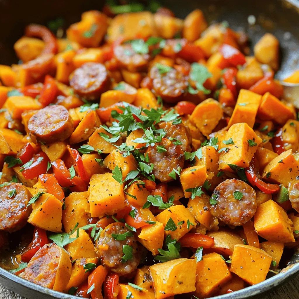 - 2 medium sweet potatoes, peeled and diced - 1 link of Andouille sausage, sliced - 1 red bell pepper, diced - 1 onion, chopped - 2 cloves garlic, minced - 1 teaspoon smoked paprika - 1/2 teaspoon cayenne pepper (adjust to taste) - 2 tablespoons olive oil - Salt and pepper to taste - Fresh parsley, chopped (for garnish) Sweet potatoes are the star here. They add a natural sweetness and a creamy texture. I love how they balance the spicy kick from Andouille sausage. This sausage brings a smoky flavor that really enhances the dish. Don’t forget the veggies! The red bell pepper and onion add color and crunch. Garlic boosts the taste with its strong aroma. The smoked paprika gives warmth, while cayenne adds heat. You can adjust the cayenne to fit your taste. Olive oil is key for cooking everything together. It helps the sweet potatoes get nice and tender. Season with salt and pepper to bring out all the flavors. Fresh parsley adds a pop of green and a fresh finish. This recipe is simple but packed with flavor. For the full experience, follow the full recipe. Enjoy every bite! Cooking the Sweet Potatoes Start by heating two tablespoons of olive oil in a large skillet over medium heat. Next, peel and dice two medium sweet potatoes. Once the oil is hot, add the sweet potatoes to the skillet. Sauté them for about ten minutes. Stir them often to keep them from sticking. They should become slightly tender but not fully cooked yet. Browning the Andouille Sausage After the sweet potatoes have cooked a bit, push them to one side of the skillet. Add one sliced link of Andouille sausage to the empty side. Cook the sausage for five to seven minutes. This browning adds flavor. Once done, mix the sausage with the sweet potatoes. Combining Ingredients and Cooking Together Now, chop one onion and one red bell pepper. Mince two cloves of garlic. Add these veggies to the skillet with the sweet potatoes and sausage. Sprinkle in one teaspoon of smoked paprika and half a teaspoon of cayenne pepper. Stir everything well to combine. Cook for another five to seven minutes until all the veggies are tender. Season with salt and pepper to taste. Remove from heat and let it sit for a minute. This allows the flavors to blend. For the full recipe, check out the details above. Ensuring Proper Cooking Times To get the best taste, cook each ingredient the right way. Sweet potatoes need around 10 minutes to soften. Andouille sausage needs about 5 to 7 minutes to brown nicely. Stir often to keep things even. Enhancing Flavors with Spices Spices make this dish shine. I love using smoked paprika for depth. A bit of cayenne pepper gives it a kick. Feel free to adjust spice levels to match your taste. Just remember, start small and add more if you want. Avoiding Common Mistakes One mistake is overcrowding the pan. If you add too many ingredients at once, they won’t cook well. Give everything room to breathe. Another tip is not to skip the garlic. It brings a rich flavor that ties everything together. For the full recipe, check out the Sweet Potato & Andouille Sausage Skillet. Enjoy making this meal! {{image_2}} You can switch Andouille sausage for other meats. Try chicken sausage for a lighter meal. Turkey sausage adds a nice flavor without too much fat. If you're vegetarian, use tempeh or tofu for protein. They soak up flavors well and keep the dish hearty. Feel free to mix in more veggies. Zucchini, corn, or spinach make great additions. For a crunch, add green beans or snap peas. These veggies add color and nutrients, making the dish even better. Just chop them small, so they cook evenly. You can control the heat in this dish. If you like it milder, cut down on cayenne pepper. For more heat, add chili flakes or a dash of hot sauce. You can also try different spices like cumin or coriander for a unique taste. Adjusting spices lets you make it your own. Try these variations to create your perfect Sweet Potatoes & Andouille Sausage meal. Check out the Full Recipe for more tips and ideas! After you enjoy your Sweet Potatoes & Andouille Sausage, store leftovers properly. Let the dish cool down first. Then, place it in an airtight container. It will stay fresh in the fridge for up to three days. Always keep it covered to prevent drying out. If you want to save it longer, freezing is a great option. Pack the cooled dish into a freezer-safe container. Make sure to leave some space at the top. This allows for expansion as it freezes. You can keep it frozen for up to three months. To reheat, you can use the microwave or stovetop. For the microwave, place a portion in a bowl and cover it. Heat in short bursts, stirring in between. For the stovetop, warm it in a skillet over low heat. Add a splash of water or broth to help it heat evenly. Always check that it’s hot throughout before serving. These steps will help you enjoy your meal again while keeping it tasty and safe! Can I use different types of potatoes? Yes, you can use other potatoes. Russets or Yukon Golds will work well. They will change the taste and texture. Sweet potatoes bring a natural sweetness that pairs well with Andouille sausage. What can I serve with Sweet Potatoes & Andouille Sausage? Pair this dish with a simple salad or some crusty bread. A fresh green salad adds a nice crunch. You can also serve it with rice or quinoa for extra fiber. How can I make this recipe healthier? To make it healthier, use turkey or chicken sausage. You can reduce the oil or use a cooking spray. Adding more veggies is another great way to boost nutrition. Try spinach, kale, or zucchini for added flavor and color. For the full recipe, check out the Sweet Potato & Andouille Sausage Skillet. This blog post covered how to make a tasty dish with sweet potatoes and andouille sausage. We explored the important ingredients, step-by-step cooking, and helpful tips. You also learned about variations you can try and how to store leftovers effectively. Cooking can be fun and rewarding. Don’t be afraid to experiment with flavors. Trust your taste buds and adjust as needed. Enjoy your meal, and share it with family and friends!