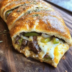 For the perfect Philly cheesesteak stromboli, gather these key items: - 1 pound pizza dough (store-bought or homemade) - 1/2 pound ribeye steak, thinly sliced - 1 medium onion, thinly sliced - 1 green bell pepper, thinly sliced - 2 cups provolone cheese, shredded - 2 tablespoons olive oil - 2 cloves garlic, minced - 1 teaspoon Worcestershire sauce - Salt and pepper to taste - 1 egg, beaten (for egg wash) - 1 tablespoon Italian seasoning (optional) When choosing your cheese, I recommend using good-quality provolone. It melts nicely and adds a rich flavor. Ribeye steak offers great taste and tenderness, making it the best choice for this dish. You can add extra flavor with these optional items: - Mushrooms, sliced - Hot peppers for a spicy kick - Different cheeses like mozzarella or cheddar for variety If you want to swap out the ribeye, consider using chicken or a plant-based meat substitute. These options still deliver a hearty filling. Have fun with it! Adjust based on what you enjoy. First, gather all your ingredients. You will need ribeye steak, onion, green bell pepper, and provolone cheese. Slice the onion and bell pepper thinly. Thin slices help them cook evenly. For the steak, use a sharp knife for thin slices. This makes the filling tender and easy to bite into. Next, roll out your pizza dough. Dust your work surface with flour. Take your dough and shape it into a rectangle, about 14x10 inches. Make sure it is even. This will help in rolling it later. Now, let’s cook the steak and vegetables. Heat one tablespoon of olive oil in a large skillet over medium-high heat. Add the thinly sliced ribeye steak. Season it with salt, pepper, and Worcestershire sauce. Stir-fry this for about 2-3 minutes. You want it browned but not fully cooked. Once done, take the steak out and set it aside. In the same skillet, add the other tablespoon of olive oil. Add the sliced onions and bell peppers, plus the minced garlic. Sauté these for 5-7 minutes. You want them soft and slightly caramelized. Now it's time to mix everything. Return the partially cooked steak to the skillet with the veggies. Mix well and cook for another 2 minutes. Remove from heat and add the shredded provolone cheese. Stir until the cheese melts and combines with the mixture. Preheat your oven to 400°F (200°C). Line a baking sheet with parchment paper. Now, get your rolled-out pizza dough. Spoon the steak and cheese mixture down the center. Leave about an inch of space on the sides. Fold the sides over the filling, then roll it up like a burrito. Pinch the ends to seal. Place the stromboli seam-side down on the baking sheet. Brush the top with the beaten egg. This gives it a nice golden color. If you like, sprinkle Italian seasoning on top. Bake the stromboli in the oven for 25-30 minutes. You want it golden brown and cooked through. To check for doneness, press lightly on the top. It should feel firm. Once baked, let it cool for a few minutes before slicing. Enjoy your delicious Philly cheesesteak stromboli! For the complete details, refer to the Full Recipe. To make your stromboli shine, focus on flavor and texture. Here are key tips: - Cook the steak right: Sear the ribeye quickly. This keeps it juicy. Season well with salt and pepper. Use Worcestershire sauce for depth. - Don’t skip the cheese: Provolone cheese melts beautifully. It gives that creamy texture we love. Mix it with the steak and veggies right after cooking. - Avoid soggy dough: Make sure your filling is not too wet. Drain any excess liquid from your veggies. This keeps the dough crisp. - Use the right dough: Store-bought pizza dough works great. You can also make your own for a personal touch. Roll it thin but not too thin. Even seasoned cooks can slip up. Watch for these common issues: - Overfilling: It’s tempting to add too much filling. This can cause the dough to break. Stick to a moderate amount for best results. - Not sealing the dough: Ensure you pinch the seams tightly. This keeps the filling from leaking out during baking. - Ignoring baking time: Keep an eye on your stromboli in the oven. It should be golden brown. If it’s too light, it may not be cooked through. - Skipping the egg wash: Brushing the top with egg gives a nice color and shine. Don’t skip this step for a beautiful finish. By following these tips, you can enhance your stromboli. For more detailed guidance, check the Full Recipe for all the steps. {{image_2}} You can easily switch ingredients in your stromboli. If you prefer chicken, use thinly sliced chicken breast instead of steak. This makes a lighter version. For a vegetarian option, try mushrooms or roasted veggies. They add a lot of flavor without meat. Cheese is key in a cheesesteak. While provolone is classic, you can use other cheeses. Cheddar adds a sharp taste. Mozzarella gives a nice stretch. Mix and match to find your favorite. Adding spices or herbs can change the flavor of your stromboli. Try crushed red pepper for heat. Fresh herbs like parsley or basil brighten the taste. You can also add garlic powder for extra depth. Seasonal variations can inspire new recipes. In spring, add fresh spinach or arugula for a pop of green. In fall, try adding sautéed mushrooms or roasted red peppers. These changes keep your stromboli exciting and fresh. For the full recipe, refer to the Perfect Philly Cheesesteak Stromboli Easy Recipe Guide. To keep your stromboli fresh, wrap it tightly in plastic wrap. You can also use aluminum foil. Store it in the fridge if you plan to eat it within three days. For longer storage, freeze it. The stromboli will stay good for up to three months in the freezer. Just make sure to label the wrap with the date. This way, you’ll remember when you made it. When you are ready to reheat, use the oven. Preheat it to 350°F (175°C). Place the stromboli on a baking sheet. Heat for about 15-20 minutes. This gives the dough a nice crisp. If you want to keep it moist, cover it with foil after 10 minutes. You can also use a microwave, but it may make the dough soggy. To avoid this, heat in short bursts and check often. Enjoy your tasty creation! What can I serve with stromboli? Stromboli pairs well with many sides. You can serve it with a fresh salad. Try a Caesar or garden salad for crunch. You could also add some crispy fries for a heartier meal. Dipping sauces like marinara or ranch enhance the flavors too. Can I make stromboli ahead of time? Yes, you can prep stromboli ahead. Assemble the stromboli and wrap it tightly. Store it in the fridge for up to a day. You can also freeze it for longer storage. Just thaw before baking and enjoy fresh! How do I know when my stromboli is done? Your stromboli is done when it turns golden brown. The filling should be hot and bubbly. A thermometer can help too. The inside should reach 165°F (74°C) for safe eating. Can I use different types of dough for stromboli? Absolutely! You can use any dough you like. Pizza dough works great, but bread dough is also tasty. If you want a lighter option, try using puff pastry for a flaky crust. What if I can’t find ribeye steak? No problem! You can use other cuts of beef, like sirloin or flank steak. If you prefer chicken, grilled chicken works well too. Just slice it thinly to keep the texture. Can I use store-bought sauce or condiments? Yes, store-bought sauces are fine to use. A creamy cheese sauce or barbecue sauce can add flavor. Just be sure to balance the flavors so they fit well in your stromboli! In this post, we explored making delicious Philly cheesesteak stromboli. We discussed key ingredients and their quality. I shared steps for preparing and cooking, along with baking tips for perfect results. You learned how to store leftovers and reheat them without losing flavor. Remember these tips to avoid common mistakes and add your personal touch with variations. Enjoy creating this tasty dish, and share it with friends and family! Your stromboli journey starts now.