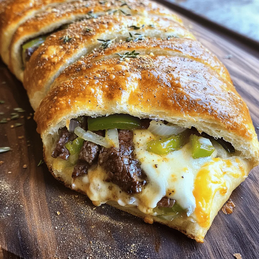 For the perfect Philly cheesesteak stromboli, gather these key items: - 1 pound pizza dough (store-bought or homemade) - ½ pound ribeye steak, thinly sliced - 1 medium onion, thinly sliced - 1 green bell pepper, thinly sliced - 2 cups provolone cheese, shredded - 2 tablespoons olive oil - 2 cloves garlic, minced - 1 teaspoon Worcestershire sauce - Salt and pepper to taste - 1 egg, beaten (for egg wash) - 1 tablespoon Italian seasoning (optional) When choosing your cheese, I recommend using good-quality provolone. It melts nicely and adds a rich flavor. Ribeye steak offers great taste and tenderness, making it the best choice for this dish. You can add extra flavor with these optional items: - Mushrooms, sliced - Hot peppers for a spicy kick - Different cheeses like mozzarella or cheddar for variety If you want to swap out the ribeye, consider using chicken or a plant-based meat substitute. These options still deliver a hearty filling. Have fun with it! Adjust based on what you enjoy. First, gather all your ingredients. You will need ribeye steak, onion, green bell pepper, and provolone cheese. Slice the onion and bell pepper thinly. Thin slices help them cook evenly. For the steak, use a sharp knife for thin slices. This makes the filling tender and easy to bite into. Next, roll out your pizza dough. Dust your work surface with flour. Take your dough and shape it into a rectangle, about 14x10 inches. Make sure it is even. This will help in rolling it later. Now, let’s cook the steak and vegetables. Heat one tablespoon of olive oil in a large skillet over medium-high heat. Add the thinly sliced ribeye steak. Season it with salt, pepper, and Worcestershire sauce. Stir-fry this for about 2-3 minutes. You want it browned but not fully cooked. Once done, take the steak out and set it aside. In the same skillet, add the other tablespoon of olive oil. Add the sliced onions and bell peppers, plus the minced garlic. Sauté these for 5-7 minutes. You want them soft and slightly caramelized. Now it's time to mix everything. Return the partially cooked steak to the skillet with the veggies. Mix well and cook for another 2 minutes. Remove from heat and add the shredded provolone cheese. Stir until the cheese melts and combines with the mixture. Preheat your oven to 400°F (200°C). Line a baking sheet with parchment paper. Now, get your rolled-out pizza dough. Spoon the steak and cheese mixture down the center. Leave about an inch of space on the sides. Fold the sides over the filling, then roll it up like a burrito. Pinch the ends to seal. Place the stromboli seam-side down on the baking sheet. Brush the top with the beaten egg. This gives it a nice golden color. If you like, sprinkle Italian seasoning on top. Bake the stromboli in the oven for 25-30 minutes. You want it golden brown and cooked through. To check for doneness, press lightly on the top. It should feel firm. Once baked, let it cool for a few minutes before slicing. Enjoy your delicious Philly cheesesteak stromboli! For the complete details, refer to the Full Recipe. To make your stromboli shine, focus on flavor and texture. Here are key tips: - Cook the steak right: Sear the ribeye quickly. This keeps it juicy. Season well with salt and pepper. Use Worcestershire sauce for depth. - Don’t skip the cheese: Provolone cheese melts beautifully. It gives that creamy texture we love. Mix it with the steak and veggies right after cooking. - Avoid soggy dough: Make sure your filling is not too wet. Drain any excess liquid from your veggies. This keeps the dough crisp. - Use the right dough: Store-bought pizza dough works great. You can also make your own for a personal touch. Roll it thin but not too thin. Even seasoned cooks can slip up. Watch for these common issues: - Overfilling: It’s tempting to add too much filling. This can cause the dough to break. Stick to a moderate amount for best results. - Not sealing the dough: Ensure you pinch the seams tightly. This keeps the filling from leaking out during baking. - Ignoring baking time: Keep an eye on your stromboli in the oven. It should be golden brown. If it’s too light, it may not be cooked through. - Skipping the egg wash: Brushing the top with egg gives a nice color and shine. Don’t skip this step for a beautiful finish. By following these tips, you can enhance your stromboli. For more detailed guidance, check the Full Recipe for all the steps. {{image_2}} You can easily switch ingredients in your stromboli. If you prefer chicken, use thinly sliced chicken breast instead of steak. This makes a lighter version. For a vegetarian option, try mushrooms or roasted veggies. They add a lot of flavor without meat. Cheese is key in a cheesesteak. While provolone is classic, you can use other cheeses. Cheddar adds a sharp taste. Mozzarella gives a nice stretch. Mix and match to find your favorite. Adding spices or herbs can change the flavor of your stromboli. Try crushed red pepper for heat. Fresh herbs like parsley or basil brighten the taste. You can also add garlic powder for extra depth. Seasonal variations can inspire new recipes. In spring, add fresh spinach or arugula for a pop of green. In fall, try adding sautéed mushrooms or roasted red peppers. These changes keep your stromboli exciting and fresh. For the full recipe, refer to the Perfect Philly Cheesesteak Stromboli Easy Recipe Guide. To keep your stromboli fresh, wrap it tightly in plastic wrap. You can also use aluminum foil. Store it in the fridge if you plan to eat it within three days. For longer storage, freeze it. The stromboli will stay good for up to three months in the freezer. Just make sure to label the wrap with the date. This way, you’ll remember when you made it. When you are ready to reheat, use the oven. Preheat it to 350°F (175°C). Place the stromboli on a baking sheet. Heat for about 15-20 minutes. This gives the dough a nice crisp. If you want to keep it moist, cover it with foil after 10 minutes. You can also use a microwave, but it may make the dough soggy. To avoid this, heat in short bursts and check often. Enjoy your tasty creation! What can I serve with stromboli? Stromboli pairs well with many sides. You can serve it with a fresh salad. Try a Caesar or garden salad for crunch. You could also add some crispy fries for a heartier meal. Dipping sauces like marinara or ranch enhance the flavors too. Can I make stromboli ahead of time? Yes, you can prep stromboli ahead. Assemble the stromboli and wrap it tightly. Store it in the fridge for up to a day. You can also freeze it for longer storage. Just thaw before baking and enjoy fresh! How do I know when my stromboli is done? Your stromboli is done when it turns golden brown. The filling should be hot and bubbly. A thermometer can help too. The inside should reach 165°F (74°C) for safe eating. Can I use different types of dough for stromboli? Absolutely! You can use any dough you like. Pizza dough works great, but bread dough is also tasty. If you want a lighter option, try using puff pastry for a flaky crust. What if I can’t find ribeye steak? No problem! You can use other cuts of beef, like sirloin or flank steak. If you prefer chicken, grilled chicken works well too. Just slice it thinly to keep the texture. Can I use store-bought sauce or condiments? Yes, store-bought sauces are fine to use. A creamy cheese sauce or barbecue sauce can add flavor. Just be sure to balance the flavors so they fit well in your stromboli! In this post, we explored making delicious Philly cheesesteak stromboli. We discussed key ingredients and their quality. I shared steps for preparing and cooking, along with baking tips for perfect results. You learned how to store leftovers and reheat them without losing flavor. Remember these tips to avoid common mistakes and add your personal touch with variations. Enjoy creating this tasty dish, and share it with friends and family! Your stromboli journey starts now.