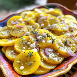 - 3 medium yellow squashes, sliced into thin rounds - 1 tablespoon olive oil - 1 small red onion, thinly sliced - 2 cloves garlic, minced - 1 bell pepper (red, yellow, or orange), diced - 1 teaspoon fresh thyme (or ½ teaspoon dried thyme) - 1 teaspoon lemon zest - Optional: ¼ cup feta cheese, crumbled When making sautéed yellow squash, you need fresh and bright ingredients. The yellow squash is the star. Its soft texture and mild taste make it easy to enjoy. I like to slice the squash into thin rounds. This helps it cook evenly and quickly. Using olive oil is key. It adds flavor and helps the squash brown nicely. A small red onion gives sweetness and depth. Minced garlic adds a punch of flavor. You can choose any bell pepper you like. The color adds fun to your dish. Fresh thyme brings a lovely herbal note. If you have dried thyme, that works too. Lemon zest brightens the dish and makes it pop. For a tasty twist, consider adding feta cheese. It brings a nice creaminess and salty taste. With these ingredients, you can create a simple yet tasty meal. Check out the Full Recipe for more details! To start, gather your ingredients. You'll need to slice the yellow squash and onion. Cut the squash into thin rounds. Aim for even slices. This helps them cook evenly. Next, for the onion, slice it thinly as well. This will help it soften fast. Mince the garlic finely. You want small pieces to spread the flavor well. Dice the bell pepper into small bits. I like using red, yellow, or orange for color. First, heat the olive oil in a large skillet over medium heat. Add the sliced onion. Cook it for about 2-3 minutes. You want it to soften but not brown. Now, stir in the minced garlic and diced bell pepper. Cook these for another 2 minutes. You’ll smell a nice aroma. Then, add the sliced yellow squash. Sprinkle in the fresh thyme, lemon zest, salt, and pepper. Stir everything together. Sauté for about 5-7 minutes. Keep stirring occasionally. You want the squash to be tender but still a bit crunchy. If you like, sprinkle crumbled feta cheese over the top. This adds a nice flavor. Remove the skillet from heat. Transfer the sautéed yellow squash to a serving dish. Serve it warm and enjoy this simple and flavorful dish. For the complete recipe, check out the Full Recipe. To sauté yellow squash well, use medium heat. This helps cook the squash without burning it. If the heat is too high, the outside gets charred while the inside stays raw. Stir the squash often. Frequent stirring ensures even cooking and keeps it from sticking to the pan. Fresh herbs add bright flavor. I love using fresh thyme in my sautéed squash. Dried herbs work too, but fresh gives a stronger taste. For a stunning presentation, serve the squash on a colorful platter. Garnish it with fresh thyme sprigs and a sprinkle of lemon zest. This makes the dish pop and look appealing. Yellow squash is packed with vitamins. It has vitamin C, vitamin A, and potassium. These nutrients help your body stay healthy. Eating yellow squash can improve digestion and support heart health. Adding it to your meals boosts your vegetable intake and keeps your diet balanced. {{image_2}} You can switch out yellow squash for zucchini. Zucchini has a similar taste and texture. You can also use other veggies like bell peppers or carrots. If you want a vegan twist, try using tofu or nutritional yeast instead of feta cheese. These options give you great flavor without dairy. To boost the taste, try adding spices like cumin or paprika. They bring warmth and depth. Fresh herbs like basil or parsley also work well. For a complete meal, pair the sautéed squash with chicken, shrimp, or even beans. This adds protein and makes it more filling. You can turn sautéed yellow squash into a casserole. Just layer it with cheese and breadcrumbs, then bake until bubbly. Another fun idea is to mix the sautéed squash with pasta. Toss it with olive oil and your favorite sauce for a quick meal. This makes a perfect dish for busy nights. For the full recipe, check out Sautéed Yellow Squash Delight. To keep your sautéed yellow squash fresh, store it in an airtight container. This prevents moisture loss and keeps it tasty. Place it in the fridge within two hours of cooking. It should stay good for about three to four days. If you want to freeze your sautéed yellow squash, here’s what to do. First, let it cool completely. Then, put it in freezer-safe bags or containers. Make sure to remove as much air as possible. It can last up to three months in the freezer. When you’re ready to eat it, thaw it overnight in the fridge. To reheat your sautéed yellow squash, you have two great options. The stovetop method helps keep its crunchy texture. Just add a splash of water to a skillet and warm it over medium heat. Stir it often until it’s heated through. If you prefer the microwave, place the squash in a bowl and cover it. Heat in short bursts of 30 seconds, stirring in between. This method is quick but may soften the squash a bit more. Choose the method that fits your time and texture needs. For the full recipe, check out the Sautéed Yellow Squash Delight section! To cut yellow squash for sautéing, start by washing the squash. Then, trim both ends with a knife. Place it flat on a cutting board for safety. Slice the squash into thin rounds, about ¼ inch thick. This size cooks evenly and enhances the texture. For a fun twist, try cutting it into half-moons or matchsticks. These shapes can add visual appeal to your dish. You should sauté yellow squash for about 5 to 7 minutes. This time allows the squash to become tender while keeping a slight crunch. Stir occasionally to ensure even cooking. If you like a softer texture, you can cook it a bit longer. Just watch closely to avoid overcooking. You can use frozen squash, but it may change the texture and taste. Frozen squash often becomes mushy when cooked. Fresh squash gives a crisp bite and vibrant flavor. If you use frozen, thaw it first and drain excess water. This helps maintain some texture for your sautéed dish. In summary, sautéed yellow squash is simple and tasty. With just three squashes, some olive oil, and a few other ingredients, you can make a great dish. Follow the steps to get the texture just right. Use the tips for flavor and storage to enhance your experience. Remember, you can adapt the recipe with other veggies or variations. Enjoy making this healthy meal, and share it with friends and family for added fun!