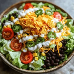 For a tasty Doritos Taco Salad, you need a few key items: - 4 ounces of Nacho Cheese Doritos, crushed - 1 pound ground beef (or ground turkey for a lighter option) - 1 packet taco seasoning - 1 cup lettuce, shredded - 1 cup cherry tomatoes, halved - 1 cup black beans, rinsed and drained - 1 cup corn kernels (fresh or frozen) - 1 cup shredded cheddar cheese - ½ cup sour cream - ¼ cup salsa - 2 green onions, sliced These ingredients create a mix of crunch, flavor, and nutrition. The Doritos add a fun texture and taste. The meat gives protein, while the veggies add freshness. You can easily customize your salad to fit your taste. Here are some options: - Jalapeño slices for added heat - Avocado for creaminess - Bell peppers for extra crunch - Cilantro for a fresh kick These extras can make your salad unique. Feel free to mix and match based on what you enjoy. This salad provides a balanced meal. Each serving has protein, fiber, and healthy fats. Here's a quick look: - Calories: About 500 per serving - Protein: 25 grams - Carbs: 40 grams - Fat: 30 grams These numbers can change based on your choices. Using ground turkey or adding more veggies can make it lighter. Always check your ingredients to match your health goals. To start, you need to cook the ground beef or turkey. Heat a skillet over medium heat. Add the meat to the pan and break it apart with a spatula. Cook it for about 7 to 10 minutes. You want it to brown and cook all the way through. Once done, drain any extra fat from the pan. Next, sprinkle in the taco seasoning. Add 2/3 cup of water and stir well. Let this simmer for about 5 minutes. The meat will soak up the flavors and smell great. Now, take a large mixing bowl. Add 1 cup of shredded lettuce, 1 cup of halved cherry tomatoes, 1 cup of rinsed black beans, and 1 cup of corn. Gently toss these ingredients together. This mix gives you a fresh base for your salad. Once the meat is cool, add it to the bowl. Then, fold in 4 ounces of crushed Nacho Cheese Doritos and 1 cup of shredded cheddar cheese. Don't forget to add 2 green onions, sliced for some extra crunch. Finally, it’s time to finish your salad. Drizzle ½ cup of sour cream and ¼ cup of salsa over the top. Gently toss everything together. Be careful not to crush the Doritos too much. You want to keep that crunch! For a pop of color, add more green onions and some jalapeño slices if you like it spicy. Serve your Doritos Taco Salad right away for the best texture. Enjoy this crunchy and tasty delight! For the full recipe, check the details above. To make your Doritos Taco Salad healthier, swap the ground beef for turkey. Turkey has less fat and offers a lighter taste. You can also use Greek yogurt instead of sour cream. This change adds protein and cuts calories. Choose low-sodium black beans to lower salt intake. Fresh veggies can also boost nutrition. Add more lettuce, tomatoes, or peppers for color and crunch. Serve your salad right after mixing. This keeps the Doritos crunchy and fresh. If you want to prepare it early, keep the Doritos separate. You can add them just before serving. Use chilled bowls to keep your salad cool. This makes each bite refreshing. For a fun twist, serve it in a tortilla bowl. To maintain the crunch of Doritos, avoid letting them sit in the salad too long. The moisture from the veggies can make them soggy. You can also crush the Doritos just before serving. If you want extra crunch, use a mix of regular and spicy Doritos. This adds a fun texture and flavor contrast. Enjoy the Full Recipe to bring this delicious idea to life! {{image_2}} You can make this salad without meat. Use black beans as your protein. Add cooked quinoa for extra texture. For a vegan twist, swap sour cream for cashew cream. Nutritional yeast can give a cheesy flavor too. While sour cream and salsa are classic, try ranch or chipotle dressing. A zesty lime vinaigrette can boost flavor. Experiment with different dressings to find your favorite mix. The right dressing can make all the difference. If you want a lighter option, use ground turkey or chicken. For gluten-free diets, ensure your Doritos are labeled gluten-free. You can replace cheddar cheese with dairy-free cheese. Fresh veggies like bell peppers or cucumbers add crunch and color. Access the Full Recipe for complete details on ingredients and steps. You can store your Doritos Taco Salad in an airtight container. Make sure to keep the Doritos separate. This way, they stay crunchy and do not get soggy. If you mix them in, they will lose their crunch fast. Reheating is simple but tricky. If you want to warm up the meat, use a skillet. Heat it on low until warm. Avoid microwaving the whole salad. You can add fresh toppings after reheating. This keeps the flavor fresh and the texture nice. For best taste, eat leftovers within 2-3 days. The longer it sits, the less fresh it gets. Store veggies and meat separately if you plan to keep it longer. Always check for signs of spoilage before eating. You want your salad to be as tasty as it was when fresh. To boost the flavor, try adding fresh herbs. Chopped cilantro or parsley can make a big difference. Squeeze some lime juice over the salad for a zesty kick. You can also add hot sauce for extra heat. If you love crunch, toss in some chopped bell peppers or radishes. These additions bring more color and taste. You can prep parts of the salad a day ahead. Cook the meat and mix the veggies. Store them separately to keep them fresh. Add the crushed Doritos just before serving. This keeps them crunchy and tasty. Avoid adding sour cream and salsa until you're ready to eat. For toppings, try diced avocado or guacamole. They add creaminess and flavor. You can use Greek yogurt instead of sour cream for a healthier twist. Consider different dressings like ranch or vinaigrette. Each option offers a unique taste. Explore these ideas to find your favorite combination. For a full recipe, check out the full recipe above. Doritos Taco Salad is tasty and easy to make. We covered the main ingredients, including ground meat and salad items. You can choose optional ingredients for more flavor. I shared tips to keep it healthy, crunchy, and fresh. You can even try different styles like vegetarian. Remember, this dish is fun to serve and versatile. Customize it to fit your taste. Enjoy making your salad your way!
