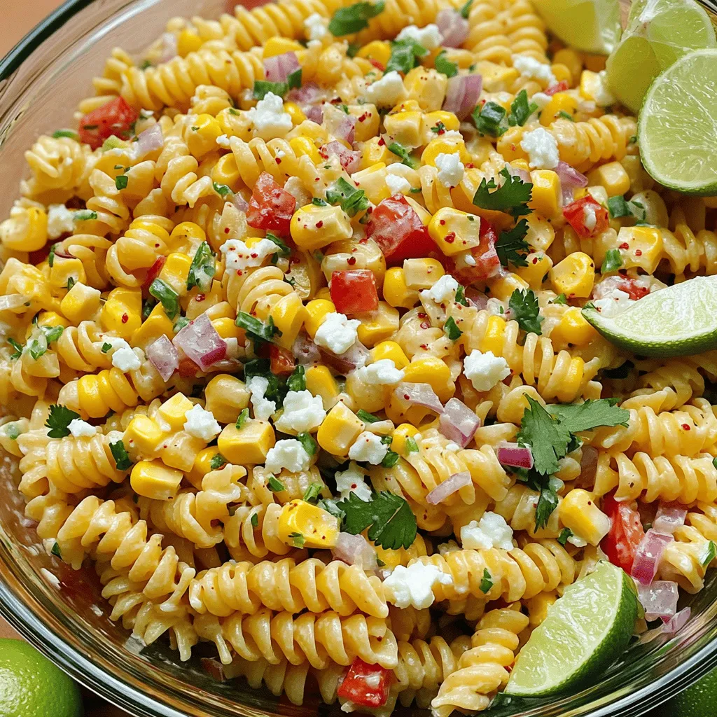 - 2 cups elbow pasta - 1 cup corn kernels (fresh, frozen, or canned) - ½ red bell pepper, diced - ½ cup red onion, finely chopped - 1 jalapeño, seeded and minced - ½ cup feta cheese, crumbled - ¼ cup fresh cilantro, chopped - 3 tablespoons mayonnaise - 2 tablespoons Greek yogurt - 1 tablespoon lime juice - 1 teaspoon chili powder - Salt and pepper to taste - Optional: Lime wedges for serving I love using elbow pasta for this dish. It holds the flavors well. You can use corn from different sources. Fresh corn gives a sweet crunch, while frozen or canned corn works too. The red bell pepper adds color and sweetness. Red onion gives a sharp bite, and jalapeño brings some heat. Feta cheese adds a creamy, salty flavor. Fresh cilantro brightens the dish up. The dressing is simple but tasty. Mayonnaise and Greek yogurt make it creamy. Lime juice adds tang, while chili powder gives a warm kick. Don't forget to season with salt and pepper. Feel free to add lime wedges for serving. They give a fresh burst of flavor. You can find the full recipe for Mexican Street Corn Pasta Salad in the recipe section above. Start by boiling a large pot of salted water. Use enough water to cover the pasta well. Bring it to a rolling boil. Add 2 cups of elbow pasta to the pot. Cook the pasta until it is al dente, about 8 to 10 minutes. Once done, drain the pasta in a colander. Rinse it under cold water to stop the cooking. This cooling process ensures the pasta does not become mushy. If you use fresh corn, grill it for about 5 to 7 minutes. Look for nice char marks on the kernels. Let it cool, then cut the corn off the cob. If you use frozen corn, simply heat it in a pan until warmed through. For canned corn, drain and rinse it. This helps remove excess salt and keeps the dish fresh. In a large mixing bowl, combine the cooled pasta with the prepared corn. Add in ½ diced red bell pepper, ½ cup finely chopped red onion, and 1 minced jalapeño. Crumble ½ cup of feta cheese on top. This mix of ingredients brings fantastic flavors together. In a separate bowl, whisk together 3 tablespoons of mayonnaise, 2 tablespoons of Greek yogurt, and 1 tablespoon of lime juice. Add 1 teaspoon of chili powder, salt, and pepper. This dressing adds a creamy texture and a zesty kick. Pour the dressing over the pasta salad mixture. Toss everything gently until well coated. Let the salad chill in the fridge for at least 30 minutes. This chilling time allows the flavors to mix and deepen. Before serving, finish it off with fresh cilantro. You can adjust the seasoning if needed. Enjoy this vibrant dish for any gathering or meal! For the full recipe, check out the details above. To make this dish even better, mix it a few hours before serving. This lets the flavors blend well. For extra flavor, add a bit more lime juice and chili powder. Store leftovers in an airtight container. They will keep well in the fridge for up to three days. For a stunning presentation, serve the salad in a clear bowl. Top it with fresh cilantro and lime wedges. This adds color and freshness. You can pair this pasta salad with grilled chicken, fish tacos, or a side of black beans. It also goes well with a fresh green salad. You will need a few simple kitchen tools to make this dish. First, get a large pot for boiling water. You will also need a strainer to drain the pasta. A large mixing bowl is a must for combining all the ingredients. A whisk is helpful for mixing the dressing. If you have a grill, use it to cook fresh corn for added flavor. {{image_2}} You can switch up the cheese in this dish. Feta gives a nice tang, but you can try other cheeses. Queso fresco adds a fresh taste. Cotija cheese gives a salty kick. Both options work great! For pasta shapes, you can use other types too. Penne, rotini, or even orzo can add fun textures. Choose what you love or have on hand. Each shape will change the feel of the dish. Want to spice it up? Add more seasonings! A pinch of cumin or smoked paprika can deepen the flavor. You can also try a dash of cayenne for heat. Adjust spices to your taste. Adding proteins can make this salad a meal. Grilled chicken adds heartiness. Shrimp brings a sweet touch. Toss in black beans for a plant-based option. These additions make the salad more filling. If you're going gluten-free, swap elbow pasta for gluten-free pasta. There are many good options in stores now. Just check that the brand fits your needs. For a vegan twist, replace yogurt and mayo with vegan versions. Use cashew cream or avocado for creaminess. Replace feta with vegan cheese or omit it. This way, everyone can enjoy the dish. For the full recipe, check out the complete guide to make this salad shine! You can store your leftover Mexican Street Corn Pasta Salad in the fridge for about 3 to 5 days. Make sure to keep it in an airtight container to help it stay fresh. Glass or plastic containers with tight lids work best. This keeps moisture in and prevents the salad from drying out. Yes, you can freeze pasta salad, but it may change the texture. If you want to freeze it, place it in a freezer-safe container. Leave some space at the top for expansion. When you want to eat it, thaw it in the fridge overnight. Mix it well before serving again. For the best taste, try to use it within 2 to 3 months. Mexican Street Corn Pasta Salad takes inspiration from elote, a popular street food in Mexico. Vendors grill corn on the cob, then slather it with lime, cheese, and spices. This pasta salad captures those bold flavors in a fun and easy dish. It blends the sweetness of corn with creamy dressing and zesty lime. You get a taste of summer and street culture with every bite. You can refrigerate the pasta salad for up to four days. Store it in an airtight container to keep it fresh. The flavors will deepen as it sits. Just remember to check for freshness before serving. If it looks or smells off, it’s best to toss it. This dish is best served cold. Chilling the pasta salad helps the flavors mix well. If you prefer it warm, serve it right after you mix it. However, I find that the cold version is more refreshing. Adding lime juice and cilantro right before serving keeps it bright and tasty. This blog post explored all you need for a delicious Mexican Street Corn Pasta Salad. We covered key ingredients like pasta, corn, and feta. We walked through cooking steps, mixing, and serving suggestions. I shared tips for storing and variations to suit your taste. In conclusion, this salad is tasty and fun to make. It’s perfect for gatherings or a quick meal. Enjoy experimenting with flavors and make it your own!
