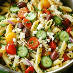 To make a great Mediterranean chicken pasta salad, gather these fresh ingredients: - 2 cups of cooked penne pasta - 1 cup cooked, shredded chicken breast - 1/2 cup cherry tomatoes, halved - 1/2 cup cucumber, diced - 1/4 cup red onion, finely chopped - 1/3 cup Kalamata olives, pitted and sliced - 1/4 cup feta cheese, crumbled - 1/4 cup olive oil - 2 tablespoons red wine vinegar (optional) - 1 teaspoon dried oregano - Salt and pepper to taste - Fresh parsley for garnish These ingredients work together to create a colorful and tasty dish. The penne pasta serves as a hearty base. Shredded chicken adds protein, making it filling. Fresh veggies, like cucumbers and cherry tomatoes, give crunch and flavor. Kalamata olives add a briny touch, while feta cheese brings creaminess. I love using olive oil and red wine vinegar for the dressing. They bring a rich, tangy flavor to the salad. Dried oregano adds an herbal note that ties everything together. Make sure to use fresh parsley for garnish. It brightens the dish and adds a pop of color. Together, these ingredients create a vibrant Mediterranean chicken pasta salad that bursts with flavor. For the detailed preparation steps, check out the Full Recipe. To make this Mediterranean Chicken Pasta Salad, follow these easy steps. You will love how simple and tasty it is! - Combine pasta and chicken: In a large bowl, mix the cooked penne pasta and shredded chicken. This is the base of your salad. - Add vegetables and olives: Next, toss in the halved cherry tomatoes, diced cucumber, finely chopped red onion, and sliced Kalamata olives. These ingredients add color and crunch. - Whisk dressing ingredients: In a small bowl, whisk together the olive oil, red wine vinegar (if using), dried oregano, salt, and pepper. This dressing brings all the flavors together. - Toss pasta salad: Pour the dressing over the pasta mixture. Toss gently to coat each part well. This step ensures every bite is full of flavor. - Add feta cheese: Sprinkle crumbled feta cheese on top. Gently stir it in. The feta adds a creamy, salty touch to the dish. - Adjust seasoning: Taste the salad and add more salt and pepper if needed. This will help balance the flavors. - Let it sit: Cover the bowl and let the salad sit for about 20 minutes. This resting time allows the flavors to meld beautifully. - Serve with garnish: Before serving, sprinkle fresh parsley on top. It looks nice and adds a fresh taste. For the complete recipe, check out the [Full Recipe]. Enjoy your Mediterranean Chicken Pasta Salad! To make your Mediterranean Chicken Pasta Salad even better, start with the dressing. You can mix olive oil with lemon juice or yogurt. This adds a fresh twist. Marinating your chicken for at least one hour helps it taste amazing. Use herbs like oregano and thyme for a punch of flavor. Also, balance textures by adding crunchy cucumbers and soft feta cheese. This makes each bite exciting. Cooking pasta perfectly is key. Boil water and add salt for flavor. Cook until al dente, then drain and rinse in cold water. This keeps the pasta firm. For shredding chicken, use two forks to pull it apart easily. It’s quick and effective. Prepping your ingredients in advance saves time. Chop veggies and shred chicken the day before. This way, you’ll have everything ready when it’s time to mix the salad. For the full recipe, check the complete instructions above. {{image_2}} You can switch up the pasta in this dish. Try whole wheat, gluten-free, or even spiralized veggies. Each option adds a fun twist. For proteins, consider using tofu or shrimp instead of chicken. Tofu absorbs flavors well, making it a great choice. Shrimp cooks fast and gives a nice texture. If you want to skip dairy, use non-dairy cheese options like almond or cashew cheese. These give a creamy taste without the milk. To add more crunch, mix in nuts or seeds like pine nuts or sunflower seeds. They add a nice bite and extra nutrients. You can also use fresh herbs like basil or mint for a burst of flavor. These herbs brighten the dish and add freshness. Try different vinaigrette styles too! A lemon garlic dressing or a balsamic glaze can change the whole taste. Experiment to find your favorite combination. For the full recipe, check out the Mediterranean Chicken Pasta Salad section above. To keep your Mediterranean chicken pasta salad fresh, store it in an airtight container. Make sure it cools down to room temperature before sealing it. This step helps prevent moisture buildup. You can also separate the dressing from the salad if you want extra freshness. Just add it when you're ready to eat. If you have leftover ingredients, like chicken or olives, you can freeze them. Cooked chicken freezes well for about 2-3 months. Just chop it up and place it in a freezer bag. Olives can also freeze, but their texture may change slightly. In the fridge, your salad can last about 3-5 days. Always check for signs of spoilage. If you see any mold or smell something off, it’s best to toss it. Additionally, if the vegetables look mushy or slimy, that’s another sign it’s time to say goodbye. For the freshest taste, enjoy your Mediterranean chicken pasta salad within a couple of days. For the full recipe, check out the complete guide! Can I make this salad in advance? Yes, you can make this salad in advance. It tastes better after chilling. I suggest letting it sit for at least 20 minutes. This helps the flavors mix well. You can store it in the fridge for up to three days. Just remember to add fresh parsley before serving. What can I serve with Mediterranean Chicken Pasta Salad? This salad pairs well with grilled vegetables or a slice of crusty bread. You can also serve it with a light soup. A side of hummus and pita chips adds a nice touch. These options complete your meal and enhance the Mediterranean vibe. Is it gluten-free? No, this salad is not gluten-free. The penne pasta contains gluten. However, you can use gluten-free pasta instead. This swap keeps the dish tasty and safe for those with gluten allergies. How do I make it vegetarian? To make this salad vegetarian, remove the chicken. You can add chickpeas for protein. They provide a great texture and flavor. You can also add more veggies, like bell peppers or artichokes, to keep it hearty. Caloric content per serving One serving of Mediterranean Chicken Pasta Salad has about 350 calories. This value may change based on portion size and added ingredients. Key health benefits of ingredients - Chicken: High in protein, helps build and repair muscles. - Olive oil: Contains healthy fats, good for heart health. - Cherry tomatoes: Packed with vitamins A and C, great for skin health. - Cucumber: Hydrating and low in calories, perfect for weight management. - Feta cheese: Offers calcium and protein, supporting bone health. This salad is not just tasty; it also fuels your body well! For the full recipe, check out the Mediterranean Chicken Pasta Salad. This Mediterranean Chicken Pasta Salad is simple and tasty. You learned about the key ingredients and how to prep them. You can customize flavors and textures to suit your taste. Remember, storing leftovers properly keeps them fresh longer. With these tips, you can enjoy this dish multiple times. Explore varieties to find your favorite version. This salad is not just a meal; it’s a way to create joy in cooking and eating. Enjoy making it again and again!