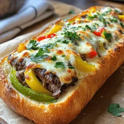 To make your steak-stuffed French bread, gather these items: - 1 large French bread loaf - 1 pound flank steak, grilled and sliced - 1 cup sautéed bell peppers (red, green, and yellow) - 1 cup sautéed onions - 1 cup shredded mozzarella cheese - 1 tablespoon olive oil - 1 teaspoon garlic powder - ½ teaspoon smoked paprika - Salt and pepper to taste - Fresh parsley, chopped (for garnish) You can swap some ingredients without losing flavor. If you don’t have flank steak, use sirloin or ribeye. For a healthier option, try grilled chicken or turkey. Instead of mozzarella cheese, you can use provolone or cheddar. If you want a kick, add jalapeños. You can also use whole grain or sourdough bread instead of French bread for a different taste. Fresh ingredients make your dish shine. Choose a bread loaf that is crusty but soft inside. Look for flank steak that is bright red and well-marbled. Fresh bell peppers should feel firm and have shiny skin. When buying onions, select ones that are dry and heavy. Always check the expiration dates on cheese to ensure freshness. If you can, buy your parsley fresh from the store or a local market. First, gather your ingredients. You will need: - 1 large French bread loaf - 1 pound flank steak, grilled and sliced - 1 cup sautéed bell peppers (red, green, and yellow) - 1 cup sautéed onions - 1 cup shredded mozzarella cheese - 1 tablespoon olive oil - 1 teaspoon garlic powder - ½ teaspoon smoked paprika - Salt and pepper to taste - Fresh parsley, chopped (for garnish) Next, preheat your oven to 375°F (190°C). This step is key to getting the cheese nice and bubbly at the end. Slice the French bread in half lengthwise. Use your hands to hollow out some of the soft bread from the inside. You want to make a well for your tasty filling. Now, heat a skillet over medium heat. Drizzle in olive oil and add the sautéed onions and bell peppers. Sprinkle in garlic powder, smoked paprika, salt, and pepper. Cook this mix for about 5-7 minutes. You want the veggies to be tender and fragrant. In a large bowl, combine the sliced flank steak, sautéed vegetables, and half of the mozzarella cheese. Mix it all well. Once your filling is ready, spoon it evenly into the hollowed-out halves of the French bread. Don’t forget the cheese! Top each side with the rest of the mozzarella cheese, covering the filling generously. Place the filled bread halves on a baking sheet. Bake in the preheated oven for 15-20 minutes. You’ll know it’s done when the cheese is melted and bubbly. Once out of the oven, let it cool for a few minutes. This makes slicing easier. Cut the stuffed bread into sections. For a nice touch, garnish with fresh parsley. This adds color and a fresh flavor. You can serve this dish as a fun appetizer or a hearty main meal. Pair it with a simple salad or some crispy fries for a complete dinner. Enjoy your savory steak-stuffed French bread delight! To cook your steak right, I suggest grilling or pan-searing. Grilling gives a nice smoky flavor. It also adds those lovely grill marks. If you use a pan, heat it well before adding the steak. This helps get a good sear. Cook flank steak for about 4-5 minutes per side for a medium-rare finish. Always let the steak rest for five minutes before slicing. This helps keep it juicy. For great melted cheese, use fresh mozzarella. Shredded cheese melts better and spreads evenly. Top your steak-filled bread with cheese before baking. Bake it at 375°F for 15-20 minutes. Keep an eye on it. You want the cheese to be bubbly and golden. If cheese is not melting well, you can broil it for a minute at the end. Just watch it carefully to avoid burning. Add depth to your filling by using spices. Garlic powder and smoked paprika work well together. You can also add a dash of Worcestershire sauce for extra flavor. Fresh herbs like parsley brighten up the dish. Feel free to mix in other veggies like mushrooms or spinach. These can add color and nutrition. Taste your filling before you stuff the bread. Adjust the seasoning as needed for the best flavor. For the full recipe, check out the detailed guide above. {{image_2}} You can easily swap the steak for plant-based protein. Try using grilled portobello mushrooms, tempeh, or tofu. These options bring a robust flavor and texture. Sauté them with the same bell peppers and onions for a tasty mix. You can also add black beans or chickpeas for extra protein. While French bread is classic, many other bread types work great. Consider using ciabatta for a crispy crust and soft inside. You could also try focaccia for a herb-infused taste. If you like whole grain, choose whole wheat bread. Each option changes the dish while keeping it delicious. Feel free to get creative with your fillings. Add mushrooms, spinach, or jalapeños for a kick. You can also mix in some ranch dressing or barbecue sauce for extra flavor. Top with sliced tomatoes or fresh basil for a fresh touch. Cheese lovers can try different varieties, like cheddar or pepper jack, for a fun twist. After enjoying your steak-stuffed French bread, let it cool down. Wrap each piece in plastic wrap or foil. This keeps the bread fresh and moist. Store the wrapped bread in the fridge. It will last for about 3 days. Always check for any bad smell or mold before eating. To reheat, use an oven for the best results. Preheat your oven to 350°F (175°C). Unwrap the bread and place it on a baking sheet. Heat for about 10-15 minutes. This warms the filling and melts the cheese again. You can also use a microwave, but the bread may get soggy. If you choose this method, heat it for 1-2 minutes on medium power. You can freeze steak-stuffed French bread for up to 3 months. First, wrap each piece tightly in plastic wrap. Then place them in a freezer bag or container. When ready to eat, thaw overnight in the fridge. Reheat in the oven to enjoy a quick and tasty meal again. This makes meal prep easy and fun! Yes, you can prepare this dish ahead of time. Make the filling and store it in the fridge. You can also hollow out the bread. When you are ready to eat, just fill the bread and bake. This keeps the bread fresh and crunchy. Steak-Stuffed French Bread pairs well with many sides. Here are some great options: - A fresh green salad - Crispy French fries - Sweet potato wedges - Steamed vegetables - Garlic bread These sides add color and flavor to your meal. You can easily change the filling to suit your tastes. Here are some ideas: - Use chicken or turkey instead of steak. - Add mushrooms or spinach for extra veggies. - Change the cheese to cheddar or provolone. - Spice it up with jalapeños or hot sauce. Feel free to mix and match flavors to create your perfect dish! For the full recipe, check out the complete instructions above. This blog post covered ingredients, instructions, and tips for making steak-stuffed French bread. I shared ingredient lists, substitutes, and fresh ingredient tips. The step-by-step guide detailed cooking methods and serving ideas. We explored variations for vegetarians and different bread types. I also provided storage and reheating tips for leftovers. You can use this dish for fun meals or special gatherings. Enjoy experimenting and making the recipe your own!