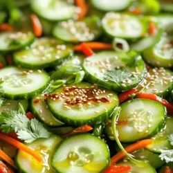- 3 medium cucumbers - 1 red bell pepper - 1 carrot - 2 green onions - Fresh cilantro leaves (optional) - 1 tablespoon sesame seeds - 1 tablespoon chili garlic sauce - 2 tablespoons soy sauce (or tamari) - 1 tablespoon rice vinegar - 1 teaspoon sugar - 1 teaspoon sesame oil - Salt to taste Using fresh cucumbers is key. They add crispness and flavor. Look for firm, bright ones. The best soy sauce enhances your dish. I prefer low-sodium soy sauce for balance. Tamari is a great gluten-free choice. It gives a similar taste. Always check the label for quality. This attention to detail makes your salad better. Start by preparing your veggies. For the cucumbers, thinly slice them into rounds. Use a sharp knife for even cuts. Next, take the red bell pepper and julienne it. This means cutting it into thin strips. Finally, grate the carrot using a box grater or a food processor. Place all these veggies into a large mixing bowl. Now, let's make the dressing. In a small bowl, combine the chili garlic sauce, soy sauce, rice vinegar, and sugar. Mix these ingredients well. It is important to whisk thoroughly. This helps blend the flavors for a tasty dressing. Pour the dressing over the vegetable mix in the large bowl. Toss everything together gently. This ensures the veggies get coated well with the dressing. Let the salad rest for about 10-15 minutes. This time lets the flavors meld together, and the cucumbers release some of their juices. To control the heat, you can add more chili garlic sauce. This will give your salad a nice kick. You can also try using fresh or dried chili peppers. If you want a different spice, consider adding sriracha or gochujang. Each option gives a unique flavor. To boost the taste, consider adding fresh herbs. Cilantro and mint pair well with the salad’s crunch. You can also add a pinch of ground ginger for warmth. Another option is to sprinkle in some crushed red pepper flakes for extra heat. These small tweaks can make a big difference. For serving, use colorful bowls or platters. Arrange the salad neatly for a stunning look. A sprinkle of sesame seeds adds charm. Finally, garnish with fresh cilantro leaves. This brightens the dish and adds a pop of color. Enjoy the vibrant sight before you dig in! {{image_2}} You can switch up the veggies in this salad. Try using radishes or cabbage for a new twist. Both add a nice crunch and flavor. If you need a gluten-free option, use tamari instead of soy sauce. Tamari has a similar taste and works great in this recipe. Want to make this salad more filling? You can add proteins like tofu or grilled chicken. They blend well with the fresh veggies. For extra crunch, toss in some nuts or seeds. Sesame seeds are a great choice, but you can also use chopped peanuts or sunflower seeds. Using seasonal veggies can make this salad even better. In the summer, add in fresh corn or zucchini. They bring a bright taste and a pop of color. This keeps the salad fresh and fun. Enjoy these variations to suit any occasion! Don’t forget to check the Full Recipe for all the details. To keep your Spicy Asian Cucumber Salad fresh, store it in the fridge right away. Use an airtight container to seal in flavors and moisture. This helps keep the salad crunchy and tasty. If you have a large batch, divide it into smaller portions. This way, you can grab just what you need. For the best taste, enjoy your salad within three days. After this, the cucumbers may get soggy. Look for signs that the salad has gone bad. If you see any discoloration or a bad smell, it’s time to toss it. Trust your nose and eyes to guide you. While you can freeze this salad, I don’t recommend it. Freezing changes the texture of cucumbers. They become mushy when thawed. If you must freeze, place it in a freezer-safe bag. Remove as much air as possible to avoid freezer burn. Remember, the fresh taste will not be the same after freezing. Yes, you can make this salad a few hours before serving. I recommend making it no more than 4 hours in advance. This way, the cucumbers stay crisp, and the flavors blend well. This salad pairs well with grilled chicken or fish. You can also serve it with rice or noodles. It adds a fresh crunch to any meal. Yes! You can prepare it for the week. Just store the salad in airtight containers. Keep the dressing separate until you’re ready to eat. This helps maintain the salad's crispness. To make it vegan, swap the regular soy sauce for tamari. You can also use maple syrup instead of sugar. These changes keep the salad tasty and plant-based. For the complete recipe, check out Fiery Crunchy Cucumber Salad 🥒. The Spicy Asian Cucumber Salad is fresh, flavorful, and easy to make. We covered key ingredients, preparation steps, and tips to enhance your dish. Remember to adjust the spice level to suit your taste. For a nutritious boost, consider adding proteins or seasonal veggies. Store leftovers properly to keep them fresh. This salad is great for meal prep and pairs well with many dishes. Enjoy creating this tasty dish that brightens any meal!
