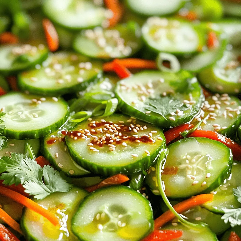 - 3 medium cucumbers - 1 red bell pepper - 1 carrot - 2 green onions - Fresh cilantro leaves (optional) - 1 tablespoon sesame seeds - 1 tablespoon chili garlic sauce - 2 tablespoons soy sauce (or tamari) - 1 tablespoon rice vinegar - 1 teaspoon sugar - 1 teaspoon sesame oil - Salt to taste Using fresh cucumbers is key. They add crispness and flavor. Look for firm, bright ones. The best soy sauce enhances your dish. I prefer low-sodium soy sauce for balance. Tamari is a great gluten-free choice. It gives a similar taste. Always check the label for quality. This attention to detail makes your salad better. Start by preparing your veggies. For the cucumbers, thinly slice them into rounds. Use a sharp knife for even cuts. Next, take the red bell pepper and julienne it. This means cutting it into thin strips. Finally, grate the carrot using a box grater or a food processor. Place all these veggies into a large mixing bowl. Now, let's make the dressing. In a small bowl, combine the chili garlic sauce, soy sauce, rice vinegar, and sugar. Mix these ingredients well. It is important to whisk thoroughly. This helps blend the flavors for a tasty dressing. Pour the dressing over the vegetable mix in the large bowl. Toss everything together gently. This ensures the veggies get coated well with the dressing. Let the salad rest for about 10-15 minutes. This time lets the flavors meld together, and the cucumbers release some of their juices. To control the heat, you can add more chili garlic sauce. This will give your salad a nice kick. You can also try using fresh or dried chili peppers. If you want a different spice, consider adding sriracha or gochujang. Each option gives a unique flavor. To boost the taste, consider adding fresh herbs. Cilantro and mint pair well with the salad’s crunch. You can also add a pinch of ground ginger for warmth. Another option is to sprinkle in some crushed red pepper flakes for extra heat. These small tweaks can make a big difference. For serving, use colorful bowls or platters. Arrange the salad neatly for a stunning look. A sprinkle of sesame seeds adds charm. Finally, garnish with fresh cilantro leaves. This brightens the dish and adds a pop of color. Enjoy the vibrant sight before you dig in! {{image_2}} You can switch up the veggies in this salad. Try using radishes or cabbage for a new twist. Both add a nice crunch and flavor. If you need a gluten-free option, use tamari instead of soy sauce. Tamari has a similar taste and works great in this recipe. Want to make this salad more filling? You can add proteins like tofu or grilled chicken. They blend well with the fresh veggies. For extra crunch, toss in some nuts or seeds. Sesame seeds are a great choice, but you can also use chopped peanuts or sunflower seeds. Using seasonal veggies can make this salad even better. In the summer, add in fresh corn or zucchini. They bring a bright taste and a pop of color. This keeps the salad fresh and fun. Enjoy these variations to suit any occasion! Don’t forget to check the Full Recipe for all the details. To keep your Spicy Asian Cucumber Salad fresh, store it in the fridge right away. Use an airtight container to seal in flavors and moisture. This helps keep the salad crunchy and tasty. If you have a large batch, divide it into smaller portions. This way, you can grab just what you need. For the best taste, enjoy your salad within three days. After this, the cucumbers may get soggy. Look for signs that the salad has gone bad. If you see any discoloration or a bad smell, it’s time to toss it. Trust your nose and eyes to guide you. While you can freeze this salad, I don’t recommend it. Freezing changes the texture of cucumbers. They become mushy when thawed. If you must freeze, place it in a freezer-safe bag. Remove as much air as possible to avoid freezer burn. Remember, the fresh taste will not be the same after freezing. Yes, you can make this salad a few hours before serving. I recommend making it no more than 4 hours in advance. This way, the cucumbers stay crisp, and the flavors blend well. This salad pairs well with grilled chicken or fish. You can also serve it with rice or noodles. It adds a fresh crunch to any meal. Yes! You can prepare it for the week. Just store the salad in airtight containers. Keep the dressing separate until you’re ready to eat. This helps maintain the salad's crispness. To make it vegan, swap the regular soy sauce for tamari. You can also use maple syrup instead of sugar. These changes keep the salad tasty and plant-based. For the complete recipe, check out Fiery Crunchy Cucumber Salad 🥒. The Spicy Asian Cucumber Salad is fresh, flavorful, and easy to make. We covered key ingredients, preparation steps, and tips to enhance your dish. Remember to adjust the spice level to suit your taste. For a nutritious boost, consider adding proteins or seasonal veggies. Store leftovers properly to keep them fresh. This salad is great for meal prep and pairs well with many dishes. Enjoy creating this tasty dish that brightens any meal!