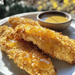 For Honey Mustard Chicken Tenders, you will need: - 1 pound (450g) chicken breast tenders - 1/4 cup honey - 1/4 cup Dijon mustard - 2 tablespoons olive oil - 1 teaspoon garlic powder - 1 teaspoon onion powder - 1/2 teaspoon smoked paprika - Salt and pepper to taste - 1 cup Panko breadcrumbs - 1/2 cup all-purpose flour - 2 large eggs Each ingredient plays a key role in the flavor and texture of the dish. Here’s a quick breakdown: - Chicken Breast Tenders: The star of the dish, tender and juicy. - Honey and Dijon Mustard: They create a perfect sweet and tangy glaze. - Olive Oil: Adds moisture and helps the coating crisp up in the oven. - Spices: Garlic powder, onion powder, and smoked paprika give depth. - Panko Breadcrumbs: They provide a light and crispy texture. - All-Purpose Flour and Eggs: These help the breadcrumbs stick well to the chicken. If you want to mix things up or have dietary needs, consider these swaps: - Chicken: You can use tofu or tempeh for a plant-based option. - Honey: Maple syrup works great if you want a vegan choice. - Dijon Mustard: Yellow mustard gives a milder taste if you prefer. - Panko Breadcrumbs: Regular breadcrumbs can be used, but they won’t be as crunchy. - Olive Oil: Avocado oil is a good substitute for a different flavor. Using these ingredients, you will create a dish that is both tasty and easy to make. For the full recipe, check the detailed instructions to guide you through the process. First, gather all your ingredients. You will need chicken breast tenders, honey, Dijon mustard, olive oil, garlic powder, onion powder, smoked paprika, salt, and pepper. You also need Panko breadcrumbs, all-purpose flour, and eggs. Preheat your oven to 400°F (200°C). Line a baking sheet with parchment paper to keep the chicken from sticking. In a medium bowl, whisk together honey, Dijon mustard, olive oil, garlic powder, onion powder, smoked paprika, salt, and pepper. This mixture will be your marinade. Set aside half of it for dipping later. Place the chicken tenders in a large bowl. Pour the marinade over them and toss to coat. Let the chicken sit for at least 15 minutes. This step helps the flavors sink in. Set up your breading station. Use three shallow bowls. Put all-purpose flour in one, whisk the eggs in another, and add Panko breadcrumbs to the last. Take each marinated chicken tender and dip it in the flour first. Shake off any extra flour. Then, dip it in the egg. Lastly, coat it with Panko breadcrumbs. Press gently so the crumbs stick well. Arrange the breaded chicken tenders on your baking sheet in a single layer. This makes sure they cook evenly. Now it’s time to bake. Place the baking sheet in your preheated oven. Bake the chicken tenders for 15 to 20 minutes. They should be golden and crispy when done. Use a meat thermometer to check. The internal temperature should reach 165°F (75°C). Once cooked, take them out and serve warm. Don’t forget to enjoy them with the reserved honey mustard dipping sauce. For the complete recipe, check out the [Full Recipe]. Marinating chicken tenders makes them juicy and full of taste. I suggest marinating for at least 15 minutes. For even more flavor, try to marinate them for an hour or overnight. Use a sealed bag to coat the tenders well in the marinade. This keeps them moist and adds depth to each bite. You can cook honey mustard chicken tenders in three ways. Each method gives a different texture and taste. - Oven: Preheat your oven to 400°F (200°C). This method offers a crispy coating with less oil. Bake for 15-20 minutes. - Air Fryer: Set your air fryer to 400°F (200°C) and cook for about 10-12 minutes. This method is quick and makes the tenders very crisp. - Pan-Frying: Heat oil in a skillet over medium heat. Cook the tenders for about 4-5 minutes on each side. This gives a rich flavor and nice golden color. Choose the method that fits your time and taste. Honey mustard chicken tenders pair well with many sides. Try serving them with: - Fresh salad for a light meal - Crispy fries for a fun treat - Creamy coleslaw for added crunch - Steamed veggies for a healthy touch For a dip, use the reserved honey mustard sauce. This adds a sweet and tangy kick that everyone loves. Enjoy your meal! {{image_2}} To make spicy honey mustard chicken tenders, add hot sauce to the marinade. A tablespoon or two will add heat without losing the sweet flavor. You can also use spicy mustard instead of Dijon. This twist gives a nice kick to your meal. Serve it with a cooling dip, like ranch or yogurt, to balance the heat. If you need a gluten-free version, swap regular flour and breadcrumbs for gluten-free ones. Use almond flour or coconut flour for breading. Make sure your mustard and honey are also gluten-free. This way, everyone can enjoy the dish without worry. Using an air fryer cooks chicken tenders quickly. It gives a crispy texture with less oil. This method is also great for busy nights. The oven takes a bit longer, but it can cook more tenders at once. You can choose based on your needs and time. Both methods will yield tasty chicken tenders. For the full recipe, check out the Honey Mustard Chicken Tenders section. After enjoying your honey mustard chicken tenders, you may have some left. To store them, let the chicken cool to room temperature. Place the tenders in an airtight container. You can keep them in the fridge for up to three days. For best taste, eat them within this time. To reheat the chicken tenders, preheat your oven to 350°F (175°C). Place the tenders on a baking sheet lined with parchment paper. Heat them for about 10-15 minutes. This method helps keep the coating crispy. You can also use a microwave, but the coating may become soft. If you want to save some chicken tenders for later, freezing works well. Allow the tenders to cool completely. Then, place them in a freezer-safe bag. Remove as much air as possible before sealing. These tenders can stay in the freezer for up to three months. When you’re ready to eat, thaw them in the fridge overnight before reheating. Enjoy your tasty meal anytime! You can make Honey Mustard Chicken Tenders healthier by swapping some ingredients. Use whole wheat flour instead of all-purpose flour. Try baked tenders instead of fried. You can also reduce the honey or use a sugar substitute. Adding more spices can enhance flavor without adding calories. Serve with a side of veggies for a balanced meal. Yes, you can use regular mustard instead of Dijon. Regular mustard will give a different taste, but it still works. It may be less sweet, so you might want to add a touch more honey. The texture and flavor may change, but it will still taste great. Feel free to experiment with other mustard types too! The best dipping sauces for chicken tenders include ranch, barbecue, and the honey mustard mix. Each sauce adds a unique flavor. If you love spicy food, try adding hot sauce to your honey mustard. You can also mix yogurt with herbs for a fresh option. Each choice can change your meal experience! This post covered simple recipes for Honey Mustard Chicken Tenders. We discussed ingredients, preparation steps, and cooking methods. You learned tips for flavor and storage. Variations for spicy or gluten-free options help you customize. As you try these recipes, remember to enjoy cooking and be creative. You can make each dish your own. Happy cooking!