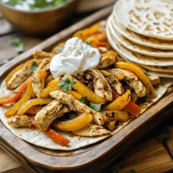 - 1 pound boneless, skinless chicken breasts - 1 bell pepper (red or green) - 1 large onion - 8 small flour or corn tortillas - 2 teaspoons chili powder - 1 teaspoon cumin - 1 teaspoon smoked paprika - Salt and pepper - Sour cream - Guacamole - Shredded cheese - Fresh cilantro For my easy chicken fajitas, I keep it simple and fresh. The main star is always the chicken. I love using boneless, skinless chicken breasts for this recipe. They cook quickly and stay juicy. You can slice them into thin strips for even cooking. Next, I add a bell pepper. You can pick a red or green one. Both bring a nice crunch and flavor. Then, I slice a large onion. The onion adds sweetness when cooked. These three ingredients form the base of my fajitas. Now, let's talk spices. I use chili powder for a warm kick. Cumin brings a nice earthiness, while smoked paprika adds depth. Salt and pepper finish this blend. They help bring out all the flavors. For optional toppings, I suggest sour cream and guacamole. They add creaminess. Shredded cheese can give a nice melt. Fresh cilantro adds a burst of freshness. You can find the full recipe later. But with these ingredients, you are ready for a quick and tasty dinner! To start, take your sliced chicken and put it in a large bowl. Add the garlic, chili powder, cumin, smoked paprika, salt, and pepper. Mix it well so every piece gets coated. This step is key for great flavor. Next, heat one tablespoon of olive oil in a large skillet over medium-high heat. Add the seasoned chicken to the pan. Cook it for about 5 to 7 minutes. Make sure there is no pinkness in the chicken. It should be fully cooked and delicious. Now, remove the chicken and set it aside. In the same skillet, add the rest of the olive oil. Toss in the sliced bell pepper and onion. Sauté them for about 4 to 5 minutes. You want them softened and slightly caramelized for the best taste. Once the veggies are ready, return the cooked chicken to the skillet. Mix the chicken and vegetables well. Let them cook together for another 2 to 3 minutes. This allows the flavors to meld beautifully. While the chicken and veggies finish cooking, warm the tortillas. You can use a dry skillet or the microwave. Make sure they are soft and pliable. This makes them easy to roll. Finally, it’s time to assemble your fajitas! Place a generous scoop of the chicken and veggie mixture onto each tortilla. Add your favorite toppings like sour cream, guacamole, shredded cheese, or fresh cilantro. Roll them up and enjoy your meal! For the complete process, check the Full Recipe. To get the most out of your chicken fajitas, adjust the seasoning. I recommend adding more chili powder for a bolder kick. You can also toss in a pinch of cayenne if you love heat. For tenderness, marinate the chicken for 30 minutes. This step helps the spices soak in and makes the meat juicy. Fajitas shine when paired with tasty sides. I suggest serving them with Mexican rice or a fresh salad. Black beans also add protein and flavor. For drinks, a nice cold beer or a fruity margarita complements the meal perfectly. Prepping ahead saves time. Slice chicken and veggies the night before. Store them in airtight bags to keep them fresh. Cooked fajitas can last in the fridge for up to three days. When storing leftovers, keep the chicken and veggies separate from the tortillas. This way, they stay crisp and fresh. {{image_2}} You can easily swap chicken for other proteins. Shrimp fajitas are light and quick. Just cook shrimp for 3-4 minutes until pink. Beef also makes a great option. Use flank steak, sliced thin. For a vegetarian dish, try black beans or tofu. Both options add protein and flavor. Switch up the bell peppers! Use yellow or orange peppers for sweetness. These colors add a fun twist to your fajitas. You can also use whole wheat tortillas. They offer more fiber and a nutty taste. This swap makes the dish a bit healthier. Want more spice? Add jalapeños or chopped serrano peppers. These peppers pack a punch! You can also mix in fresh herbs like cilantro. They add brightness and flavor. Try adding fresh lime juice for a zesty kick. For the full recipe, check the link above. To keep your fajitas fresh, place them in an airtight container. They store well in the fridge for up to three days. If you want to save them longer, freeze the chicken and veggies separately. When you’re ready to eat, thaw overnight in the fridge. Reheat in a skillet over medium heat for the best flavor. You can also use the microwave, but the skillet keeps the texture nice. When stored properly, your chicken fajitas can last up to three days in the fridge. If frozen, they can stay good for about two months. Always check for signs of spoilage. Look for a change in color or an off smell. If anything seems off, it’s best to toss it out. Leftover chicken and veggies work great in other meals. You can make a chicken salad by mixing them with greens and dressing. For a fun twist, add them to scrambled eggs for breakfast. You can also throw them in a wrap or quesadilla for lunch. These options help you enjoy your leftovers without feeling repetitive. To add heat to your chicken fajitas, you can include sliced jalapeños or serrano peppers in the mix. These peppers will give your dish a nice kick. You can also add a splash of hot sauce or a pinch of cayenne pepper to the spice blend. For extra flavor, try using spicy chili powder instead of regular. Yes, you can prepare fajitas ahead of time. First, marinate the chicken with spices a few hours before cooking. Store the marinated chicken in the fridge until ready to cook. You can also sauté the veggies in advance. Just keep them in an airtight container. When ready to serve, reheat the chicken and veggies in a skillet. To warm tortillas, heat a dry skillet over medium heat. Place the tortillas in the skillet for about 30 seconds on each side. This method makes them soft and pliable. If you prefer the microwave, wrap the tortillas in a damp paper towel and microwave them for about 20-30 seconds. This keeps them warm and soft. Yes, fajitas can be gluten-free. Use corn tortillas instead of flour tortillas for a gluten-free option. Check the labels on your spices and sauces to ensure they are gluten-free. Most spices are safe, but always read the packaging for peace of mind. Enjoy your fajitas without worry! To make tasty chicken fajitas, start with key ingredients like chicken, peppers, and spices. Follow the steps to cook and assemble your meal perfectly. Don’t forget to try different proteins and toppings for your recipes. Meal prep and storage tips help keep everything fresh. With these easy ideas, you can enjoy fajitas anytime. Exploring variations and enhancements offers fun ways to mix it up. Now you’re ready to impress with your fajita skills and flavor! Enjoy your cooking and have fun!