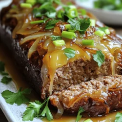 To make a tasty Savory French Onion Meatloaf, you need some key ingredients: - 1 lb ground beef - 1 lb ground turkey - 1 large onion, finely chopped - 2 cloves garlic, minced - 1 cup breadcrumbs - 1/2 cup grated Parmesan cheese These ingredients give the meatloaf its rich taste and texture. The mix of beef and turkey keeps it juicy, while the onion and garlic add flavor. Don't forget the seasonings! They bring everything together: - 1 tablespoon Worcestershire sauce - 1 teaspoon dried thyme - 1 teaspoon salt - 1/2 teaspoon black pepper For the topping, use 1 cup of French onion dip. It creates a creamy finish that makes every bite delightful. You can add some sliced green onions on top for a fresh touch. This adds color and a bit of crunch. Check out the Full Recipe for more details on how to bring all these ingredients together! 1. Preheat your oven to 350°F (175°C) and lightly grease a loaf pan. This helps the meatloaf not stick. A good greasing makes serving easier. 2. In a large skillet, add a tablespoon of olive oil over medium heat. Add the chopped onion first. Cook until it is soft and turns golden, about 10 minutes. Stir in the minced garlic for the last minute. This gives a great flavor. Remove the skillet from heat and let the mixture cool slightly. 1. In a large mixing bowl, combine the ground beef and ground turkey. Add breadcrumbs, grated Parmesan cheese, chopped parsley, and eggs. Pour in the beef broth and Worcestershire sauce. Then, add dried thyme, salt, and pepper. 2. Now, add the cooled onion and garlic mixture to the meat mixture. Mix gently with your hands until everything is well combined. Be careful not to overmix, as this can make the meatloaf tough. 3. Shape the mixture into a loaf. Place it in the prepared loaf pan. Spread the French onion dip evenly over the top. This will add a rich flavor and keep the meatloaf moist. 1. Bake in the preheated oven for 1 hour. The meatloaf is done when it reaches an internal temperature of 160°F (70°C). You can check this with a meat thermometer for accuracy. 2. Once done, let the meatloaf rest for 10 minutes before slicing. This helps keep it juicy. Garnish with sliced green onions before serving. For the full recipe, check out the detailed instructions above. Enjoy your cooking! To make your meatloaf truly shine, focus on texture and flavor. First, choose a mix of ground beef and turkey. This combo gives a nice balance of flavor and moisture. The caramelized onions bring sweetness, while the garlic adds depth. Don’t rush the sautéing. Take your time to get those onions golden brown. This step is key to rich flavor. After baking, let your meatloaf rest for ten minutes. This helps keep it juicy. If you slice too soon, the juices run out. Trust me, waiting is worth it! Pair your savory French onion meatloaf with classic sides. Mashed potatoes or a fresh green salad work well. For a touch of flair, drizzle leftover French onion dip around the plate. This adds flavor and makes it look nice. You can also garnish with fresh parsley or sliced green onions. These simple touches make your dish pop! For more ways to enjoy this meal, check the Full Recipe. Try different sides or arrange your plate in fun designs. Enjoy! {{image_2}} You can use various meats for your meatloaf. Ground beef and turkey are popular choices. They give great flavor and texture. If you want a lighter option, try using only ground turkey. It will still taste good but be lower in fat. For a different twist, consider chicken. Ground chicken can make the dish lighter. If you prefer plant-based options, use lentils or chickpeas. They provide protein and fiber. You can mash them and mix with the other ingredients. Adding spices or herbs can make your meatloaf unique. Consider mixing in some smoked paprika for a hint of heat. You can also try fresh herbs like rosemary or basil. These can really brighten the dish. Topping your meatloaf can also change its taste. Besides French onion dip, you can use a mix of ketchup and mustard. It adds a tangy flavor that's very appealing. Another great option is a layer of cheese. Melted cheese on top makes it extra creamy. Experiment with these variations to find your favorite flavor. Enjoy the process of making it your own! For the full recipe, check out the details above. To keep your Savory French Onion Meatloaf fresh, store it in the fridge. Place it in an airtight container or wrap it well with plastic wrap. It can last for up to three days. When you are ready to eat, slice the meatloaf. Then, reheat it in the microwave or oven. If using a microwave, heat for about one to two minutes. In the oven, warm it at 350°F (175°C) for 15 to 20 minutes. This keeps it moist and tasty. If you want to save meatloaf for later, freezing is a great option. First, let the meatloaf cool completely. Wrap it tightly in plastic wrap, then place it in a freezer-safe bag or container. This will help prevent freezer burn. You can freeze it for up to three months. When you are ready to enjoy it, take it out and thaw in the fridge overnight. After thawing, reheat it in the oven at 350°F (175°C) for about 20 to 25 minutes. Make sure it reaches an internal temperature of 165°F (74°C) before serving. This way, you can enjoy delicious meatloaf anytime you want. For the full recipe, check out Savory French Onion Meatloaf. To make this meatloaf gluten-free, swap regular breadcrumbs for gluten-free ones. You can also use crushed gluten-free crackers or oats. Ensure all sauces, like Worcestershire sauce, are gluten-free. Check labels carefully. Yes, you can make the meatloaf the day before. Mix all the ingredients, shape it into a loaf, and cover it. Store it in the fridge overnight. This helps flavors meld. Just remember to adjust the cooking time if it's cold from the fridge. This meatloaf pairs well with many sides. Consider mashed potatoes, green beans, or a fresh salad. You can also serve it with roasted veggies. A drizzle of remaining French onion dip adds extra flavor. Yes, you can adjust the cooking time. For smaller meatloafs, reduce the time by about 15-20 minutes. For larger ones, you may need to add 10-15 minutes. Always check the internal temperature. It should reach 160°F (70°C) for safety. This blog post covered how to make a tasty Savory French Onion Meatloaf. You learned about the main ingredients like ground beef and turkey, plus the seasonings that add flavor. We went through step-by-step instructions for preparation, mixing, and baking. You also received tips for perfect texture and ideas for side dishes. In the end, this meatloaf is flexible. You can switch ingredients and customize it as you like. Enjoy your cooking!