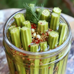 - 1 pound fresh okra, stems trimmed - 2 cups distilled white vinegar - 1 cup water - 2 tablespoons sea salt - 2 teaspoons sugar - 4 cloves garlic, crushed - 1 tablespoon dill seeds - 1 tablespoon black mustard seeds - 1 teaspoon red pepper flakes Crisp pickled okra starts with fresh okra. Look for bright green pods. They should be firm and without blemishes. Distilled white vinegar gives a tangy flavor. It helps preserve the okra and keeps it crunchy. Water balances the vinegar's strength. Next, sea salt adds flavor and helps with the pickling process. Sugar adds a touch of sweetness. Garlic cloves bring a nice aroma and taste. For extra flavor, you can try optional ingredients. Dill seeds add a unique taste. Black mustard seeds bring a slight crunch. Red pepper flakes give a kick. Adjust them to your spice level. For the full recipe, check the details above. Enjoy making your own crisp pickled okra! To start, wash the fresh okra under cold water. This step ensures you remove any dirt or debris. Next, trim the stems. Be careful not to cut too deep; you want to keep the seeds intact. This helps the okra stay crisp during pickling. Now, let’s make the pickling brine. In a medium saucepan, combine 2 cups of distilled white vinegar, 1 cup of water, 2 tablespoons of sea salt, and 2 teaspoons of sugar. Stir well. Heat this mixture over medium heat. Bring it to a gentle boil. Keep stirring until the salt and sugar fully dissolve. This brine gives the okra its tangy flavor. It’s time to pack the okra into a jar. Grab a clean mason jar or a large glass container. Layer the okra vertically, packing them tightly. Between the layers, add crushed garlic, dill seeds, mustard seeds, red pepper flakes, and a bay leaf. These spices will add great flavor. After that, pour the hot pickling brine over the okra. Make sure all the okra is covered in the liquid. If you see air pockets, tap the jar gently. Let the jar cool to room temperature before sealing it with a lid. For the full recipe, don’t forget to check the detailed instructions provided. - Fresh okra is key for a great crunch. Choose small, firm pods with bright color. - To prevent mushiness, avoid cutting the okra too deep when trimming. Keep the seeds intact. - Use a clean jar and pack the okra tightly. This helps keep them firm during pickling. - For the best flavor, refrigerate the okra for at least 24 hours. Waiting 3 to 5 days gives richer taste. - Experiment with spices like coriander or black pepper for extra depth. Adding a few slices of ginger can also elevate the flavor. - Serve pickled okra as a snack with crackers and cheese. They add a zesty crunch! - Use them as a garnish for cocktails like Bloody Marys. They also pair well with fried fish or Southern dishes. - Try adding them to salads for a fun twist. They bring a tangy bite that many will love. {{image_2}} To make your pickled okra spicy, add jalapeños or more red pepper flakes. Start with one or two sliced jalapeños. You can also mix in extra red pepper flakes if you want it hotter. This adds both flavor and heat that many people love. The spicy kick pairs well with the tangy vinegar. You can change the flavor by using different herbs and spices. Try adding garlic scapes for a fresh taste. Other great options include thyme, oregano, or even basil. Each herb will give your pickled okra a unique twist. Feel free to experiment to find your favorite mix. If you want to pickle okra fast, use a quick pickling method. This means you can skip the long wait for flavors to develop. Use the same brine but reduce the vinegar and salt. Heat it, then pour it over your okra. Let it cool and enjoy the same day. This method is great for last-minute snacks. For the full recipe, check out the Crisp Pickled Okra Delight. Store your crisp pickled okra in glass jars. Mason jars work great. They keep the pickles fresh. Make sure the jars have tight lids. This helps prevent air from spoiling your okra. Always allow the jar to cool before sealing it. You want to keep all the flavors inside. Crisp pickled okra lasts about 2 months in the fridge. After that, the taste may change. The okra might also lose its crunchiness. Be sure to check the jar often. If you see any signs of spoilage, throw it out. You can freeze pickled okra, but it may change texture. If you want to freeze, use freezer-safe bags. Remove as much air as you can. This helps keep the flavor intact. When you are ready to use it, thaw in the fridge overnight. Enjoy your pickled okra in salads or as a snack. For full recipe details, please refer to the Full Recipe. Using the right vinegar is key for pickling okra. Distilled white vinegar works great. It has a strong flavor and high acidity. Apple cider vinegar is another option. It adds a fruity taste. Rice vinegar is milder, perfect for those who want less tartness. Each vinegar gives a unique flavor, so feel free to experiment. Yes, you can reuse pickling brine! After using it, strain out any solids. Then, store it in the fridge. Use it within a week for best results. Reusing brine can save time and add flavor to new batches. Just make sure the brine hasn’t gone bad. Watch for signs of spoilage. If you see mold or off colors, it’s bad. A strange smell is also a sign. If the texture feels slimy, discard it. Always trust your senses. When in doubt, throw it out. Your health is more important than saving a jar of okra. In this post, I covered how to make crisp pickled okra. You learned about key ingredients, from fresh okra to spices. I shared a simple step-by-step guide for preparation and storage. Using the right techniques keeps your okra crunchy and flavorful. Don't hesitate to experiment with new spices or quick pickling methods. Enjoy your pickled okra as a snack or a side dish. With these tips, you'll create delicious and unique flavors at home. Happy pickling!
