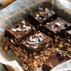 To make these no-bake chocolate oat bars, you need just a few key ingredients: - 2 cups rolled oats - 1 cup almond butter (or peanut butter) - 1/2 cup honey or maple syrup - 1/4 cup cocoa powder - 1 teaspoon vanilla extract - 1/4 teaspoon salt - 1/2 cup dark chocolate chips (dairy-free if preferred) These items create a tasty, chewy, and satisfying treat. The rolled oats provide texture and fiber. Almond butter adds creaminess, while honey or maple syrup offers natural sweetness. Cocoa powder gives a rich chocolate flavor that you’ll love. If you want to switch things up, consider these alternatives: - Nut Butters: You can use peanut butter, cashew butter, or a seed butter for a nut-free option. - Sweeteners: Try agave syrup or brown rice syrup if you prefer different sweeteners. - Chocolate: Use white chocolate chips or carob chips for a different flavor twist. These swaps can help cater to your taste or dietary needs without losing the treat's goodness. Enhance your bars with these fun toppings: - Shredded coconut for a tropical flair - Chopped nuts for extra crunch - Extra chocolate chips for a double chocolate treat These toppings not only add flavor but also make your bars look even more appealing. You can mix and match based on what you have at home or what you enjoy. For the full recipe, check out the detailed steps! Making no-bake chocolate oat bars is simple and quick. You can prepare these bars in just 15 minutes. The mixture sets in the fridge for two hours. You will enjoy a tasty treat in no time. Start with a large mixing bowl. Add the rolled oats, almond butter, honey, cocoa powder, vanilla extract, and salt. Mix them well until they blend nicely and feel sticky. This step is key to holding the bars together. Next, fold in the dark chocolate chips. Make sure they spread evenly throughout the mix. Line an 8x8 inch baking dish with parchment paper. Leave some paper hanging over the edges. This will help you lift the bars out later. Press the mixture into the bottom of the dish firmly. You can use your hands or a spatula for this. For extra flavor, add toppings like shredded coconut or chopped nuts on top. Refrigerate the dish for at least two hours. This helps the bars set. Once they are firm, lift them out using the parchment paper. Cut into squares or rectangles. Store any leftovers in an airtight container in the fridge for up to a week. For the full recipe, check out the earlier section. To get the best texture for your no-bake chocolate oat bars, follow these tips: - Use rolled oats for a chewy base. - Make sure your nut butter is creamy and smooth. - Mix until the blend is sticky but not too wet. - Pack the mixture firmly into the dish for a solid bar. These steps ensure your bars hold shape and have a great bite. You can make these bars your own by changing some ingredients: - Swap almond butter for peanut butter or sunflower seed butter. - Try agave nectar or brown rice syrup instead of honey. - Add spices like cinnamon or nutmeg for warmth. - Mix in dried fruits, like raisins or cranberries, for extra sweetness. This lets you create a flavor that suits your taste. Watch out for these common mistakes: - Not using enough nut butter can make the bars crumbly. - Forgetting to pack the mixture tightly can lead to loose bars. - Skipping the fridge time will result in soft bars that fall apart. - Using old or stale oats can affect the taste and texture. Avoiding these pitfalls will help you make perfect bars every time. For the full recipe, check out the instructions above. {{image_2}} You can easily make vegan and nut-free options for these bars. Instead of almond butter, use sunflower seed butter. It gives a rich taste and helps bind the bars. For sweeteners, choose agave nectar instead of honey. This swap keeps the recipe plant-based. Always check labels to ensure nut-free ingredients. This way, everyone can enjoy these tasty treats. You can mix up the flavors in these bars. Try adding a pinch of cinnamon for warmth. You can also use different extracts like almond or mint. Swapping cocoa powder for carob powder gives a unique twist. For a fruity touch, fold in dried fruit like cranberries or raisins. Each flavor change can give a new experience to your snack. Seasonal ingredients can elevate your bars. In fall, add pumpkin spice or pureed pumpkin for a cozy flavor. During summer, consider mixing in fresh berries for a burst of freshness. In winter, try adding crushed peppermint for a festive touch. These seasonal changes keep your bars exciting and fun to eat all year long. To keep your no-bake chocolate oat bars fresh, store them in an airtight container. Place the bars in the fridge right after they set. This helps maintain their texture and flavor. Keeping them cool also prevents spoilage. If you plan to eat them within a week, the fridge is perfect. You can freeze these bars for longer storage. First, cut them into squares. Wrap each piece tightly in plastic wrap. Then, place the wrapped bars in a freezer-safe bag. Label the bag with the date. They will stay good for up to three months. When you are ready to eat, just thaw them in the fridge overnight. These bars last about a week in the fridge. Check for signs of spoilage before eating. If you see mold or any strange smell, do not eat them. Also, if the texture becomes very hard or dry, it's best to toss them. Always trust your senses; they can help you avoid spoiled food. Yes, you can use other grains like quinoa or barley. Just make sure they are cooked and cooled. This change will alter the taste and texture slightly. Quinoa gives a nice crunch, while barley has a mild flavor. To make these bars gluten-free, use certified gluten-free oats. Some oats can have gluten due to cross-contact. Always check the packaging to ensure you have a safe option. This simple swap works well, keeping the bars tasty and safe for those with gluten issues. You can use agave syrup or brown rice syrup as alternatives. Both will give sweetness without changing the flavor too much. If you prefer a sugar option, try granulated sugar mixed with a bit of water. Just adjust the amount to get the right sweetness. These bars can last up to a week in the fridge. Store them in an airtight container to keep them fresh. If you notice any changes in texture or smell, it’s best to toss them. Enjoy them within the week for the best taste. Yes, adding protein powder is a great idea! You can mix in about 1/4 to 1/2 cup of your favorite protein powder. It boosts nutrition without changing the flavor much. Just adjust any liquid to keep the right texture. For the full recipe, check the ingredients above. This article covered how to make no-bake chocolate oat bars. We discussed key ingredients, alternatives, and toppings. I shared step-by-step instructions and tips for the best texture. Customizations and variations let you explore flavors. I also highlighted storage tips for freshness and answered common questions. These bars are an easy, tasty treat. Make them your own with fun changes! Enjoy your delicious creation and share it with others.