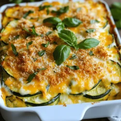 - 4 medium zucchinis, sliced - 1 cup shredded cheddar cheese - 1 cup shredded mozzarella cheese - 1/2 cup grated Parmesan cheese - 1 medium onion, chopped - 2 cloves garlic, minced - 2 large eggs, beaten - 1/2 cup unsweetened almond milk (or regular milk) - 1 cup breadcrumbs (preferably whole wheat) - 1 teaspoon dried oregano - 1 teaspoon Italian seasoning - Salt and pepper to taste - 2 tablespoons olive oil - Fresh herbs (like basil or parsley) for garnish When making Cheesy Zucchini Casserole, gather these fresh ingredients. Zucchini is the star. It brings a mild taste that absorbs flavors well. The cheeses add creaminess and richness. I love using cheddar and mozzarella for a gooey finish. Parmesan gives a nice salty kick. Chopped onion and minced garlic add depth. They create a fragrant base. The eggs bind everything together. Almond milk or regular milk keeps the casserole moist. Whole wheat breadcrumbs add a crunchy topping. You also need some spices. Oregano and Italian seasoning enhance the dish's flavor. Don't forget salt and pepper to taste. Fresh herbs make a lovely garnish. They brighten the dish visually and tastefully. - Large skillet - 9x13 inch baking dish - Mixing bowl - Oven Having the right tools makes cooking easier. A large skillet is perfect for sautéing the onion and zucchini. The 9x13 inch baking dish holds all the goodness. A mixing bowl is needed to combine the wet ingredients with the zucchini. Don't forget your oven for baking the casserole. For the full recipe, check out the details above. - Preheat the oven to 375°F (190°C). - In a large skillet, heat 2 tablespoons of olive oil over medium heat. - Add 1 medium chopped onion and 2 minced garlic cloves. Sauté until the onion is translucent. This takes about 4-5 minutes. - Next, slice 4 medium zucchinis. Add them to the skillet. Cook until slightly softened, which takes about 5-7 minutes. - Season with salt, pepper, 1 teaspoon of dried oregano, and 1 teaspoon of Italian seasoning. Remove from heat and let cool slightly. - In a large mixing bowl, combine 2 large beaten eggs and 1/2 cup of unsweetened almond milk. - Add half of your cheeses: 1 cup each of shredded cheddar and mozzarella. Mix well. - Now, fold in your sautéed zucchini mixture. Make sure everything is combined evenly for great flavor. - Grease a 9x13 inch baking dish to prevent sticking. - Pour your zucchini mixture into the dish, spreading it evenly. - Top with the remaining cheeses, 1/2 cup of grated Parmesan, and the other half of the cheddar and mozzarella. - Sprinkle 1 cup of breadcrumbs evenly over the top for added crunch. - Bake in the preheated oven for 25-30 minutes. You want it golden and bubbly. - Let it cool slightly before slicing. You can garnish with fresh herbs like basil or parsley if you like. For the full recipe, check out the details above! To avoid a watery casserole, start by salting the zucchini. Place the sliced zucchini in a colander and sprinkle salt on top. Let it sit for 15-20 minutes. This process helps draw out excess moisture. Afterward, rinse the zucchini and pat it dry with a paper towel. Remember, you want the zucchini to stay firm while cooking. For evenly distributing ingredients, mix them gently but thoroughly. When you combine the sautéed zucchini with the egg and cheese mixture, fold them together. This method ensures every bite is packed with flavor. Use a spatula to scrape the sides of the bowl, so nothing gets left behind. Cheese can change the taste and texture of your casserole. Try using gouda or pepper jack cheese for a twist. These cheeses add unique flavors and can make your dish stand out. If you prefer a crunchy topping, mix breadcrumbs with a little melted butter before sprinkling them on top. This creates a golden, crispy layer. For a creamy topping, use more cheese instead of breadcrumbs. A little extra mozzarella can make it rich and gooey. Adding spices or herbs can boost flavor immensely. Try adding a pinch of red pepper flakes for heat. Fresh herbs like basil or thyme also work well. These give your casserole a fresh, vibrant taste. You can also sneak in other vegetables. Spinach or bell peppers can add color and nutrition. Make sure to chop them finely so they blend well with the zucchini. This way, you enhance both the flavor and the health benefits of your dish. For the full recipe, check out the Cheesy Zucchini Casserole 🥒 section above. {{image_2}} If you need a gluten-free option, use gluten-free breadcrumbs. Many brands offer tasty alternatives that work well in casseroles. For a dairy-free dish, you can swap cheese for plant-based versions. Look for dairy-free cheese that melts well, like cashew or almond cheese. You can switch zucchini for other veggies in this dish. Try using yellow squash, eggplant, or bell peppers for different flavors. If you want to avoid eggs, use flaxseed meal or unsweetened applesauce as a binder. These swaps keep the texture nice while adding variety. Casseroles have many styles around the world. In Mexico, add spices like cumin and chili powder for a kick. In Italy, mix in some sun-dried tomatoes and Italian herbs for a twist. Each region has unique flavors to explore, making this dish truly versatile. For the full recipe, check out the full recipe section. After you bake the Cheesy Zucchini Casserole, let it cool a bit. This helps keep the texture just right. Once cool, store it in an airtight container. You can use glass or plastic containers. Make sure they have tight lids to keep moisture out. To reheat leftovers, I suggest the oven for the best results. Preheat the oven to 350°F (175°C). Place the casserole in a baking dish, cover it with foil, and heat for about 15-20 minutes. This keeps the cheese melty and the zucchini tender. If you need to use the microwave, heat it in short bursts of 1-2 minutes. Stir in between to ensure even heating. If you want to freeze the casserole, follow these steps: 1. Let the casserole cool completely. 2. Cut it into portions for easy serving. 3. Wrap each piece in plastic wrap and place it in a freezer bag. 4. Label the bag with the date. For the best taste, use it within 2-3 months. When ready to eat, let it thaw overnight in the fridge, then reheat as mentioned above. Cheesy Zucchini Casserole lasts up to five days in the fridge. Store it in an airtight container to keep it fresh. When you are ready to eat, just reheat it in the oven or microwave. Yes, you can make this casserole ahead of time. Prepare it and store it in the fridge for up to 24 hours before baking. This way, the flavors blend well. Just pop it in the oven when you are ready to serve. Salting the zucchini helps draw out excess moisture. This keeps the casserole from being too watery. After slicing the zucchini, sprinkle salt on it and let it sit for about 10-15 minutes. Rinse and dry before cooking. Using frozen zucchini is possible, but it may change the texture. Thaw the zucchini and drain excess water before adding it to the mix. Fresh zucchini usually gives a firmer bite, but frozen can work in a pinch. Cheesy Zucchini Casserole pairs well with many dishes. You can serve it with grilled chicken, a fresh salad, or even some crusty bread. It makes a great side dish or a main meal on its own. For the full recipe, check out the complete instructions above. The Cheesy Zucchini Casserole is easy to make and delicious. We covered the key ingredients, cooking steps, and helpful tips. You can customize it with different cheeses and veggies for your taste. Remember to store leftovers properly and follow our reheating tips to keep it tasty. Enjoy this healthy dish as a meal or side. Your family will love it, and it’s perfect for busy days.