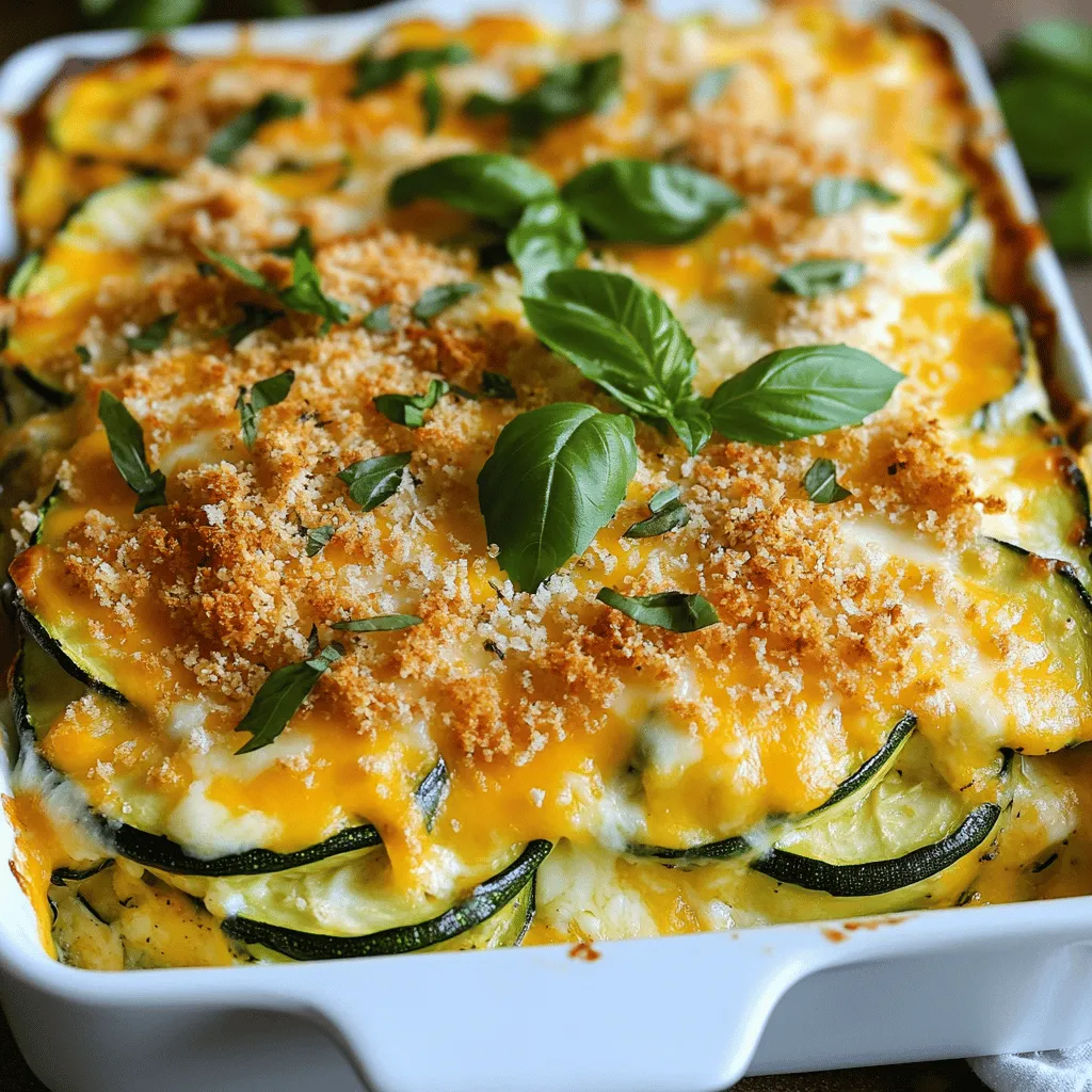 - 4 medium zucchinis, sliced - 1 cup shredded cheddar cheese - 1 cup shredded mozzarella cheese - ½ cup grated Parmesan cheese - 1 medium onion, chopped - 2 cloves garlic, minced - 2 large eggs, beaten - ½ cup unsweetened almond milk (or regular milk) - 1 cup breadcrumbs (preferably whole wheat) - 1 teaspoon dried oregano - 1 teaspoon Italian seasoning - Salt and pepper to taste - 2 tablespoons olive oil - Fresh herbs (like basil or parsley) for garnish When making Cheesy Zucchini Casserole, gather these fresh ingredients. Zucchini is the star. It brings a mild taste that absorbs flavors well. The cheeses add creaminess and richness. I love using cheddar and mozzarella for a gooey finish. Parmesan gives a nice salty kick. Chopped onion and minced garlic add depth. They create a fragrant base. The eggs bind everything together. Almond milk or regular milk keeps the casserole moist. Whole wheat breadcrumbs add a crunchy topping. You also need some spices. Oregano and Italian seasoning enhance the dish's flavor. Don't forget salt and pepper to taste. Fresh herbs make a lovely garnish. They brighten the dish visually and tastefully. - Large skillet - 9x13 inch baking dish - Mixing bowl - Oven Having the right tools makes cooking easier. A large skillet is perfect for sautéing the onion and zucchini. The 9x13 inch baking dish holds all the goodness. A mixing bowl is needed to combine the wet ingredients with the zucchini. Don't forget your oven for baking the casserole. For the full recipe, check out the details above. - Preheat the oven to 375°F (190°C). - In a large skillet, heat 2 tablespoons of olive oil over medium heat. - Add 1 medium chopped onion and 2 minced garlic cloves. Sauté until the onion is translucent. This takes about 4-5 minutes. - Next, slice 4 medium zucchinis. Add them to the skillet. Cook until slightly softened, which takes about 5-7 minutes. - Season with salt, pepper, 1 teaspoon of dried oregano, and 1 teaspoon of Italian seasoning. Remove from heat and let cool slightly. - In a large mixing bowl, combine 2 large beaten eggs and ½ cup of unsweetened almond milk. - Add half of your cheeses: 1 cup each of shredded cheddar and mozzarella. Mix well. - Now, fold in your sautéed zucchini mixture. Make sure everything is combined evenly for great flavor. - Grease a 9x13 inch baking dish to prevent sticking. - Pour your zucchini mixture into the dish, spreading it evenly. - Top with the remaining cheeses, ½ cup of grated Parmesan, and the other half of the cheddar and mozzarella. - Sprinkle 1 cup of breadcrumbs evenly over the top for added crunch. - Bake in the preheated oven for 25-30 minutes. You want it golden and bubbly. - Let it cool slightly before slicing. You can garnish with fresh herbs like basil or parsley if you like. For the full recipe, check out the details above! To avoid a watery casserole, start by salting the zucchini. Place the sliced zucchini in a colander and sprinkle salt on top. Let it sit for 15-20 minutes. This process helps draw out excess moisture. Afterward, rinse the zucchini and pat it dry with a paper towel. Remember, you want the zucchini to stay firm while cooking. For evenly distributing ingredients, mix them gently but thoroughly. When you combine the sautéed zucchini with the egg and cheese mixture, fold them together. This method ensures every bite is packed with flavor. Use a spatula to scrape the sides of the bowl, so nothing gets left behind. Cheese can change the taste and texture of your casserole. Try using gouda or pepper jack cheese for a twist. These cheeses add unique flavors and can make your dish stand out. If you prefer a crunchy topping, mix breadcrumbs with a little melted butter before sprinkling them on top. This creates a golden, crispy layer. For a creamy topping, use more cheese instead of breadcrumbs. A little extra mozzarella can make it rich and gooey. Adding spices or herbs can boost flavor immensely. Try adding a pinch of red pepper flakes for heat. Fresh herbs like basil or thyme also work well. These give your casserole a fresh, vibrant taste. You can also sneak in other vegetables. Spinach or bell peppers can add color and nutrition. Make sure to chop them finely so they blend well with the zucchini. This way, you enhance both the flavor and the health benefits of your dish. For the full recipe, check out the Cheesy Zucchini Casserole 🥒 section above. {{image_2}} If you need a gluten-free option, use gluten-free breadcrumbs. Many brands offer tasty alternatives that work well in casseroles. For a dairy-free dish, you can swap cheese for plant-based versions. Look for dairy-free cheese that melts well, like cashew or almond cheese. You can switch zucchini for other veggies in this dish. Try using yellow squash, eggplant, or bell peppers for different flavors. If you want to avoid eggs, use flaxseed meal or unsweetened applesauce as a binder. These swaps keep the texture nice while adding variety. Casseroles have many styles around the world. In Mexico, add spices like cumin and chili powder for a kick. In Italy, mix in some sun-dried tomatoes and Italian herbs for a twist. Each region has unique flavors to explore, making this dish truly versatile. For the full recipe, check out the full recipe section. After you bake the Cheesy Zucchini Casserole, let it cool a bit. This helps keep the texture just right. Once cool, store it in an airtight container. You can use glass or plastic containers. Make sure they have tight lids to keep moisture out. To reheat leftovers, I suggest the oven for the best results. Preheat the oven to 350°F (175°C). Place the casserole in a baking dish, cover it with foil, and heat for about 15-20 minutes. This keeps the cheese melty and the zucchini tender. If you need to use the microwave, heat it in short bursts of 1-2 minutes. Stir in between to ensure even heating. If you want to freeze the casserole, follow these steps: 1. Let the casserole cool completely. 2. Cut it into portions for easy serving. 3. Wrap each piece in plastic wrap and place it in a freezer bag. 4. Label the bag with the date. For the best taste, use it within 2-3 months. When ready to eat, let it thaw overnight in the fridge, then reheat as mentioned above. Cheesy Zucchini Casserole lasts up to five days in the fridge. Store it in an airtight container to keep it fresh. When you are ready to eat, just reheat it in the oven or microwave. Yes, you can make this casserole ahead of time. Prepare it and store it in the fridge for up to 24 hours before baking. This way, the flavors blend well. Just pop it in the oven when you are ready to serve. Salting the zucchini helps draw out excess moisture. This keeps the casserole from being too watery. After slicing the zucchini, sprinkle salt on it and let it sit for about 10-15 minutes. Rinse and dry before cooking. Using frozen zucchini is possible, but it may change the texture. Thaw the zucchini and drain excess water before adding it to the mix. Fresh zucchini usually gives a firmer bite, but frozen can work in a pinch. Cheesy Zucchini Casserole pairs well with many dishes. You can serve it with grilled chicken, a fresh salad, or even some crusty bread. It makes a great side dish or a main meal on its own. For the full recipe, check out the complete instructions above. The Cheesy Zucchini Casserole is easy to make and delicious. We covered the key ingredients, cooking steps, and helpful tips. You can customize it with different cheeses and veggies for your taste. Remember to store leftovers properly and follow our reheating tips to keep it tasty. Enjoy this healthy dish as a meal or side. Your family will love it, and it’s perfect for busy days.