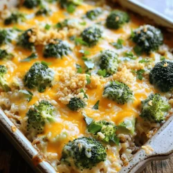Here’s what you need to make this tasty cheesy broccoli rice casserole: - 2 cups cooked brown rice - 2 cups fresh broccoli florets (steamed) - 1 cup sharp cheddar cheese, grated - 1 cup cream of mushroom soup (or a homemade version) - ½ cup milk - 1 cup onion, finely chopped - 2 cloves garlic, minced - ½ teaspoon paprika - ½ teaspoon garlic powder - Salt and pepper to taste - ½ cup breadcrumbs (for topping) - 2 tablespoons olive oil - Fresh parsley, chopped (for garnish) Each ingredient plays its part in creating a savory and creamy dish. The cooked brown rice gives the casserole a hearty base. Steamed broccoli adds color and nutrients. Sharp cheddar cheese melts beautifully and brings richness. The cream of mushroom soup binds everything together, while milk adds creaminess. Onions and garlic add depth of flavor, and paprika gives a little warmth. Breadcrumbs on top create a lovely crunch. The olive oil helps to sauté the onions and keeps things moist. Finally, fresh parsley brightens the dish with a pop of color. For the full recipe, check out the complete cooking process. Enjoy every bite! - Preheat your oven to 350°F (175°C). Grease a 9x13 inch baking dish with olive oil. - In a skillet, heat 2 tablespoons of olive oil over medium heat. - Add 1 cup of finely chopped onion and sauté until it turns translucent, about 5 minutes. - Add 2 cloves of minced garlic to the skillet. Cook for another minute until it smells good. - In a large bowl, combine 2 cups of cooked brown rice and 2 cups of steamed broccoli florets. - Add the sautéed onions and garlic, 1 cup of cream of mushroom soup, and ½ cup of milk. - Sprinkle in ½ teaspoon of paprika, ½ teaspoon of garlic powder, and some salt and pepper. - Mix all the ingredients well until everything is blended together. - Fold in half of the 1 cup of grated sharp cheddar cheese. Save the rest for later. - Pour the mixture into the prepared baking dish. Spread it out evenly. - Top with the reserved cheddar cheese and ½ cup of breadcrumbs for a nice crunch. - Bake in the preheated oven for 25-30 minutes, or until the top is golden brown. - Let it cool for a few minutes before serving. Garnish with chopped parsley for a pop of color. For the full recipe, check out the details provided above. To make sure your broccoli is perfectly steamed, start with fresh florets. Steam them for about 3-4 minutes. They should stay bright green and firm. Overcooking makes them mushy. Keep an eye on them while you prep the other ingredients. Sautéing onions adds great flavor. Use a medium heat to cook them until they turn translucent. This usually takes about 5 minutes. Add minced garlic right after. Cook it for just a minute. This makes your whole dish taste amazing. For serving, you can scoop the casserole directly from the baking dish. It looks nice that way. You can also serve individual portions on plates. A lemon wedge on the side adds a zesty touch. To elevate your dish, try adding some toppings. Fresh parsley is a great choice. It gives color and freshness. You could also sprinkle some extra cheese or crispy fried onions on top for more crunch. The Full Recipe has all the details you need to make this dish shine! {{image_2}} If you want to mix things up, try using quinoa or cauliflower rice instead of brown rice. Quinoa adds a nutty taste and boosts protein. Cauliflower rice is low in carbs and brings a light texture. Both options keep the dish healthy and tasty. For cheese, you can swap sharp cheddar for other types. Gruyère or mozzarella can work well too. Each cheese will change the flavor and texture. Experiment with what you have on hand! Seasonal vegetables can add color and taste. In spring, try adding asparagus or peas. In fall, you might like sweet potatoes or carrots. These veggies not only taste great but also boost nutrition. For a spicy twist, consider adding jalapeños or using pepper jack cheese. This adds heat and makes the dish exciting. Adjust the amount to fit your spice level. Enjoy these variations to keep your Cheesy Broccoli Rice Casserole fresh and fun! For the complete recipe, check out the Full Recipe. To keep your cheesy broccoli rice casserole fresh, first cool it down. Let it sit at room temperature for about 30 minutes. This step helps avoid condensation. Once cooled, transfer it to a container. Use airtight containers to keep moisture out. Glass or plastic containers work well. If you plan to store it for more than a few days, consider freezing it. Use freezer-safe containers for best results. This way, it stays tasty for up to three months. When it’s time to enjoy leftovers, reheating is key. For the best texture, use an oven. Preheat your oven to 350°F (175°C). Place the casserole in an oven-safe dish and cover it with foil. Bake for about 20 minutes. This helps reheat it evenly without drying it out. If you prefer the microwave, use a microwave-safe dish. Heat it in short bursts of 1-2 minutes. Stir it between intervals to ensure even heating. The cheese will melt nicely, bringing back that delicious flavor from the Full Recipe. How do I make the casserole gluten-free? To make it gluten-free, use gluten-free cream of mushroom soup. You can also swap the breadcrumbs for gluten-free ones. Always check labels to ensure all ingredients are gluten-free. Can I prepare this casserole ahead of time? Yes! You can prepare it a day in advance. Just mix all the ingredients and store them in the fridge. When you’re ready to bake, just pop it in the oven. What can I serve with cheesy broccoli rice casserole? This casserole pairs well with grilled chicken or a fresh salad. You can also serve it with crusty bread for a nice touch. How do I know when the casserole is done baking? The casserole is done when it is golden brown on top. You can also check if it's heated through by inserting a knife in the center. If it comes out hot, it’s ready! What are the nutritional benefits of broccoli? Broccoli is packed with vitamins C and K. It also has fiber, which is good for digestion. Eating broccoli can help boost your immune system, too! How can I reduce calories in this recipe? To cut calories, use less cheese or a lighter cheese option. You can also use less cream of mushroom soup or a low-fat version. This blog post covered an easy cheesy broccoli rice casserole recipe. We explored the ingredients, preparation steps, and baking tips to help you succeed. You learned how to store leftovers and reheat them for the best taste. Remember to customize the recipe with seasonal veggies or different cheeses for variety. Whether it’s a family dinner or a potluck, this dish satisfies everyone. Enjoy cooking and sharing this delightful casserole that brings comfort to your table. Embrace the joy of cooking!