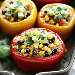 - 4 large bell peppers (any color) - 1 cup quinoa, rinsed - 2 cups vegetable broth - 1 can (15 oz) black beans, rinsed and drained - 1 cup corn (fresh or frozen) - 1 medium onion, chopped - 2 cloves garlic, minced - 1 tsp cumin - 1 tsp smoked paprika - 1 tsp chili powder - Salt and pepper to taste - 1 cup diced tomatoes (canned or fresh) - 1 avocado, diced (for topping) - Fresh cilantro, chopped (for garnish) I love using fresh bell peppers for this dish. They add color and crunch. You can pick any color you like, whether it’s red, yellow, or green. Each has its own taste, but all work well! Quinoa serves as the base of our filling. It’s rich in protein and very filling. Rinsing it helps remove any bitter taste. Cooking it in vegetable broth makes it extra flavorful. Black beans add great texture and protein. They mix well with corn, which brings sweetness. Both are staples in many dishes, making them perfect for these peppers. Chopped onions and minced garlic bring a lovely aroma and depth of flavor. For seasoning, cumin, smoked paprika, and chili powder are key. They create that warm, earthy taste. Don’t forget salt and pepper to balance all the flavors. Finally, diced tomatoes add moisture and brightness to the filling. Topping with creamy avocado and fresh cilantro adds a special touch. All these ingredients come together in the full recipe, creating a savory and nutritious meal. - Preheat the oven to 375°F (190°C). - Cut the tops off the bell peppers and remove seeds and membranes. - Bring vegetable broth to a boil and cook quinoa. - Sauté onion and garlic until translucent. - Mix in black beans, corn, and seasonings. - Stir in cooked quinoa and diced tomatoes. - Stuff bell peppers and bake covered. - Remove foil and bake until tender. For the full recipe, be sure to check the details provided. Each step is simple and easy to follow, making this dish perfect for anyone wanting a hearty meal. Enjoy the bright colors and rich flavors of these vegan stuffed bell peppers! - Ensure quinoa is well-cooked for best texture. It should be light and fluffy. - Don’t overstuff the peppers to avoid spilling. Leave some room for the filling to expand. - Consider adding nutritional yeast for a cheesy flavor. It brings a nice depth to the dish. - Experiment with different spices or herbs for variety. Try adding oregano or basil for a twist. - Serve with a side salad for a complete meal. A fresh salad pairs well with the stuffed peppers. - Use a squeeze of lime juice for added freshness. It brightens the flavors and adds a nice touch. {{image_2}} You can easily swap out some ingredients in this recipe. If you don’t have quinoa, try rice or couscous instead. Both options offer a nice texture and will hold the flavors well. You can also mix up the beans. Kidney or pinto beans work great if you want a different taste. Each bean adds its unique twist to the dish. To spice things up, consider adding diced jalapeños for heat. This adds a kick that wakes up your taste buds. If you prefer a more Mediterranean vibe, use Italian herbs like oregano and basil. They add a fresh taste that pairs well with the sweet peppers. You can really play with flavors to suit your mood! For cheese lovers, there are great vegan options to explore. Try cashew cheese for a creamy texture. If you want convenience, grab some store-bought vegan cheese. It melts beautifully and adds a delicious layer of flavor. Don’t forget to top your stuffed peppers with a vegan cheese sauce before baking. It gives a rich finish that makes the dish even more delightful. For the full recipe and to get started, check out the [Full Recipe]. Store your vegan stuffed bell peppers in an airtight container for up to 4 days. This keeps them fresh and ready to eat. The flavors will deepen as they sit, making them even tastier. For convenience, freeze the stuffed peppers before baking. This way, you can enjoy a quick meal later. Just thaw them overnight in the fridge before baking. This method helps maintain their texture and flavor. To reheat, use the oven for the best texture. Simply place them in a baking dish at 350°F (175°C) until warmed through. If you need a quick meal, you can microwave them. Just be sure to cover them to keep them moist while heating. Enjoy your meal without the fuss! Peppers should be tender but still holding their shape. You can test them with a fork. If they poke easily, they are done. The skin may wrinkle a bit, but that’s fine. This texture means the peppers are soft and ready to eat. Yes, you can prepare them a day in advance and refrigerate before baking. Just cover them tightly with foil or plastic wrap. When you are ready to cook, remove the cover and bake as directed. This saves time on busy days. You can replace it with any grain such as rice or bulgur. Both options work well and will still give a nice texture. Just ensure to cook them according to their specific instructions before mixing with the other ingredients. Yes, this recipe is naturally gluten-free since it uses quinoa and rice. You can enjoy these stuffed peppers without worrying about gluten. Always check your ingredients to ensure they are gluten-free, especially canned items. Pair with a light salad or enjoy with bulgur or quinoa as a side. A crisp green salad adds freshness to the meal. You can also serve it with a drizzle of lime juice for a zesty kick. For the full recipe, check out the detailed instructions. In this article, we explored how to make delicious stuffed bell peppers. We covered the main ingredients, cooking steps, and helpful tips. You can customize these peppers with various grains, beans, or spices. Whether you are making them for a meal or freezing for later, they are simple and tasty. Enjoy mixing flavors and make this dish your own. With easy storage and reheating options, delicious meals are always within reach. Now, it’s your turn to try this recipe!