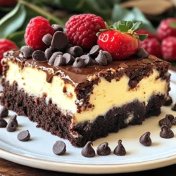 - 1 cup granulated sugar - 1/2 cup unsalted butter, melted - 2 large eggs - 1 teaspoon vanilla extract - 1/3 cup unsweetened cocoa powder - 1/2 cup all-purpose flour - 1/4 teaspoon salt - 1/4 teaspoon baking powder - 16 oz cream cheese, softened - 1/2 cup granulated sugar - 2 large eggs - 1 teaspoon vanilla extract - 1/4 cup sour cream - 1/2 cup chocolate chips (optional) The brownie base gives this dessert a rich, fudgy flavor. I love how the layers blend together. The cheesecake layer is creamy and smooth. It adds a nice contrast to the brownie. Making sure your ingredients are fresh is key. Room temperature cream cheese mixes better. It helps create a smoother cheesecake. Use good quality chocolate chips for the best flavor. This recipe is great for sharing. You can impress your friends with this treat. For the full recipe, check out the link provided. Enjoy your baking! - Preheat your oven to 350°F (175°C). - Grease or line a 9-inch springform pan with parchment paper. This step helps your cake come out easily. - In a medium bowl, combine melted butter and sugar. Mix well until blended. - Incorporate eggs and vanilla, stirring until smooth. - In another bowl, mix dry ingredients: cocoa powder, flour, salt, and baking powder. - Gradually add the dry ingredients to the wet mixture. Stir until just combined. - Pour the brownie batter into the prepared springform pan. Spread it evenly across the bottom. - In a large bowl, beat cream cheese and sugar until smooth. This makes the cheesecake creamy. - Add eggs one at a time, mixing well after each addition. - Stir in vanilla and sour cream until fully combined. - If you like, fold in chocolate chips for extra flavor. - Pour the cheesecake mixture over the brownie layer in the pan. Spread the top smooth with a spatula. - Bake for 45-50 minutes. The center should be set with a slight jiggle. - Turn off the oven and crack the door. Let the cheesecake cool inside for 1 hour. This helps prevent cracks. - After cooling, refrigerate for at least 4 hours or overnight. - When ready, remove the sides of the springform pan carefully. - Slice the cheesecake with a hot, dry knife for clean edges. Enjoy your delicious brownie cheesecake delight! For the complete process and ingredient details, check the Full Recipe. To get a great brownie cheesecake, use room temperature ingredients. This helps them mix well. Cold ingredients can lead to lumps in the batter. Next, avoid overmixing. Mix just until you see no dry flour. Overmixing can make your cheesecake dense and tough. To keep your cheesecake smooth, cool it down slowly. After baking, turn off the oven and crack open the door. Let it sit for about an hour. This helps reduce sudden temperature changes that cause cracks. Also, bake at the right heat. Too hot can crack the top, while too cool may leave it undercooked. Make your dessert shine with simple garnishes. Drizzle warm chocolate sauce on top for a sweet touch. Use fresh berries, like strawberries or blueberries, for color and flavor. Place them on top right before serving. This adds freshness and makes it look beautiful. For more ideas, check out the Full Recipe for extra tips! {{image_2}} You can change the taste of your brownie cheesecake by adding different extracts. Almond extract gives a sweet, nutty taste. Mint extract adds a fresh, cool flavor. Each extract can transform the whole dessert. You can also try using different types of chocolate. Dark chocolate adds a rich, bold flavor, while white chocolate makes it sweet and creamy. Mixing these chocolates can create a unique taste that suits your palate. If you need a gluten-free option, use almond flour or gluten-free flour for the brownie base. This keeps it tasty while meeting dietary needs. For a vegan version, substitute eggs with flaxseed meal mixed with water. Swap cream cheese for a vegan cream cheese or blended silken tofu. This way, everyone can enjoy your delicious brownie cheesecake. You can create a beautiful marbled effect in your cheesecake by swirling in different flavors. Try adding peanut butter or fruit purees to the cheesecake layer before baking. This not only looks great but adds fun flavors too. You can also add nuts or fruit pieces to the batter. Chopped walnuts or pecans add crunch. Fresh raspberries or cherries can bring a burst of flavor. These simple add-ins make your dessert even more special. For the complete recipe, check out the Full Recipe section. To keep your brownie cheesecake fresh, store it in the fridge. Use an airtight container to avoid drying out. This will help keep the flavors rich and the texture smooth. I recommend wrapping the cheesecake with plastic wrap before placing it in a container. This extra layer prevents any odors from other foods in the fridge. You can freeze your brownie cheesecake for long-term storage. First, let it cool completely in the fridge. Next, wrap it tightly in plastic wrap. Then, place it in a freezer-safe container. This keeps it fresh and prevents freezer burn. When you are ready to serve, take it out of the freezer. Place it in the fridge to thaw overnight. This slow thawing keeps the texture creamy. If you need it faster, you can leave it at room temperature for about two hours. Just be careful not to let it sit out too long, as it can get too soft. Enjoy the deliciousness! Brownie cheesecake stays fresh for about 5 to 7 days in the fridge. To keep it tasty, store it in an airtight container. This helps prevent it from drying out or absorbing other fridge odors. If you want to make it last longer, you can freeze it. Yes, you can make brownie cheesecake ahead of time. It's perfect for meal prep! I recommend making it up to three days in advance. Just cool it completely before placing it in the fridge. This gives the flavors more time to develop, making it even more delicious! If you need a cream cheese substitute, try using Greek yogurt or a vegan cream cheese. Both options work well. Greek yogurt adds a tangy flavor, while vegan cream cheese is perfect for dairy-free diets. You can also use silken tofu for a lower-calorie option. This blog post walks you through making a delicious brownie cheesecake. We covered ingredients, step-by-step instructions, tips for texture, and variations. You learned how to store this treat for later enjoyment, plus how to answer common questions. By following these steps, you can create a dessert that will impress your friends and family. Enjoy making this tasty recipe and have fun experimenting with flavors!