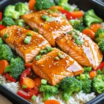 To make this dish, you will need the following ingredients: - 4 salmon fillets - ¼ cup teriyaki sauce (store-bought or homemade) - 1 tablespoon honey - 2 teaspoons sesame oil - 2 cups broccoli florets - 1 red bell pepper, sliced - 1 cup carrots, sliced - 1 tablespoon olive oil - 1 tablespoon sesame seeds - 3 green onions, chopped - Salt and pepper to taste - Cooked jasmine rice for serving (optional) These ingredients come together to create a delicious and colorful meal. The salmon provides healthy fats, while the veggies add crunch and vitamins. This dish is not only tasty but also healthy. Each serving has around: - Calories: 350 - Protein: 30g - Fat: 15g - Carbohydrates: 25g - Fiber: 4g The salmon gives you protein and omega-3s. The veggies bring in fiber and vitamins. If you need to swap some items, here are some ideas: - Use chicken or tofu instead of salmon for a different protein. - Try different veggies like snap peas, zucchini, or asparagus. - Maple syrup can replace honey for a vegan option. - Use avocado oil instead of sesame oil for a milder flavor. These swaps keep the dish fresh and fun while still being healthy. For the full recipe, visit the complete section. Start by gathering all your ingredients. This makes cooking easier and faster. Preheat your oven to 400°F (200°C). In a small bowl, mix the teriyaki sauce, honey, and sesame oil. This will create a tasty marinade. Take a large baking sheet and place the salmon fillets in the center. Season them with salt and pepper for flavor. Pour half of the teriyaki marinade over the salmon. Set aside the rest for later. Next, prepare your vegetables. In a separate bowl, toss the broccoli, red bell pepper, and carrots with olive oil, salt, and pepper. Make sure they are well coated. Spread these vegetables around the salmon on the baking sheet. Now it's time to cook! Place the baking sheet in the preheated oven. Bake for about 15-18 minutes. The salmon should be cooked through and flake easily with a fork when done. In the last 5 minutes, brush the remaining teriyaki marinade over the salmon and vegetables. This adds a burst of flavor. Keep an eye on the salmon while it bakes. If you're unsure, check it at 15 minutes. Use a fork to test if it flakes easily. For the best taste, sprinkle sesame seeds and chopped green onions over the dish once it's out of the oven. You can serve this with cooked jasmine rice if you like. For the full recipe, visit the section above. Enjoy your delicious One Pan Baked Teriyaki Salmon! To get perfectly cooked salmon, watch the time closely. Bake the salmon for 15 to 18 minutes. It should flake easily with a fork when done. If you want it medium-rare, aim for 12 to 14 minutes. Always check the thickest part of the fillet. Use a meat thermometer if you like. The internal temperature should be 145°F (63°C). Let it rest for a few minutes before serving. This helps keep it moist and juicy. Marinades make a big difference in flavor. For this dish, you mix teriyaki sauce, honey, and sesame oil. Let the salmon soak in the marinade for at least 30 minutes. If you have more time, let it marinate longer in the fridge. This allows the flavors to soak in deeply. Always reserve some marinade to brush on later. Adding it during the last minutes of baking boosts flavor. To enhance flavor, sprinkle sesame seeds and green onions on top. This adds a nice crunch and freshness. For more color, consider adding sliced bell peppers or carrots. These vegetables not only taste great but also look beautiful. Serve the salmon with cooked jasmine rice for a full meal. The rice soaks up the extra teriyaki sauce, making it even better. You can find the full recipe for One Pan Baked Teriyaki Salmon above. {{image_2}} You can change the veggies in this dish to fit your taste. Try using snap peas, asparagus, or zucchini. Each of these options adds a different flavor and texture. You can also mix in some mushrooms for an earthy taste. Just remember to cut them into similar sizes, so they cook evenly. Salmon is great, but you can use other proteins too. Chicken breasts or thighs work well with teriyaki sauce. If you prefer seafood, shrimp or even tofu can replace salmon. Be sure to adjust cooking times. Tofu needs a bit longer to soak up the sauce, while shrimp cooks faster. To make this dish gluten-free, choose a gluten-free teriyaki sauce. Many brands offer this option. You can also skip the honey or use a sugar substitute for a low-carb version. Instead of rice, serve the salmon with cauliflower rice for a lighter meal. This keeps the flavors while cutting down on carbs. For the full recipe, check out the detailed instructions above. To store your leftover One Pan Baked Teriyaki Salmon, let it cool first. Place the salmon and vegetables in an airtight container. You can keep it in the fridge for up to three days. Make sure to separate the rice if you use any. This will keep it from getting soggy. When you're ready to enjoy your leftovers, preheat your oven to 350°F (175°C). Place the salmon and veggies on a baking sheet. Cover them with foil to keep them moist. Heat for about 10-15 minutes. You can also use a microwave. Just warm it for 1-2 minutes, but it may not taste as fresh. If you want to freeze your salmon, do it right after it cools. Wrap each piece tightly in plastic wrap, then place it in a freezer bag. Remove as much air as possible. It will last in the freezer for up to two months. To thaw, move it to the fridge for a few hours or overnight. This way, you can enjoy great flavor later! Baking salmon usually takes about 15 to 18 minutes. The exact time depends on the thickness of the fillets. A good way to tell if it is done is when it flakes easily with a fork. Cooking at 400°F (200°C) works best for this dish. Yes, you can use frozen salmon. Just remember to thaw it first. Thawing allows the salmon to cook evenly. You can leave it in the fridge overnight or run it under cold water for a quick thaw. One Pan Baked Teriyaki Salmon pairs well with several sides. You can serve it with cooked jasmine rice for a complete meal. Roasted vegetables or a fresh salad also make great options. These sides add texture and flavor to your plate. For the full recipe, check out the detailed instructions above! This blog post covered everything you need to know about One Pan Baked Teriyaki Salmon. We explored the ingredients, nutritional facts, and substitutions you can use. You learned step-by-step how to prepare, cook, and bake salmon perfectly. We also shared tips for marinades, flavor, and presentation. Plus, we looked at variations, storage, and answered common questions. With this information, you can enjoy delicious salmon any night. Cook smart and savor every bite!