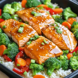 To make this dish, you will need the following ingredients: - 4 salmon fillets - 1/4 cup teriyaki sauce (store-bought or homemade) - 1 tablespoon honey - 2 teaspoons sesame oil - 2 cups broccoli florets - 1 red bell pepper, sliced - 1 cup carrots, sliced - 1 tablespoon olive oil - 1 tablespoon sesame seeds - 3 green onions, chopped - Salt and pepper to taste - Cooked jasmine rice for serving (optional) These ingredients come together to create a delicious and colorful meal. The salmon provides healthy fats, while the veggies add crunch and vitamins. This dish is not only tasty but also healthy. Each serving has around: - Calories: 350 - Protein: 30g - Fat: 15g - Carbohydrates: 25g - Fiber: 4g The salmon gives you protein and omega-3s. The veggies bring in fiber and vitamins. If you need to swap some items, here are some ideas: - Use chicken or tofu instead of salmon for a different protein. - Try different veggies like snap peas, zucchini, or asparagus. - Maple syrup can replace honey for a vegan option. - Use avocado oil instead of sesame oil for a milder flavor. These swaps keep the dish fresh and fun while still being healthy. For the full recipe, visit the complete section. Start by gathering all your ingredients. This makes cooking easier and faster. Preheat your oven to 400°F (200°C). In a small bowl, mix the teriyaki sauce, honey, and sesame oil. This will create a tasty marinade. Take a large baking sheet and place the salmon fillets in the center. Season them with salt and pepper for flavor. Pour half of the teriyaki marinade over the salmon. Set aside the rest for later. Next, prepare your vegetables. In a separate bowl, toss the broccoli, red bell pepper, and carrots with olive oil, salt, and pepper. Make sure they are well coated. Spread these vegetables around the salmon on the baking sheet. Now it's time to cook! Place the baking sheet in the preheated oven. Bake for about 15-18 minutes. The salmon should be cooked through and flake easily with a fork when done. In the last 5 minutes, brush the remaining teriyaki marinade over the salmon and vegetables. This adds a burst of flavor. Keep an eye on the salmon while it bakes. If you're unsure, check it at 15 minutes. Use a fork to test if it flakes easily. For the best taste, sprinkle sesame seeds and chopped green onions over the dish once it's out of the oven. You can serve this with cooked jasmine rice if you like. For the full recipe, visit the section above. Enjoy your delicious One Pan Baked Teriyaki Salmon! To get perfectly cooked salmon, watch the time closely. Bake the salmon for 15 to 18 minutes. It should flake easily with a fork when done. If you want it medium-rare, aim for 12 to 14 minutes. Always check the thickest part of the fillet. Use a meat thermometer if you like. The internal temperature should be 145°F (63°C). Let it rest for a few minutes before serving. This helps keep it moist and juicy. Marinades make a big difference in flavor. For this dish, you mix teriyaki sauce, honey, and sesame oil. Let the salmon soak in the marinade for at least 30 minutes. If you have more time, let it marinate longer in the fridge. This allows the flavors to soak in deeply. Always reserve some marinade to brush on later. Adding it during the last minutes of baking boosts flavor. To enhance flavor, sprinkle sesame seeds and green onions on top. This adds a nice crunch and freshness. For more color, consider adding sliced bell peppers or carrots. These vegetables not only taste great but also look beautiful. Serve the salmon with cooked jasmine rice for a full meal. The rice soaks up the extra teriyaki sauce, making it even better. You can find the full recipe for One Pan Baked Teriyaki Salmon above. {{image_2}} You can change the veggies in this dish to fit your taste. Try using snap peas, asparagus, or zucchini. Each of these options adds a different flavor and texture. You can also mix in some mushrooms for an earthy taste. Just remember to cut them into similar sizes, so they cook evenly. Salmon is great, but you can use other proteins too. Chicken breasts or thighs work well with teriyaki sauce. If you prefer seafood, shrimp or even tofu can replace salmon. Be sure to adjust cooking times. Tofu needs a bit longer to soak up the sauce, while shrimp cooks faster. To make this dish gluten-free, choose a gluten-free teriyaki sauce. Many brands offer this option. You can also skip the honey or use a sugar substitute for a low-carb version. Instead of rice, serve the salmon with cauliflower rice for a lighter meal. This keeps the flavors while cutting down on carbs. For the full recipe, check out the detailed instructions above. To store your leftover One Pan Baked Teriyaki Salmon, let it cool first. Place the salmon and vegetables in an airtight container. You can keep it in the fridge for up to three days. Make sure to separate the rice if you use any. This will keep it from getting soggy. When you're ready to enjoy your leftovers, preheat your oven to 350°F (175°C). Place the salmon and veggies on a baking sheet. Cover them with foil to keep them moist. Heat for about 10-15 minutes. You can also use a microwave. Just warm it for 1-2 minutes, but it may not taste as fresh. If you want to freeze your salmon, do it right after it cools. Wrap each piece tightly in plastic wrap, then place it in a freezer bag. Remove as much air as possible. It will last in the freezer for up to two months. To thaw, move it to the fridge for a few hours or overnight. This way, you can enjoy great flavor later! Baking salmon usually takes about 15 to 18 minutes. The exact time depends on the thickness of the fillets. A good way to tell if it is done is when it flakes easily with a fork. Cooking at 400°F (200°C) works best for this dish. Yes, you can use frozen salmon. Just remember to thaw it first. Thawing allows the salmon to cook evenly. You can leave it in the fridge overnight or run it under cold water for a quick thaw. One Pan Baked Teriyaki Salmon pairs well with several sides. You can serve it with cooked jasmine rice for a complete meal. Roasted vegetables or a fresh salad also make great options. These sides add texture and flavor to your plate. For the full recipe, check out the detailed instructions above! This blog post covered everything you need to know about One Pan Baked Teriyaki Salmon. We explored the ingredients, nutritional facts, and substitutions you can use. You learned step-by-step how to prepare, cook, and bake salmon perfectly. We also shared tips for marinades, flavor, and presentation. Plus, we looked at variations, storage, and answered common questions. With this information, you can enjoy delicious salmon any night. Cook smart and savor every bite!